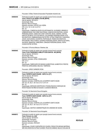 MARCAS - RPI 2246 de 21/01/2014

135

Procurador: Di Blasi, Parente & Associados Propriedade Industrial Ltda.
840668350

Publicação de pedido de registro para oposição (exame formal concluído)
Titular: ATELIE CLAU VIEIRA LTDA ME [BR/PR]
Data de depósito: 08/10/2013
Apresentação: Mista
Natureza: Marca de Serviço
Elemento nominativo: ATELIÊ CLAU VIEIRA
CFE: 2.5.3, 18.1.5, 26.1.2 e 27.5.1
NCL: 35
Especificação: COMERCIALIZAÇÃO DE ARTESANATOS, SUVENIRES, BRINDES E
LEMBRANCINHAS TAIS COMO: BIJUTERIAS, CANECAS DECORATIVAS, CAIXAS
PERSONALIZADAS, CANECA DE CHOP, CONVITES, BAÚS, CABIDES, CESTAS,
ENFEITE DE MESA, FOTO DE ENFEITE, GULOSEIMAS PERSONALIZADAS, KITS
DECORATIVOS, LEMBRANCINHAS EM FELTRO, LETRAS TEMATICAS, CHAVEIROS,
JOGOS, SACOLINHAS, CACHEPOS, PORTA BALAS, PAINEIS DECORATIVOS,
PATCHWORK, PIRULITEIROS, QUADROS PERSONALIZADOS, ENFEITE DE PORTA,
SALEIROS, BANDEJAS, FAMACINHA, COMODAS PERSONALIZADAS, PORTA
CHAVES ENTRE OUTROS.
Procurador: A Provincia Marcas e Patentes Ltda.

840668465

Publicação de pedido de registro para oposição (exame formal concluído)
Titular: ELSA THEREZINHA CAMILOTTI DOS SANTOS - ME [BR/RS]
Data de depósito: 08/10/2013
Apresentação: Mista
Natureza: Marca de Produto
Elemento nominativo: DITALI CONGELADOS
CFE: 27.5.1
NCL: 30
Especificação: FABRICAÇÃO DE MASSAS ALIMENTÍCIAS, ALIMENTOS E PRATOS
PRONTOS, ESPECIARIAS, MOLHOS, TEMPEROS.
Procurador: JORGE CARNEIRO ROSA

840668856

Publicação de pedido de registro para oposição (exame formal concluído)
Titular: ESPÍRITO SANTO SAÚDE - SGPS, S.A. [PT]
Data de depósito: 08/10/2013
Apresentação: Mista
Natureza: Marca de Serviço
Elemento nominativo: HOSPITAL DA LUZ ESPÍRITO SANTO SAÚDE
CFE: 26.1.24, 26.2.7, 26.13.25, 27.5.1 e 27.5.10
NCL: 42
Especificação: SERVIÇOS CIENTÍFICOS E TECNOLÓGICOS E SERVIÇOS DE
INVESTIGAÇÃO NA ÁREA DA SAÚDE E CUIDADOS MÉDICOS.
Procurador: Do Nascimento Souza Advogados

840668864

Publicação de pedido de registro para oposição (exame formal concluído)
Titular: ESPÍRITO SANTO SAÚDE - SGPS, S.A. [PT]
Data de depósito: 08/10/2013
Apresentação: Mista
Natureza: Marca de Serviço
Elemento nominativo: HOSPITAL DA LUZ ESPÍRITO SANTO SAÚDE
CFE: 26.1.24, 26.2.7, 26.13.25, 27.5.1 e 27.5.10
NCL: 35
Especificação: GESTÃO E ADMINISTRAÇÃO DE UNIDADES DE SAÚDE.
Procurador: Do Nascimento Souza Advogados

840668872

Publicação de pedido de registro para oposição (exame formal concluído)
Titular: Eminent, Inc. [US]
Data de depósito: 08/10/2013
Apresentação: Nominativa
Natureza: Marca de Produto
Elemento nominativo: REVOLVE
NCL: 18
Especificação: COURO E IMITAÇÕES DE COUROS, PRODUTOS NESSAS MATÉRIAS
NÃO INCLUÍDOS EM OUTRAS CLASSES; PELES DE ANIMAIS; MALAS E BOLSAS DE

REVOLVE

 