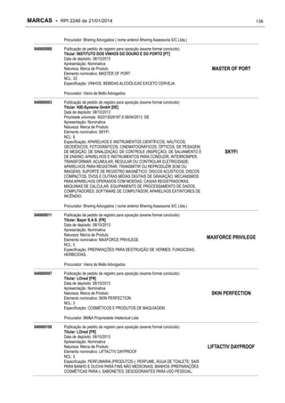 MARCAS - RPI 2246 de 21/01/2014

138

Procurador: Bhering Advogados ( nome anterior Bhering Assessoria S/C Ltda.)
840668988

Publicação de pedido de registro para oposição (exame formal concluído)
Titular: INSTITUTO DOS VINHOS DO DOURO E DO PORTO [PT]
Data de depósito: 08/10/2013
Apresentação: Nominativa
Natureza: Marca de Produto
Elemento nominativo: MASTER OF PORT
NCL: 33
Especificação: VINHOS; BEBIDAS ALCOÓLICAS EXCETO CERVEJA.

MASTER OF PORT

Procurador: Vieira de Mello Advogados
840669003

Publicação de pedido de registro para oposição (exame formal concluído)
Titular: KID-Systeme GmbH [DE]
Data de depósito: 08/10/2013
Prioridade unionista: 302013026187.9 08/04/2013 DE
Apresentação: Nominativa
Natureza: Marca de Produto
Elemento nominativo: SKYFi
NCL: 9
Especificação: APARELHOS E INSTRUMENTOS CIENTÍFICOS, NÁUTICOS,
GEODÉSICOS, FOTOGRÁFICOS, CINEMATOGRÁFICOS, ÓPTICOS, DE PESAGEM,
DE MEDIÇÃO, DE SINALIZAÇÃO, DE CONTROLE (INSPEÇÃO), DE SALVAMENTO E
DE ENSINO; APARELHOS E INSTRUMENTOS PARA CONDUZIR, INTERROMPER,
TRANSFORMAR, ACUMULAR, REGULAR OU CONTROLAR ELETRICIDADE;
APARELHOS PARA REGISTRAR, TRANSMITIR OU REPRODUZIR SOM OU
IMAGENS; SUPORTE DE REGISTRO MAGNÉTICO, DISCOS ACÚSTICOS; DISCOS
COMPACTOS, DVDS E OUTRAS MÍDIAS DIGITAIS DE GRAVAÇÃO; MECANISMOS
PARA APARELHOS OPERADOS COM MOEDAS; CAIXAS REGISTRADORAS,
MÁQUINAS DE CALCULAR, EQUIPAMENTO DE PROCESSAMENTO DE DADOS,
COMPUTADORES; SOFTWARE DE COMPUTADOR; APARELHOS EXTINTORES DE
INCÊNDIO.

SKYFi

Procurador: Bhering Advogados ( nome anterior Bhering Assessoria S/C Ltda.)
840669011

Publicação de pedido de registro para oposição (exame formal concluído)
Titular: Bayer S.A.S. [FR]
Data de depósito: 08/10/2013
Apresentação: Nominativa
Natureza: Marca de Produto
Elemento nominativo: MAXFORCE PRIVILEGE
NCL: 5
Especificação: PREPARAÇÕES PARA DESTRUIÇÃO DE VERMES; FUNGICIDAS,
HERBICIDAS.

MAXFORCE PRIVILEGE

Procurador: Vieira de Mello Advogados
840669097

Publicação de pedido de registro para oposição (exame formal concluído)
Titular: LOreal [FR]
Data de depósito: 08/10/2013
Apresentação: Nominativa
Natureza: Marca de Produto
Elemento nominativo: SKIN PERFECTION
NCL: 3
Especificação: COSMÉTICOS E PRODUTOS DE MAQUIAGEM.

SKIN PERFECTION

Procurador: BM&A Propriedade Intelectual Ltda
840669100

Publicação de pedido de registro para oposição (exame formal concluído)
Titular: LOreal [FR]
Data de depósito: 08/10/2013
Apresentação: Nominativa
Natureza: Marca de Produto
Elemento nominativo: LIFTACTIV DAYPROOF
NCL: 3
Especificação: PERFUMARIA (PRODUTOS-); PERFUME, ÁGUA DE TOALETE; SAIS
PARA BANHO E DUCHA PARA FINS NÃO MEDICINAIS; BANHOS (PREPARAÇÕES
COSMÉTICAS PARA-); SABONETES; DESODORANTES PARA USO PESSOAL;

LIFTACTIV DAYPROOF

 