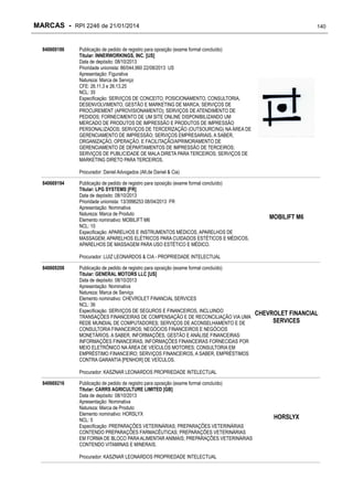 MARCAS - RPI 2246 de 21/01/2014
840669186

140

Publicação de pedido de registro para oposição (exame formal concluído)
Titular: INNERWORKINGS, INC. [US]
Data de depósito: 08/10/2013
Prioridade unionista: 86/044,960 22/08/2013 US
Apresentação: Figurativa
Natureza: Marca de Serviço
CFE: 26.11.3 e 26.13.25
NCL: 35
Especificação: SERVIÇOS DE CONCEITO, POSICIONAMENTO, CONSULTORIA,
DESENVOLVIMENTO, GESTÃO E MARKETING DE MARCA; SERVIÇOS DE
PROCUREMENT (APROVISIONAMENTO); SERVIÇOS DE ATENDIMENTO DE
PEDIDOS; FORNECIMENTO DE UM SITE ONLINE DISPONIBILIZANDO UM
MERCADO DE PRODUTOS DE IMPRESSÃO E PRODUTOS DE IMPRESSÃO
PERSONALIZADOS; SERVIÇOS DE TERCERIZAÇÃO (OUTSOURCING) NA ÁREA DE
GERENCIAMENTO DE IMPRESSÃO; SERVIÇOS EMPRESARIAIS, A SABER,
ORGANIZAÇÃO, OPERAÇÃO, E FACILITAÇÃO/APRIMORAMENTO DE
GERENCIAMENTO DE DEPARTAMENTOS DE IMPRESSÃO DE TERCEIROS;
SERVIÇOS DE PUBLICIDADE DE MALA DIRETA PARA TERCEIROS; SERVIÇOS DE
MARKETING DIRETO PARA TERCEIROS.
Procurador: Daniel Advogados (Alt.de Daniel & Cia)

840669194

Publicação de pedido de registro para oposição (exame formal concluído)
Titular: LPG SYSTEMS [FR]
Data de depósito: 08/10/2013
Prioridade unionista: 13/3996253 08/04/2013 FR
Apresentação: Nominativa
Natureza: Marca de Produto
Elemento nominativo: MOBILIFT M6
NCL: 10
Especificação: APARELHOS E INSTRUMENTOS MÉDICOS, APARELHOS DE
MASSAGEM, APARELHOS ELÉTRICOS PARA CUIDADOS ESTÉTICOS E MÉDICOS,
APARELHOS DE MASSAGEM PARA USO ESTÉTICO E MÉDICO.

MOBILIFT M6

Procurador: LUIZ LEONARDOS & CIA - PROPRIEDADE INTELECTUAL
840669208

Publicação de pedido de registro para oposição (exame formal concluído)
Titular: GENERAL MOTORS LLC [US]
Data de depósito: 08/10/2013
Apresentação: Nominativa
Natureza: Marca de Serviço
Elemento nominativo: CHEVROLET FINANCIAL SERVICES
NCL: 36
Especificação: SERVIÇOS DE SEGUROS E FINANCEIROS, INCLUINDO
TRANSAÇÕES FINANCEIRAS DE COMPENSAÇÃO E DE RECONCILIAÇÃO VIA UMA
REDE MUNDIAL DE COMPUTADORES; SERVIÇOS DE ACONSELHAMENTO E DE
CONSULTORIA FINANCEIROS; NEGÓCIOS FINANCEIROS E NEGÓCIOS
MONETÁRIOS, A SABER, INFORMAÇÕES, GESTÃO E ANÁLISE FINANCEIRAS:
INFORMAÇÕES FINANCEIRAS; INFORMAÇÕES FINANCEIRAS FORNECIDAS POR
MEIO ELETRÔNICO NA ÁREA DE VEÍCULOS MOTORES; CONSULTORIA EM
EMPRÉSTIMO FINANCEIRO; SERVIÇOS FINANCEIROS, A SABER, EMPRÉSTIMOS
CONTRA GARANTIA [PENHOR] DE VEÍCULOS.

CHEVROLET FINANCIAL
SERVICES

Procurador: KASZNAR LEONARDOS PROPRIEDADE INTELECTUAL
840669216

Publicação de pedido de registro para oposição (exame formal concluído)
Titular: CARRS AGRICULTURE LIMITED [GB]
Data de depósito: 08/10/2013
Apresentação: Nominativa
Natureza: Marca de Produto
Elemento nominativo: HORSLYX
NCL: 5
Especificação: PREPARAÇÕES VETERINÁRIAS; PREPARAÇÕES VETERINÁRIAS
CONTENDO PREPARAÇÕES FARMACÊUTICAS; PREPARAÇÕES VETERINÁRIAS
EM FORMA DE BLOCO PARA ALIMENTAR ANIMAIS; PREPARAÇÕES VETERINÁRIAS
CONTENDO VITAMINAS E MINERAIS.
Procurador: KASZNAR LEONARDOS PROPRIEDADE INTELECTUAL

HORSLYX

 