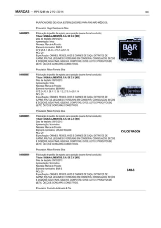 MARCAS - RPI 2246 de 21/01/2014

148

PURIFICADORES DE ÁGUA; ESTERILIZADORES PARA FINS NÃO MÉDICOS.
Procurador: Hugo Casinhas da Silva
840669879

Publicação de pedido de registro para oposição (exame formal concluído)
Titular: SIGMA ALIMENTOS, S.A. DE C.V. [MX]
Data de depósito: 09/10/2013
Apresentação: Mista
Natureza: Marca de Produto
Elemento nominativo: BAR-S
CFE: 26.4.1, 26.4.4, 27.5.1 e 29.1.13
NCL: 29
Especificação: CARNES, PEIXES, AVES E CARNES DE CAÇA; EXTRATOS DE
CARNE; FRUTAS, LEGUMES E VERDURAS EM CONSERVA, CONGELADOS, SECOS
E COZIDOS; GELATINAS, GELEIAS, COMPOTAS; OVOS; LEITE E PRODUTOS DE
LEITE; ÓLEOS E GORDURAS COMESTÍVEIS.
Procurador: Nilson Ferreira Silva

840669887

Publicação de pedido de registro para oposição (exame formal concluído)
Titular: SIGMA ALIMENTOS, S.A. DE C.V. [MX]
Data de depósito: 09/10/2013
Apresentação: Mista
Natureza: Marca de Produto
Elemento nominativo: BERNINA
CFE: 24.13.1, 26.1.12, 26.11.2, 27.5.1 e 29.1.14
NCL: 29
Especificação: CARNES, PEIXES, AVES E CARNES DE CAÇA; EXTRATOS DE
CARNE; FRUTAS, LEGUMES E VERDURAS EM CONSERVA, CONGELADOS, SECOS
E COZIDOS; GELATINAS, GELEIAS, COMPOTAS; OVOS; LEITE E PRODUTOS DE
LEITE; ÓLEOS E GORDURAS COMESTÍVEIS.
Procurador: Nilson Ferreira Silva

840669895

Publicação de pedido de registro para oposição (exame formal concluído)
Titular: SIGMA ALIMENTOS, S.A. DE C.V. [MX]
Data de depósito: 09/10/2013
Apresentação: Nominativa
Natureza: Marca de Produto
Elemento nominativo: CHUCK WAGON
NCL: 29
Especificação: CARNES, PEIXES, AVES E CARNES DE CAÇA; EXTRATOS DE
CARNE; FRUTAS, LEGUMES E VERDURAS EM CONSERVA, CONGELADOS, SECOS
E COZIDOS; GELATINAS, GELEIAS, COMPOTAS; OVOS; LEITE E PRODUTOS DE
LEITE; ÓLEOS E GORDURAS COMESTÍVEIS.

CHUCK WAGON

Procurador: Nilson Ferreira Silva
840669909

Publicação de pedido de registro para oposição (exame formal concluído)
Titular: SIGMA ALIMENTOS, S.A. DE C.V. [MX]
Data de depósito: 09/10/2013
Apresentação: Nominativa
Natureza: Marca de Produto
Elemento nominativo: BAR-S
NCL: 29
Especificação: CARNES, PEIXES, AVES E CARNES DE CAÇA; EXTRATOS DE
CARNE; FRUTAS, LEGUMES E VERDURAS EM CONSERVA, CONGELADOS, SECOS
E COZIDOS; GELATINAS, GELEIAS, COMPOTAS; OVOS; LEITE E PRODUTOS DE
LEITE; ÓLEOS E GORDURAS COMESTÍVEIS.
Procurador: Custodio de Almeida & Cia.

BAR-S

 