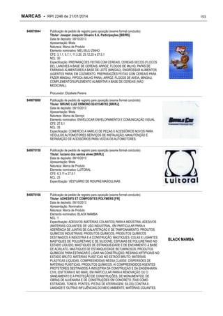 MARCAS - RPI 2246 de 21/01/2014
840670044

153

Publicação de pedido de registro para oposição (exame formal concluído)
Titular: Josapar Joaquim Oliveira S.A. Participações [BR/RS]
Data de depósito: 09/10/2013
Apresentação: Mista
Natureza: Marca de Produto
Elemento nominativo: MEU BIJU ZINHO
CFE: 3.1.1, 5.7.1, 11.3.20, 25.12.25 e 27.5.1
NCL: 30
Especificação: PREPARAÇOES FEITAS COM CEREAIS, CEREAIS SECOS (FLOCOS
DE), LANCHES A BASE DE CEREAIS, ARROZ, FLOCOS DE MILHO, PAPAS DE
FARINHAS ALIMENTARES A BASE DE LEITE (MINGAU), ENGROSSAR ALIMENTOS
(AGENTES PARA) EM COZIMENTO, PREPARAÇÕES FEITAS COM CEREAIS PARA
FAZER MINGAU, PIPOCA (MILHO PARA), ARROZ, FLOCOS DE AVEIA, MINGAU,
COMPLEMENTO/SUPLEMENTO ALIMENTAR A BASE DE CEREAIS (NÃO
MEDICINAL).
Procurador: Elizabete Pereira

840670060

Publicação de pedido de registro para oposição (exame formal concluído)
Titular: BRUNO LUIZ ORMOND 02431549763 [BR/RJ]
Data de depósito: 09/10/2013
Apresentação: Mista
Natureza: Marca de Serviço
Elemento nominativo: ENVELOCAR ENVELOPAMENTO E COMUNICAÇÃO VISUAL
CFE: 27.5.1
NCL: 35
Especificação: COMERCIO A VAREJO DE PEÇAS E ACESSÓRIOS NOVOS PARA
VEÍCULOS AUTOMOTORES SERVIÇOS DE INSTALAÇÃO, MANUTENÇÃO E
REPARAÇÃO DE ACESSÓRIOS PARA VEÍCULOS AUTOMOTORES.

840670150

Publicação de pedido de registro para oposição (exame formal concluído)
Titular: luciano dos santos alves [BR/RJ]
Data de depósito: 09/10/2013
Apresentação: Mista
Natureza: Marca de Produto
Elemento nominativo: LUITORAL
CFE: 6.3.11 e 27.5.1
NCL: 25
Especificação: VESTUÁRIO DE ROUPAS MASCULINAS

840670168

Publicação de pedido de registro para oposição (exame formal concluído)
Titular: ADHESIFS ET COMPOSITES POLYMERS [FR]
Data de depósito: 09/10/2013
Apresentação: Nominativa
Natureza: Marca de Produto
Elemento nominativo: BLACK MAMBA
NCL: 1
Especificação: ADESIVOS (MATÉRIAS COLANTES) PARA A INDÚSTRIA; ADESIVOS
(MATERIAIS COLANTES) DE USO INDUSTRIAL, EM PARTICULAR PARA A
ADERÊNCIA DE JUNTAS DE CALAFETAÇÃO E DE TAMPONAMENTO; PROIUTOS
QUÍMICOS INDUSTRIAIS; PRODUTOS QUÍMICOS; PRODUTOS QUÍMICOS
DESTINADOS À INDÚSTRIA E A CONSTRUÇÃO; MASTIQUES, COLAS E LIGANTES;
MASTIQUES DE POLIURETANO E DE SILICONE, ESPUMAS DE POLIURETANO NO
ESTADO LÍQUIDO, MASTIQUES DE ESTANQUEIDADE E DE ENCHIMENTO À BASE
DE ACRILATO, MASTIQUES DE ESTANQUEIDADE BETUMINOSOS; PRODUTOS
QUÍMICOS PARA ESTANCAR E LIGAR NA CONSTRUÇÃO; RESINAS ARTIFICIAIS NO
ESTADO BRUTO, MATÉRIAS PLÁSTICAS NO ESTADO BRUTO; MATÉRIAS
PLÁSTICAS LÍQUIDAS, COMPREENDIDAS NESSA CLASSE; DISPERSÕES DE
MATÉRIAS PLÁSTICAS; PRODUTOS QUÍMICOS, AÍ COMPREENDIDOS AGENTES
PROTETORES DESTINADOS À INDÚSTRIA DA CONSTRUÇÃO E DA ENGENHARIA
CIVIL (EM TERRA E NO MAR), EM PARTICULAR PARA A RENOVAÇÃO OU O
SANEAMENTO E A PROTEÇÃO DE CONSTRUÇÕES, DE MONUMENTOS, DE
OBRAS DE ALVENARIA E DE CONSTRUÇÕES EM CONCRETO (TAIS COMO
ESTRADAS, TÚNEIS, PONTES, PISTAS DE ATERRAGEM, SILOS) CONTRA A
UMIDADE E OUTRAS INFLUÊNCIAS DO MEIO AMBIENTE; MATÉRIAS COLANTES

BLACK MAMBA

 