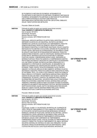 MARCAS - RPI 2246 de 21/01/2014

155

DE POLÍMEROS OU MISTURAS DE POLÍMEROS, NOTADAMENTE DE
POLIURETANOS OU MISTURAS DE POLIURETANOS; POLÍMEROS E MISTURAS DE
POLÍMEROS, NOTADAMENTE POLIURETANOS OU MISTURAS DE POLIURETANOS
SOB A FORMA EXTRUDADA OU INJETADA COMO PRODUTOS
SEMITRABALHADOS; MATÉRIA PARA CALAFETAR COM ESTOPAS, EMBALAR E
ISOLAR; TUBOS FLEXÍVEIS NÃO METÁLICOS.
Procurador: Gilberto de Carvalho
840670184

Publicação de pedido de registro para oposição (exame formal concluído)
Titular: ADHESIFS ET COMPOSITES POLYMERS [FR]
Data de depósito: 09/10/2013
Apresentação: Nominativa
Natureza: Marca de Produto
Elemento nominativo: SAF STRENGTHS ARE FLEX
NCL: 1
Especificação: ADESIVOS (MATÉRIAS COLANTES) PARA A INDÚSTRIA; ADESIVOS
(MATERIAIS COLANTES) DE USO INDUSTRIAL, EM PARTICULAR PARA A
ADERÊNCIA DE JUNTAS DE CALAFETAÇÃO E DE TAMPONAMENTO; PROIUTOS
QUÍMICOS INDUSTRIAIS; PRODUTOS QUÍMICOS; PRODUTOS QUÍMICOS
DESTINADOS À INDÚSTRIA E A CONSTRUÇÃO; MASTIQUES, COLAS E LIGANTES;
MASTIQUES DE POLIURETANO E DE SILICONE, ESPUMAS DE POLIURETANO NO
ESTADO LÍQUIDO, MASTIQUES DE ESTANQUEIDADE E DE ENCHIMENTO À BASE
DE ACRILATO, MASTIQUES DE ESTANQUEIDADE BETUMINOSOS; PRODUTOS
QUÍMICOS PARA ESTANCAR E LIGAR NA CONSTRUÇÃO; RESINAS ARTIFICIAIS NO
ESTADO BRUTO, MATÉRIAS PLÁSTICAS NO ESTADO BRUTO; MATÉRIAS
PLÁSTICAS LÍQUIDAS, COMPREENDIDAS NESSA CLASSE; DISPERSÕES DE
MATÉRIAS PLÁSTICAS; PRODUTOS QUÍMICOS, AÍ COMPREENDIDOS AGENTES
PROTETORES DESTINADOS À INDÚSTRIA DA CONSTRUÇÃO E DA ENGENHARIA
CIVIL (EM TERRA E NO MAR), EM PARTICULAR PARA A RENOVAÇÃO OU O
SANEAMENTO E A PROTEÇÃO DE CONSTRUÇÕES, DE MONUMENTOS, DE
OBRAS DE ALVENARIA E DE CONSTRUÇÕES EM CONCRETO (TAIS COMO
ESTRADAS, TÚNEIS, PONTES, PISTAS DE ATERRAGEM, SILOS) CONTRA A
UMIDADE E OUTRAS INFLUÊNCIAS DO MEIO AMBIENTE; MATÉRIAS COLANTES
DESTINADAS À INDÚSTRIA; PRODUTOS QUÍMICOS PARA A INDÚSTRIA DO PAPEL,
DA TINTURARIA, TÊXTIL, DO COURO E DOS CORANTES, PRODUTOS QUÍMICOS
PARA A CIÊNCIA E A FOTOGRAFIA, SUBSTÂNCIAS ADESIVAS PARA A INDÚSTRIA,
AGENTES DE EMULSÃO PARA O REVESTIMENTO DOS TECIDOS, AGENTES DE
CONDENSAÇÃO, DILUENTES, LIGANTES E DE DISPERSÃO PARA A TÉCNICA,
GLICERINA PARA USO INDUSTRIAL, SOLVENTES PARA LACAS E PARA RESINAS,
PRODUTOS EXTINTORES, GOMA PARA TECIDOS, MATÉRIAS PARA CURTIÇÃO,
TÊMPERAS E PREPAROS QUÍMICOS PARA A SOLDAGEM, ÉSTERES DE RESINAS,
MATÉRIAS DE ENCHIMENTO PARA MATÉRIAS PLÁSTICAS, MATÉRIAS RESINOSAS
SINTÉTICAS NO ESTADO LÍQUIDO, EM PÓ E EM GRANULADOS PARA MOLDAR,
MODELAR, FUNDIR E INJETAR, MATÉRIAS PRIMAS PARA LACAS, RESINAS,
RESINAS SINTÉTICAS E COMPOSTOS DE RESINAS SINTÉTICAS.

SAF STRENGTHS ARE
FLEX

Procurador: Gilberto de Carvalho
840670206

Publicação de pedido de registro para oposição (exame formal concluído)
Titular: ADHESIFS ET COMPOSITES POLYMERS [FR]
Data de depósito: 09/10/2013
Apresentação: Nominativa
Natureza: Marca de Produto
Elemento nominativo: SAF STRENGTHS ARE FLEX
NCL: 17
Especificação: CLASSE 17= CALAFETAÇÃO, EM PARTICULAR, GUARNIÇÃO DE
JUNTA; CINTAS DE TAMPONAMENTO E FITAS COMPACTAS E SEM ADESIVOS
AUTOCOLANTES, EM PARTICULAR EM ESPUMA IMPREGNADA; ESPUMA DE
BORRACHA, ESPUMA DE POLIETILENO, ESPUMA DE POLIURETANO; JUNTAS E
ACESSÓRIOS DE JUNTAS; MATÉRIAS DE ENCHIMENTO PARA JUNTAS DE
DILATAÇÃO E OUTROS MATERIAIS DE TAMPONAMENTO ESPECIALIZADOS;
ESPUMA DE LIGAÇÃO COMO COMPONENTE DE TAMPONAMENTO
COMPREENDIDO NESSA CLASSE; FITAS DE COLAGEM, DE TAMPONAMENTO, DE
LIGAÇÃO E COMPACTOS; FOLHAS DE TAMPONAMENTO DE JANELA; MATÉRIAS
ISOLANTES; MATERIAL DE CONTROLE DO SOM E DAS VIBRAÇÕES; FOLHAS
ISOLANTES; PRODUTOS EM MATÉRIAS PLÁSTICAS SEMI-PRONTAS, TUBOS
FLEXÍVEIS NÃO METÁLICOS E SUAS PEÇAS ANEXADAS; MATERIAIS DE

SAF STRENGTHS ARE
FLEX

 