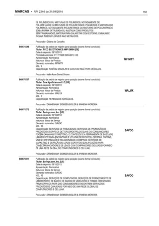 MARCAS - RPI 2246 de 21/01/2014

158

DE POLÍMEROS OU MISTURAS DE POLÍMEROS, NOTADAMENTE DE
POLIURETANOS OU MISTURAS DE POLIURETANOS; POLÍMEROS E MISTURAS DE
POLÍMEROS, NOTADAMENTE POLIURETANOS OU MISTURAS DE POLIURETANOS
SOB A FORMA EXTRUDADA OU INJETADA COMO PRODUTOS
SEMITRABALHADOS; MATÉRIA PARA CALAFETAR COM ESTOPAS, EMBALAR E
ISOLAR; TUBOS FLEXÍVEIS NÃO METÁLICOS.
Procurador: Gilberto de Carvalho
840670249

Publicação de pedido de registro para oposição (exame formal concluído)
Titular: TYCO ELECTRONICS AMP GMBH [DE]
Data de depósito: 09/10/2013
Prioridade unionista: 011721628 09/04/2013 DE
Apresentação: Nominativa
Natureza: Marca de Produto
Elemento nominativo: MFINITY
NCL: 9
Especificação: FUSÍVEL MODULAR E CAIXA DE RELÉ PARA VEÍCULOS.

MFINITY

Procurador: Nellie Anne Daniel Shores
840670257

Publicação de pedido de registro para oposição (exame formal concluído)
Titular: Dow AgroSciences LLC [US]
Data de depósito: 09/10/2013
Apresentação: Nominativa
Natureza: Marca de Produto
Elemento nominativo: WALUX
NCL: 5
Especificação: HERBICIDAS AGRÍCOLAS.

WALUX

Procurador: DANNEMANN SIEMSEN BIGLER & IPANEMA MOREIRA
840670273

Publicação de pedido de registro para oposição (exame formal concluído)
Titular: Savings.com, Inc. [US]
Data de depósito: 09/10/2013
Apresentação: Nominativa
Natureza: Marca de Serviço
Elemento nominativo: SAVOO
NCL: 35
Especificação: SERVIÇOS DE PUBLICIDADE; SERVIÇOS DE PROMOÇÃO DE
PRODUTOS E SERVIÇOS DE TERCEIROS PELOS QUAIS OS CONSUMIDORES
PODEM EXAMINAR O DIRETÓRIO, O CONTEÚDO E A FERRAMENTA DE BUSCA DE
UM WEB SITE PARA ENCONTRAR E UTILIZAR DESCONTOS, OFERTAS, CUPONS,
VALES E INFORMAÇÕES RELACIONADAS A COMPRAS; SERVIÇOS DE
MARKETING E GERAÇÃO DE LEADS (CONTATOS QUALIFICADOS) PARA
CONECTAR INICIADORES DE LEADS COM COMPRADORES DE LEADS POR MEIO
DE UMA REDE GLOBAL DE COMPUTADORES E CELULAR.

SAVOO

Procurador: DANNEMANN SIEMSEN BIGLER & IPANEMA MOREIRA
840670311

Publicação de pedido de registro para oposição (exame formal concluído)
Titular: Savings.com, Inc. [US]
Data de depósito: 09/10/2013
Apresentação: Nominativa
Natureza: Marca de Serviço
Elemento nominativo: SAVOO
NCL: 42
Especificação: SERVIÇOS DE COMPUTADOR; SERVIÇOS DE FORNECIMENTO DE
UM DIRETÓRIO DE BANCO DE DADOS DE VAREJISTAS E FIRMAS ORIENTADAS
PARA SERVIÇOS PARA QUE CONSUMIDORES ENCONTREM SERVIÇOS E
PRODUTOS DE QUALIDADE POR MEIO DE UMA REDE GLOBAL DE
COMPUTADORES E CELULAR.
Procurador: DANNEMANN SIEMSEN BIGLER & IPANEMA MOREIRA

SAVOO

 