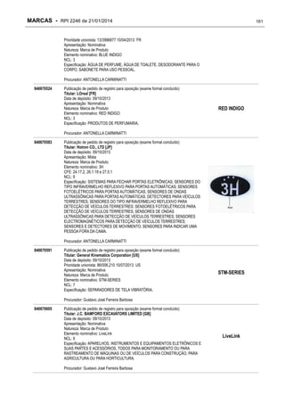 MARCAS - RPI 2246 de 21/01/2014

161

Prioridade unionista: 13/3996877 10/04/2013 FR
Apresentação: Nominativa
Natureza: Marca de Produto
Elemento nominativo: BLUE INDIGO
NCL: 3
Especificação: ÁGUA DE PERFUME, ÁGUA DE TOALETE, DESODORANTE PARA O
CORPO, SABONETE PARA USO PESSOAL.
Procurador: ANTONELLA CARMINATTI
840670524

Publicação de pedido de registro para oposição (exame formal concluído)
Titular: LOreal [FR]
Data de depósito: 09/10/2013
Apresentação: Nominativa
Natureza: Marca de Produto
Elemento nominativo: RED INDIGO
NCL: 3
Especificação: PRODUTOS DE PERFUMARIA.

RED INDIGO

Procurador: ANTONELLA CARMINATTI
840670583

Publicação de pedido de registro para oposição (exame formal concluído)
Titular: Hotron CO., LTD [JP]
Data de depósito: 09/10/2013
Apresentação: Mista
Natureza: Marca de Produto
Elemento nominativo: 3H
CFE: 24.17.2, 26.1.18 e 27.5.1
NCL: 9
Especificação: SISTEMAS PARA FECHAR PORTAS ELETRÔNICAS; SENSORES DO
TIPO INFRAVERMELHO REFLEXIVO PARA PORTAS AUTOMÁTICAS; SENSORES
FOTOELÉTRICOS PARA PORTAS AUTOMÁTICAS; SENSORES DE ONDAS
ULTRASSÔNICAS PARA PORTAS AUTOMÁTICAS; DETECTORES PARA VEÍCULOS
TERRESTRES; SENSORES DO TIPO INFRAVERMELHO REFLEXIVO PARA
DETECÇÃO DE VEÍCULOS TERRESTRES; SENSORES FOTOELÉTRICOS PARA
DETECÇÃO DE VEÍCULOS TERRESTRES; SENSORES DE ONDAS
ULTRASSÔNICAS PARA DETECÇÃO DE VEÍCULOS TERRESTRES; SENSORES
ELECTROMAGNÉTICOS PARA DETECÇÃO DE VEÍCULOS TERRESTRES;
SENSORES E DETECTORES DE MOVIMENTO; SENSORES PARA INDICAR UMA
PESSOA FORA DA CAMA.
Procurador: ANTONELLA CARMINATTI

840670591

Publicação de pedido de registro para oposição (exame formal concluído)
Titular: General Kinematics Corporation [US]
Data de depósito: 09/10/2013
Prioridade unionista: 86/006,210 10/07/2013 US
Apresentação: Nominativa
Natureza: Marca de Produto
Elemento nominativo: STM-SERIES
NCL: 7
Especificação: SEPARADORES DE TELA VIBRATÓRIA.

STM-SERIES

Procurador: Gustavo José Ferreira Barbosa
840670605

Publicação de pedido de registro para oposição (exame formal concluído)
Titular: J.C. BAMFORD EXCAVATORS LIMITED [GB]
Data de depósito: 09/10/2013
Apresentação: Nominativa
Natureza: Marca de Produto
Elemento nominativo: LiveLink
NCL: 9
Especificação: APARELHOS, INSTRUMENTOS E EQUIPAMENTOS ELETRÔNICOS E
SUAS PARTES E ACESSÓRIOS, TODOS PARA MONITORAMENTO OU PARA
RASTREAMENTO DE MÁQUINAS OU DE VEÍCULOS PARA CONSTRUÇÃO, PARA
AGRICULTURA OU PARA HORTICULTURA.
Procurador: Gustavo José Ferreira Barbosa

LiveLink

 