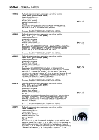 MARCAS - RPI 2246 de 21/01/2014
840670672

Publicação de pedido de registro para oposição (exame formal concluído)
Titular: BioFlex Agroindustrial S.A. [BR/SP]
Data de depósito: 09/10/2013
Apresentação: Nominativa
Natureza: Marca de Serviço
Elemento nominativo: BIOFLEX
NCL: 35
Especificação: SERVIÇOS DE COMERCIALIZAÇÃO DE BIOCOMBUSTÍVEIS,
ENERGIA ELÉTRICA, BIOQUÍMICAS E FARMOQUÍMICOS.

163

BIOFLEX

Procurador: DANNEMANN SIEMSEN BIGLER & IPANEMA MOREIRA
840670680

Publicação de pedido de registro para oposição (exame formal concluído)
Titular: BioFlex Agroindustrial S.A. [BR/SP]
Data de depósito: 09/10/2013
Apresentação: Nominativa
Natureza: Marca de Serviço
Elemento nominativo: BIOFLEX
NCL: 36
Especificação: SERVIÇOS DE PARTICIPAÇÃO, A QUALQUER TÍTULO, EM OUTRAS
SOCIEDADES E ASSOCIAÇÕES, NO BRASIL E NO EXTERIOR; SERVIÇOS DE
ADMINISTRAÇÃO DE BENS PRÓPRIOS E DE TERCEIROS.

BIOFLEX

Procurador: DANNEMANN SIEMSEN BIGLER & IPANEMA MOREIRA
840670699

Publicação de pedido de registro para oposição (exame formal concluído)
Titular: BioFlex Agroindustrial S.A. [BR/SP]
Data de depósito: 09/10/2013
Apresentação: Nominativa
Natureza: Marca de Serviço
Elemento nominativo: BIOFLEX
NCL: 40
Especificação: SERVIÇOS DE PROCESSAMENTO DE BIOMASSA PARA A
PRODUÇÃO E COMERCIALIZAÇÃO DE BIOCOMBUSTÍVEIS, ENERGIA ELÉTRICA,
BIOQUÍMICAS E FARMOQUÍMICO; SERVIÇOS DE PRODUÇÃO, EM FASE DE
TESTES OU EM ESCALA INDUSTRIAL, INCLUSIVE MEDIANTE CONTRATAÇÃO POR
TERCEIROS, DE QUÍMICOS E FÁRMACOS DECORRENTES DO EMPREGO DE
TECNOLOGIAS DE PROCESSAMENTO DE BIOMASSA.

BIOFLEX

Procurador: DANNEMANN SIEMSEN BIGLER & IPANEMA MOREIRA
840670702

Publicação de pedido de registro para oposição (exame formal concluído)
Titular: BioFlex Agroindustrial S.A. [BR/SP]
Data de depósito: 09/10/2013
Apresentação: Nominativa
Natureza: Marca de Serviço
Elemento nominativo: BIOFLEX
NCL: 42
Especificação: SERVIÇOS DE PESQUISA, DESENVOLVIMENTO TECNOLÓGICO E
INOVAÇÕES RELACIONADAS COM TECNOLOGIA DE PROCESSAMENTO DE
BIOMASSA E DE PRODUÇÃO DE QUÍMICOS, COMBUSTÍVEIS E FÁRMACOS A
PARTIR DE BIOMASSA.
Procurador: DANNEMANN SIEMSEN BIGLER & IPANEMA MOREIRA

840670737

Publicação de pedido de registro para oposição (exame formal concluído)
Titular: Solutia Inc. [US]
Data de depósito: 09/10/2013
Apresentação: Mista
Natureza: Marca de Produto
Elemento nominativo: LLUMAR
CFE: 1.3.1 e 27.5.1
NCL: 17
Especificação: FOLHA E FILME, PRINCIPALMENTE DE PLÁSTICO, EXCETO PARA
EMBALAR; FOLHA DE PLÁSTICO E FILME DE PLÁSTICO, EXCETO PARA EMBALAR;
PELÍCULA DE PLÁSTICO DE POLIÉSTER, EXCETO PARA EMBALAR; FOLHA DE
PLÁSTICO E FILME DE PLÁSTICO, PARA APLICAÇÃO EM JANELAS DE EDIFÍCIOS E
JANELAS DE AUTOMÓVEIS; FILME TRANSPARENTE OU TRANSLÚCIDO DE

BIOFLEX

 
