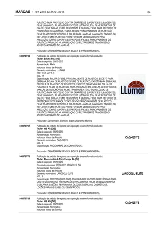 MARCAS - RPI 2246 de 21/01/2014

164

PLÁSTICO PARA PROTEÇÃO CONTRA GRAFITE DE SUPERFÍCIES SUBJACENTES;
FILME LAMINADO, FILME ABSORVENTE DE ULTRAVIOLETA, FILME REFLETOR DE
CALOR, FILME SOLAR, FILME RESISTENTE À QUEBRA, FILME PARA REFORÇO DE
PROTEÇÃO E SEGURANÇA, TODOS SENDO PRINCIPALMENTE DE PLÁSTICO;
FILME PLÁSTICO DE CONTROLE SOLAR PARA JANELAS, LAMINADO, TINGIDO OU
REFLETOR; FILME PLÁSTICO PROTETOR COM VERSO ADESIVO PARA
APLICAÇÃO SOBRE SUPERFÍCIES PINTADAS; FILMES, PRINCIPALMENTE DE
PLÁSTICO, PARA USO NA MINIMIZAÇÃO OU FILTRAGEM DE TRANSMISSÃO
ACÚSTICA ATRAVÉS DE JANELAS.
Procurador: DANNEMANN SIEMSEN BIGLER & IPANEMA MOREIRA
840670753

Publicação de pedido de registro para oposição (exame formal concluído)
Titular: Solutia Inc. [US]
Data de depósito: 09/10/2013
Apresentação: Mista
Natureza: Marca de Produto
Elemento nominativo: LLUMAR
CFE: 1.3.1 e 27.5.1
NCL: 17
Especificação: FOLHA E FILME, PRINCIPALMENTE DE PLÁSTICO, EXCETO PARA
EMBALAR; FOLHA DE PLÁSTICO E FILME DE PLÁSTICO, EXCETO PARA EMBALAR;
PELÍCULA DE PLÁSTICO DE POLIÉSTER, EXCETO PARA EMBALAR; FOLHA DE
PLÁSTICO E FILME DE PLÁSTICO, PARA APLICAÇÃO EM JANELAS DE EDIFÍCIOS E
JANELAS DE AUTOMÓVEIS; FILME TRANSPARENTE OU TRANSLÚCIDO DE
PLÁSTICO PARA PROTEÇÃO CONTRA GRAFITE DE SUPERFÍCIES SUBJACENTES;
FILME LAMINADO, FILME ABSORVENTE DE ULTRAVIOLETA, FILME REFLETOR DE
CALOR, FILME SOLAR, FILME RESISTENTE À QUEBRA, FILME PARA REFORÇO DE
PROTEÇÃO E SEGURANÇA, TODOS SENDO PRINCIPALMENTE DE PLÁSTICO;
FILME PLÁSTICO DE CONTROLE SOLAR PARA JANELAS, LAMINADO, TINGIDO OU
REFLETOR; FILME PLÁSTICO PROTETOR COM VERSO ADESIVO PARA
APLICAÇÃO SOBRE SUPERFÍCIES PINTADAS; FILMES, PRINCIPALMENTE DE
PLÁSTICO, PARA USO NA MINIMIZAÇÃO OU FILTRAGEM DE TRANSMISSÃO
ACÚSTICA ATRAVÉS DE JANELAS.
Procurador: Dannemann, Siemsen, Bigler & Ipanema Moreira

840670761

Publicação de pedido de registro para oposição (exame formal concluído)
Titular: IBS AG [DE]
Data de depósito: 09/10/2013
Apresentação: Nominativa
Natureza: Marca de Produto
Elemento nominativo: CAQ=QSYS
NCL: 9
Especificação: PROGRAMAS DE COMPUTADOR.

CAQ=QSYS

Procurador: DANNEMANN SIEMSEN BIGLER & IPANEMA MOREIRA
840670770

Publicação de pedido de registro para oposição (exame formal concluído)
Titular: Abercrombie & Fitch Europe SA [CH]
Data de depósito: 09/10/2013
Prioridade unionista: 55058/2013 25/04/2013 CH
Apresentação: Nominativa
Natureza: Marca de Produto
Elemento nominativo: LANGDELL ELITE
NCL: 3
Especificação: PREPARAÇÕES PARA BRANQUEAR E OUTRAS SUBSTÂNCIAS PARA
USO EM LAVANDERIA; PREPARAÇÕES PARA LIMPAR, POLIR, DESENGORDURAR
E DECAPAR; SABÕES; PERFUMARIA, ÓLEOS ESSENCIAIS, COSMÉTICOS,
LOÇÕES PARA OS CABELOS; DENTIFRÍCIOS.

LANGDELL ELITE

Procurador: DANNEMANN SIEMSEN BIGLER & IPANEMA MOREIRA
840670788

Publicação de pedido de registro para oposição (exame formal concluído)
Titular: IBS AG [DE]
Data de depósito: 09/10/2013
Apresentação: Nominativa
Natureza: Marca de Serviço

CAQ=QSYS

 