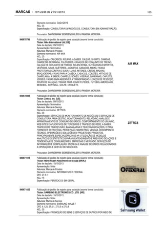 MARCAS - RPI 2246 de 21/01/2014

165

Elemento nominativo: CAQ=QSYS
NCL: 35
Especificação: CONSULTORIA EM NEGÓCIOS, CONSULTORIA EM ADMINISTRAÇÃO.
Procurador: DANNEMANN SIEMSEN BIGLER & IPANEMA MOREIRA
840670796

Publicação de pedido de registro para oposição (exame formal concluído)
Titular: Nike International Ltd [US]
Data de depósito: 09/10/2013
Apresentação: Nominativa
Natureza: Marca de Produto
Elemento nominativo: AIR MAX
NCL: 25
Especificação: CALÇADOS; ROUPAS, A SABER, CALÇAS, SHORTS, CAMISAS,
CAMISETAS DE MANGA, PULÔVERES, CASACOS DE CONJUNTO DE TREINO,
CALÇAS DE CONJUNTO DE TREINO, ROUPA ÍNTIMA, SUTIÃS PARA ESPORTES,
VESTIDOS, SAIAS, SUÉTERES, JAQUETAS, CASACOS, MEIAS, FAIXAS
PROTETORAS CONTRA O SUOR, LUVAS, MITENES, CINTOS, MALHAS,
BRAÇADEIRAS, FAIXAS PARA A CABEÇA, CASACOS, COLETES, ARTIGOS DE
CHAPELARIA, A SABER, CHAPÉUS, BONÉS, VISEIRAS, BANDANAS, CAPUZES,
JÉRSEIS, FAIXAS PARA ABSORVER A TRANSPIRAÇÃO, LENÇOS DE PESCOÇO,
ROUPA DE NATAÇÃO, TRAVAS PARA JOGAR FUTEBOL, FUTEBOL AMERICANO,
BEISEBOL, SOFTBALL, GOLFE, CRÍQUETE.

AIR MAX

Procurador: DANNEMANN SIEMSEN BIGLER & IPANEMA MOREIRA
840670800

Publicação de pedido de registro para oposição (exame formal concluído)
Titular: Zettics, Inc. [US]
Data de depósito: 09/10/2013
Apresentação: Nominativa
Natureza: Marca de Serviço
Elemento nominativo: ZETTICS
NCL: 35
Especificação: SERVIÇOS DE MONITORAMENTO DE NEGÓCIOS E SERVIÇOS DE
CONSULTORIA PARA GESTÃO, MONITORAMENTO, RELATÓRIO, ANÁLISE E
APRIMORAMENTO DE CONSUMO DE DADOS, COMPORTAMENTO DO USUÁRIO,
WEB SITES E APLICATIVOS DE TERCEIROS E TRÁFEGO DE REDE, A SABER,
TRÁFEGO DE TELEDIFUSÃO, BANDA LARGA E TELECOMUNICAÇÕES, E PARA
FORNECER ESTRATÉGIA, PERCEPÇÃO, MARKETING, VENDAS, DESEMPENHO
TÉCNICO, OPERAÇÕES E SOLUÇÕES EM PROJETO DE PRODUTOS,
PRINCIPALMENTE ESPECIALIZANDO-SE NA UTILIZAÇÃO DE MODELOS
ANALÍTICOS E ESTATÍSTICOS PARA O ENTENDIMENTO E PREVISÃO DE AÇÕES E
TENDÊNCIAS DE CONSUMIDORES, EMPRESAS E MERCADO; SERVIÇOS DE
INFORMAÇÃO E COMPILAÇÃO, ENTREGA E ANÁLISE DE DADOS RELACIONADOS
A OPERAÇÕES E GESTÃO DE NEGÓCIOS.
Procurador: DANNEMANN SIEMSEN BIGLER & IPANEMA MOREIRA

840671610

Publicação de pedido de registro para oposição (exame formal concluído)
Titular: Mário Ruben Nascimento de Souza [BR/RJ]
Data de depósito: 10/10/2013
Apresentação: Mista
Natureza: Marca de Produto
Elemento nominativo: INFORMATIVO O FEDERAL
CFE: 27.5.1
NCL: 16
Especificação: PERIÓDICOS EM GERAL.

840671652

Publicação de pedido de registro para oposição (exame formal concluído)
Titular: SAMSUNG ELECTRONICS CO., LTD. [KR]
Data de depósito: 10/10/2013
Apresentação: Mista
Natureza: Marca de Serviço
Elemento nominativo: SAMSUNG WALLET
CFE: 9.1.25, 27.5.1, 27.5.5 e 27.5.8
NCL: 35
Especificação: PROMOÇÃO DE BENS E SERVIÇOS DE OUTROS POR MEIO DE

ZETTICS

 