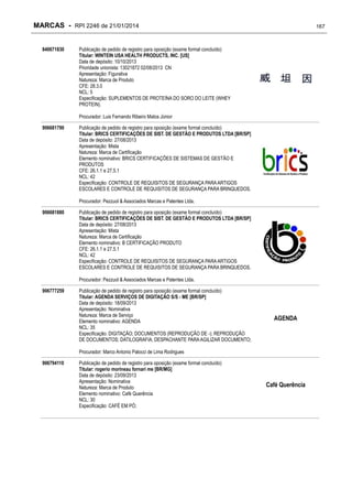 MARCAS - RPI 2246 de 21/01/2014
840671830

167

Publicação de pedido de registro para oposição (exame formal concluído)
Titular: WINTEIN USA HEALTH PRODUCTS, INC. [US]
Data de depósito: 10/10/2013
Prioridade unionista: 13021872 02/08/2013 CN
Apresentação: Figurativa
Natureza: Marca de Produto
CFE: 28.3.0
NCL: 5
Especificação: SUPLEMENTOS DE PROTEÍNA DO SORO DO LEITE (WHEY
PROTEIN).
Procurador: Luis Fernando Ribeiro Matos Júnior

906681790

Publicação de pedido de registro para oposição (exame formal concluído)
Titular: BRICS CERTIFICAÇÕES DE SIST. DE GESTÃO E PRODUTOS LTDA [BR/SP]
Data de depósito: 27/08/2013
Apresentação: Mista
Natureza: Marca de Certificação
Elemento nominativo: BRICS CERTIFICAÇÕES DE SISTEMAS DE GESTÃO E
PRODUTOS
CFE: 26.1.1 e 27.5.1
NCL: 42
Especificação: CONTROLE DE REQUISITOS DE SEGURANÇA PARA ARTIGOS
ESCOLARES E CONTROLE DE REQUISITOS DE SEGURANÇA PARA BRINQUEDOS.
Procurador: Pezzuol & Associados Marcas e Patentes Ltda.

906681880

Publicação de pedido de registro para oposição (exame formal concluído)
Titular: BRICS CERTIFICAÇÕES DE SIST. DE GESTÃO E PRODUTOS LTDA [BR/SP]
Data de depósito: 27/08/2013
Apresentação: Mista
Natureza: Marca de Certificação
Elemento nominativo: B CERTIFICAÇÃO PRODUTO
CFE: 26.1.1 e 27.5.1
NCL: 42
Especificação: CONTROLE DE REQUISITOS DE SEGURANÇA PARA ARTIGOS
ESCOLARES E CONTROLE DE REQUISITOS DE SEGURANÇA PARA BRINQUEDOS.
Procurador: Pezzuol & Associados Marcas e Patentes Ltda.

906777259

Publicação de pedido de registro para oposição (exame formal concluído)
Titular: AGENDA SERVIÇOS DE DIGITAÇÃO S/S - ME [BR/SP]
Data de depósito: 18/09/2013
Apresentação: Nominativa
Natureza: Marca de Serviço
Elemento nominativo: AGENDA
NCL: 35
Especificação: DIGITAÇÃO; DOCUMENTOS (REPRODUÇÃO DE -); REPRODUÇÃO
DE DOCUMENTOS; DATILOGRAFIA; DESPACHANTE PARA AGILIZAR DOCUMENTO;

AGENDA

Procurador: Marco Antonio Palocci de Lima Rodrigues
906794110

Publicação de pedido de registro para oposição (exame formal concluído)
Titular: rogerio morineau fornari me [BR/MG]
Data de depósito: 23/09/2013
Apresentação: Nominativa
Natureza: Marca de Produto
Elemento nominativo: Café Querência
NCL: 30
Especificação: CAFÉ EM PÓ;

Café Querência

 