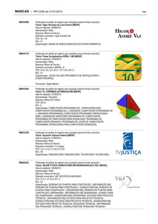 MARCAS - RPI 2246 de 21/01/2014
906810590

Publicação de pedido de registro para oposição (exame formal concluído)
Titular: Higor Henrique de Lima Gomes [BR/DF]
Data de depósito: 26/09/2013
Apresentação: Mista
Natureza: Marca de Serviço
Elemento nominativo: Higor & André Vaz
CFE: 25.1.19
NCL: 41
Especificação: BANDA DE MÚSICA [SERVIÇOS DE ENTRETENIMENTO];

906814170

Publicação de pedido de registro para oposição (exame formal concluído)
Titular: Power Up Aplicativos EIRELI - ME [BR/SP]
Data de depósito: 27/09/2013
Apresentação: Mista
Natureza: Marca de Serviço
Elemento nominativo: BRASIL 10
CFE: 9.3.9, 24.7.23, 26.5.1, 27.7.25 e 29.1.2
NCL: 41
Especificação: JOGOS ON-LINE (PROVIMENTO DE SERVIÇOS PARA -)
[COMPUTADORES];
Procurador: Diego Nabarro

906814383

Publicação de pedido de registro para oposição (exame formal concluído)
Titular: K L FERREIRA AUTOMACAO ME [BR/SP]
Data de depósito: 27/09/2013
Apresentação: Figurativa
Natureza: Marca de Produto
CFE: 26.3.4
NCL: 9
Especificação: COMPUTADOR (PROGRAMAS DE -) [PARA DOWNLOAD];
COMPUTADOR (PROGRAMAS DE -), GRAVADOS; COMPUTADOR (PROGRAMAS DE
-), GRAVADOS [PROGRAMAS]; COMPUTADOR (PROGRAMAS OPERACIONAIS
PARA -) [GRAVADOS]; MONITORES [PROGRAMAS DE COMPUTADOR];
PROGRAMAS DE COMPUTADOR [PARA DOWNLOAD]; PROGRAMAS DE
COMPUTADOR GRAVADOS; PROGRAMAS DE JOGOS DE COMPUTADOR;
PROGRAMAS OPERACIONAIS PARA COMPUTADOR [GRAVADOS];

906815339

Publicação de pedido de registro para oposição (exame formal concluído)
Titular: Supremo Tribunal Federal [BR/DF]
Data de depósito: 27/09/2013
Apresentação: Mista
Natureza: Marca de Serviço
Elemento nominativo: TV Justiça
CFE: 2.3.1, 2.3.2, 2.3.22 e 2.3.23
NCL: 38
Especificação: RADIODIFUSÃO; RADIODIFUSÃO; TELEDIFUSÃO; TELEDIFUSÃO;

906822432

Publicação de pedido de registro para oposição (exame formal concluído)
Titular: VALOR E FOCO CONSULTORIA EM ENGENHARIA S/S LTDA. [BR/SC]
Data de depósito: 30/09/2013
Apresentação: Mista
Natureza: Marca de Serviço
Elemento nominativo: V&F GESTÃO DA INOVAÇÃO
CFE: 27.5.1, 27.5.8 e 29.1.3
NCL: 42
Especificação: DESENHO DE PLANTAS PARA CONSTRUÇÃO - [INFORMAÇÃO EM];
DESENHO DE PLANTAS PARA CONSTRUÇÃO - [CONSULTORIA EM]; DESENHO DE
PLANTAS PARA CONSTRUÇÃO - [ASSESSORIA EM]; DESENHO DE PLANTAS PARA
CONSTRUÇÃO; ENGENHARIA - [INFORMAÇÃO EM]; ENGENHARIA - [CONSULTORIA
EM]; ENGENHARIA - [ASSESSORIA EM]; ENGENHARIA; ESTUDOS PARA PROJETOS
TÉCNICOS - [INFORMAÇÃO EM]; ESTUDOS PARA PROJETOS TÉCNICOS [CONSULTORIA EM]; ESTUDOS PARA PROJETOS TÉCNICOS - [ASSESSORIA EM];
ESTUDOS PARA PROJETOS TÉCNICOS; PESQUISAS TÉCNICAS - [INFORMAÇÃO
EM]; PESQUISAS TÉCNICAS - [CONSULTORIA EM]; PESQUISAS TÉCNICAS -

168

 