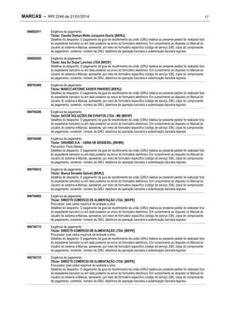MARCAS - RPI 2246 de 21/01/2014
906692911

Exigência de pagamento
Titular: Claudia Orphao Motta Junqueira Ozorio [BR/RJ]
Detalhes do despacho: O pagamento da guia de recolhimento da união (GRU) relativa ao presente pedido foi realizado fora
do expediente bancário ou em data posterior ao envio do formulário eletrônico. Em cumprimento ao disposto no Manual do
Usuário do sistema e-Marcas, apresente, por meio de formulário específico (código de serviço 338), cópia do comprovante
de pagamento, contendo número da GRU, data/hora da operação bancária e autenticação bancária legíveis.

906693020

Exigência de pagamento
Titular: Asa Sul Super Lanches LTDA [BR/DF]
Detalhes do despacho: O pagamento da guia de recolhimento da união (GRU) relativa ao presente pedido foi realizado fora
do expediente bancário ou em data posterior ao envio do formulário eletrônico. Em cumprimento ao disposto no Manual do
Usuário do sistema e-Marcas, apresente, por meio de formulário específico (código de serviço 338), cópia do comprovante
de pagamento, contendo número da GRU, data/hora da operação bancária e autenticação bancária legíveis.

906703484

Exigência de pagamento
Titular: MARCO ANTONIO XAVIER PINHEIRO [BR/RJ]
Detalhes do despacho: O pagamento da guia de recolhimento da união (GRU) relativa ao presente pedido foi realizado fora
do expediente bancário ou em data posterior ao envio do formulário eletrônico. Em cumprimento ao disposto no Manual do
Usuário do sistema e-Marcas, apresente, por meio de formulário específico (código de serviço 338), cópia do comprovante
de pagamento, contendo número da GRU, data/hora da operação bancária e autenticação bancária legíveis.

906704200

Exigência de pagamento
Titular: SATOR SOLUÇÕES EM EVENTOS LTDA - ME [BR/SP]
Detalhes do despacho: O pagamento da guia de recolhimento da união (GRU) relativa ao presente pedido foi realizado fora
do expediente bancário ou em data posterior ao envio do formulário eletrônico. Em cumprimento ao disposto no Manual do
Usuário do sistema e-Marcas, apresente, por meio de formulário específico (código de serviço 338), cópia do comprovante
de pagamento, contendo número da GRU, data/hora da operação bancária e autenticação bancária legíveis.

906704596

Exigência de pagamento
Titular: GRANBIO S.A. - USINA DE BIODIESEL [BR/MS]
Procurador: Paulo Bastos
Detalhes do despacho: O pagamento da guia de recolhimento da união (GRU) relativa ao presente pedido foi realizado fora
do expediente bancário ou em data posterior ao envio do formulário eletrônico. Em cumprimento ao disposto no Manual do
Usuário do sistema e-Marcas, apresente, por meio de formulário específico (código de serviço 338), cópia do comprovante
de pagamento, contendo número da GRU, data/hora da operação bancária e autenticação bancária legíveis.

906704618

Exigência de pagamento
Titular: Bianca Sivolella Saliceti [BR/RJ]
Detalhes do despacho: O pagamento da guia de recolhimento da união (GRU) relativa ao presente pedido foi realizado fora
do expediente bancário ou em data posterior ao envio do formulário eletrônico. Em cumprimento ao disposto no Manual do
Usuário do sistema e-Marcas, apresente, por meio de formulário específico (código de serviço 338), cópia do comprovante
de pagamento, contendo número da GRU, data/hora da operação bancária e autenticação bancária legíveis.

906704693

Exigência de pagamento
Titular: SWEETS COMÉRCIO DE ALIMENTAÇÃO LTDA. [BR/PE]
Procurador: josé carlos mayrinck de andrade e silva
Detalhes do despacho: O pagamento da guia de recolhimento da união (GRU) relativa ao presente pedido foi realizado fora
do expediente bancário ou em data posterior ao envio do formulário eletrônico. Em cumprimento ao disposto no Manual do
Usuário do sistema e-Marcas, apresente, por meio de formulário específico (código de serviço 338), cópia do comprovante
de pagamento, contendo número da GRU, data/hora da operação bancária e autenticação bancária legíveis.

906704715

Exigência de pagamento
Titular: SWEETS COMÉRCIO DE ALIMENTAÇÃO LTDA. [BR/PE]
Procurador: josé carlos mayrinck de andrade e silva
Detalhes do despacho: O pagamento da guia de recolhimento da união (GRU) relativa ao presente pedido foi realizado fora
do expediente bancário ou em data posterior ao envio do formulário eletrônico. Em cumprimento ao disposto no Manual do
Usuário do sistema e-Marcas, apresente, por meio de formulário específico (código de serviço 338), cópia do comprovante
de pagamento, contendo número da GRU, data/hora da operação bancária e autenticação bancária legíveis.

906704723

Exigência de pagamento
Titular: SWEETS COMÉRCIO DE ALIMENTAÇÃO LTDA. [BR/PE]
Procurador: josé carlos mayrinck de andrade e silva
Detalhes do despacho: O pagamento da guia de recolhimento da união (GRU) relativa ao presente pedido foi realizado fora
do expediente bancário ou em data posterior ao envio do formulário eletrônico. Em cumprimento ao disposto no Manual do
Usuário do sistema e-Marcas, apresente, por meio de formulário específico (código de serviço 338), cópia do comprovante
de pagamento, contendo número da GRU, data/hora da operação bancária e autenticação bancária legíveis.

17

 