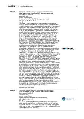 MARCAS - RPI 2246 de 21/01/2014
906824095

Publicação de pedido de registro para oposição (exame formal concluído)
Titular: RADCONTROL - Tecnologias Para o Futuro Ltda.-ME [BR/SC]
Data de depósito: 30/09/2013
Apresentação: Mista
Natureza: Marca de Serviço
Elemento nominativo: RADCONTROL Tecnologias para o Futuro
CFE: 27.5.1, 29.1.4, 29.1.8 e 29.1.12
NCL: 42
Especificação: CALIBRAGEM [MEDIÇÃO] - [INFORMAÇÃO EM]; CALIBRAGEM
[MEDIÇÃO] - [CONSULTORIA EM]; CALIBRAGEM [MEDIÇÃO] - [ASSESSORIA EM];
CALIBRAGEM [MEDIÇÃO]; ESTUDOS PARA PROJETOS TÉCNICOS - [INFORMAÇÃO
EM]; ESTUDOS PARA PROJETOS TÉCNICOS - [CONSULTORIA EM]; ESTUDOS
PARA PROJETOS TÉCNICOS - [ASSESSORIA EM]; ESTUDOS PARA PROJETOS
TÉCNICOS; PESQUISA EM FÍSICA - [INFORMAÇÃO EM]; PESQUISA EM FÍSICA [CONSULTORIA EM]; PESQUISA EM FÍSICA - [ASSESSORIA EM]; PESQUISA EM
FÍSICA; PESQUISAS TÉCNICAS - [INFORMAÇÃO EM]; PESQUISAS TÉCNICAS [CONSULTORIA EM]; PESQUISAS TÉCNICAS - [ASSESSORIA EM]; PESQUISAS
TÉCNICAS; PROJETOS TÉCNICOS (ESTUDOS PARA -) - [INFORMAÇÃO EM];
PROJETOS TÉCNICOS (ESTUDOS PARA -) - [CONSULTORIA EM]; PROJETOS
TÉCNICOS (ESTUDOS PARA -) - [ASSESSORIA EM]; PROJETOS TÉCNICOS
(ESTUDOS PARA -); ASSESSORIA, CONSULTORIA E INFORMAÇÃO NO CAMPO DA
FÍSICA - [INFORMAÇÃO EM]; ASSESSORIA, CONSULTORIA E INFORMAÇÃO NO
CAMPO DA FÍSICA - [CONSULTORIA EM]; ASSESSORIA, CONSULTORIA E
INFORMAÇÃO NO CAMPO DA FÍSICA - [ASSESSORIA EM]; ASSESSORIA,
CONSULTORIA E INFORMAÇÃO NO CAMPO DA FÍSICA; ASSESSORIA,
CONSULTORIA E INFORMAÇÕES NO CAMPO DE PROCESSOS TECNOLÓGICOS [INFORMAÇÃO EM]; ASSESSORIA, CONSULTORIA E INFORMAÇÕES NO CAMPO
DE PROCESSOS TECNOLÓGICOS - [CONSULTORIA EM]; ASSESSORIA,
CONSULTORIA E INFORMAÇÕES NO CAMPO DE PROCESSOS TECNOLÓGICOS [ASSESSORIA EM]; ASSESSORIA, CONSULTORIA E INFORMAÇÕES NO CAMPO DE
PROCESSOS TECNOLÓGICOS; ASSESSORIA, CONSULTORIA E PESQUISAS
CIENTÍFICAS NO CAMPO DA SAÚDE E DA MEDICINA - [INFORMAÇÃO EM];
ASSESSORIA, CONSULTORIA E PESQUISAS CIENTÍFICAS NO CAMPO DA SAÚDE E
DA MEDICINA - [CONSULTORIA EM]; ASSESSORIA, CONSULTORIA E PESQUISAS
CIENTÍFICAS NO CAMPO DA SAÚDE E DA MEDICINA - [ASSESSORIA EM];
ASSESSORIA, CONSULTORIA E PESQUISAS CIENTÍFICAS NO CAMPO DA SAÚDE E
DA MEDICINA; CERTIFICAÇÃO (SERVIÇOS DE TESTE, ANÁLISE E AVALIAÇÃO DE
PRODUTOS E SERVIÇOS DE TERCEIROS PARA FINS DE - ) - [INFORMAÇÃO EM];
CERTIFICAÇÃO (SERVIÇOS DE TESTE, ANÁLISE E AVALIAÇÃO DE PRODUTOS E
SERVIÇOS DE TERCEIROS PARA FINS DE - ) - [CONSULTORIA EM]; CERTIFICAÇÃO
(SERVIÇOS DE TESTE, ANÁLISE E AVALIAÇÃO DE PRODUTOS E SERVIÇOS DE
TERCEIROS PARA FINS DE - ) - [ASSESSORIA EM]; CERTIFICAÇÃO (SERVIÇOS DE
TESTE, ANÁLISE E AVALIAÇÃO DE PRODUTOS E SERVIÇOS DE TERCEIROS PARA
FINS DE - ); INSPEÇÃO DE MÁQUINA E MATERIAL - [INFORMAÇÃO EM]; INSPEÇÃO
DE MÁQUINA E MATERIAL - [CONSULTORIA EM]; INSPEÇÃO DE MÁQUINA E
MATERIAL - [ASSESSORIA EM]; INSPEÇÃO DE MÁQUINA E MATERIAL; PERÍCIA
TÉCNICA NA ÁREA DE FÍSICA - [INFORMAÇÃO EM]; PERÍCIA TÉCNICA NA ÁREA DE
FÍSICA - [CONSULTORIA EM]; PERÍCIA TÉCNICA NA ÁREA DE FÍSICA [ASSESSORIA EM]; PERÍCIA TÉCNICA NA ÁREA DE FÍSICA; PESQUISA CIENTÍFICA [INFORMAÇÃO EM]; PESQUISA CIENTÍFICA - [CONSULTORIA EM]; PESQUISA
CIENTÍFICA - [ASSESSORIA EM]; PESQUISA CIENTÍFICA;
Procurador: Bruno Souto Alonso

906824192

Publicação de pedido de registro para oposição (exame formal concluído)
Titular: ECO MARINE Produção e Comércio de Pescados Ltda. [BR/SC]
Data de depósito: 30/09/2013
Apresentação: Mista
Natureza: Marca de Produto
Elemento nominativo: ECO MARINE aquicultura sustentável
CFE: 3.9.23, 29.1.4 e 29.1.12
NCL: 29
Especificação: CAMARÕES [NÃO VIVOS]; CRUSTÁCEOS [NÃO VIVOS]; FILÉ DE
PEIXE; LAGOSTAS [NÃO VIVAS]; LAGOSTINS [NÃO VIVOS]; LAGOSTINS-DO-RIO
[NÃO VIVOS]; MARISCOS [NÃO VIVOS]; MEXILHÕES [NÃO VIVOS]; OSTRAS [NÃO
VIVAS]; OVAS DE PEIXE PROCESSADAS; PEIXE (FILÉ DE -); PESCADO [NÃO VIVO];
CAMARÃO NÃO VIVO; SIRI [NÃO VIVO];

170

 