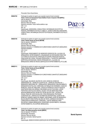MARCAS - RPI 2246 de 21/01/2014

171

Procurador: Bruno Souto Alonso
906824702

Publicação de pedido de registro para oposição (exame formal concluído)
Titular: Centro de Treinamento Pazos Estética Facial e Corporal LTDA [BR/RJ]
Data de depósito: 30/09/2013
Apresentação: Mista
Natureza: Marca de Serviço
Elemento nominativo: Pazos medina,estetica e spa
CFE: 1.3.2
NCL: 44
Especificação: ASSESSORIA, CONSULTORIA E INFORMAÇÃO EM ESTÉTICA
PESSOAL [TRATAMENTO DE PELE E CABELO] - [CONSULTORIA EM]; ASSESSORIA,
CONSULTORIA E INFORMAÇÃO EM ESTÉTICA PESSOAL [TRATAMENTO DE PELE E
CABELO];

906825105

Publicação de pedido de registro para oposição (exame formal concluído)
Titular: Herbert Santos de Sousa [BR/AM]
Data de depósito: 30/09/2013
Apresentação: Mista
Natureza: Marca de Serviço
Elemento nominativo: A TURMINHA DA FLORESTA MISS CUNHATÃ ZÉ CABOQUINHO
PINTADO ROSINHA
CFE: 2.5.21
NCL: 41
Especificação: AGENCIAMENTO DE INGRESSOS (SERVIÇOS DE-); ALUGUEL DE
BRINQUEDOS; ENTRETENIMENTO; ORGANIZAÇÃO DE EXPOSIÇÕES PARA FINS
CULTURAIS OU EDUCATIVOS; PRODUÇÃO DE SHOWS; PRODUÇÃO MUSICAL;
PUBLICAÇÃO DE LIVROS; TEATRAIS (PRODUÇÕES -); TEATRO DE VARIEDADES
[ESPETÁCULOS MUSICAIS]; VÍDEOS (PRODUÇÃO DE -); ALUGUEL DE
BRINQUEDOS; BANDA DE MÚSICA [SERVIÇOS DE ENTRETENIMENTO]; FÃ CLUBE;

906825113

Publicação de pedido de registro para oposição (exame formal concluído)
Titular: Herbert Santos de Sousa [BR/AM]
Data de depósito: 30/09/2013
Apresentação: Mista
Natureza: Marca de Produto
Elemento nominativo: A TURMINHA DA FLORESTA MISS CUNHATÃ ZÉ CABOQUINHO
PINTADO ROSINHA
CFE: 2.5.21
NCL: 28
Especificação: BALANÇOS; BALÕES DE JOGO; BONECAS; BONECAS
(MAMADEIRAS DE -); BONECAS (QUARTOS DE -); BONECAS (ROUPAS DE -);
BRINQUEDO (MÁSCARAS DE -); BRINQUEDOS; BRINQUEDOS COM ENCHIMENTO;
BRINQUEDOS DE PELÚCIA; CARROSSEL DE PARQUE DE DIVERSÕES; CASAS DE
BONECAS; JOGOS DE TABULEIRO; JOGOS ELETRÔNICOS, EXCETO AQUELES
ADAPTADOS PARA USO APENAS COM APARELHOS DE TELEVISÃO; JOGOS
PORTÁTEIS COM TELA DE CRISTAL LÍQUIDO; KITS DE MINIATURAS PARA
MONTAR [BRINQUEDOS]; PATINETES; PATINS (BOTAS COM -); PATINS COM
RODAS; PINOS DE JOGO DE BOLICHE; PIPAS [PAPAGAIOS]; PROTEÇÃO
(ALMOFADAS DE -) [PARTES DE VESTIMENTAS DESPORTIVAS]; QUARTOS DE
BONECAS; QUEBRA-CABEÇA DE ARMAR; VIDEOGAMES; AVIÃO DE BRINQUEDO;
BALÃO [OBJETO PARA FESTA]; BALÕES DE FESTA; CARRINHO DE BONECA;
CARROCINHA DE BRINQUEDO; CARROSSEL; CARTÃO IMPRESSO PARA
RECORTAR E ARMAR [BRINQUEDO]; PASSATEMPO [DIVERTIMENTO, DIVERSÃO,
ENTRETENIMENTO]; VELOCÍPEDE (BRINQUEDO);

906825180

Publicação de pedido de registro para oposição (exame formal concluído)
Titular: caio felipe gonçalves mourão [BR/DF]
Data de depósito: 01/10/2013
Apresentação: Nominativa
Natureza: Marca de Serviço
Elemento nominativo: Banda Suprema
NCL: 41
Especificação: BANDA DE MÚSICA [SERVIÇOS DE ENTRETENIMENTO];

Banda Suprema

 