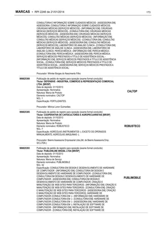 MARCAS - RPI 2246 de 21/01/2014

173

CONSULTORIA E INFORMAÇÃO SOBRE CUIDADOS MÉDICOS - [ASSESSORIA EM];
ASSESSORIA, CONSULTORIA E INFORMAÇÃO SOBRE CUIDADOS MÉDICOS;
CIRURGIAS MÉDICAS [SERVIÇOS MÉDICOS] - [INFORMAÇÃO EM]; CIRURGIAS
MÉDICAS [SERVIÇOS MÉDICOS] - [CONSULTORIA EM]; CIRURGIAS MÉDICAS
[SERVIÇOS MÉDICOS] - [ASSESSORIA EM]; CIRURGIAS MÉDICAS [SERVIÇOS
MÉDICOS]; CONSULTAS MÉDICAS [SERVIÇOS MÉDICOS] - [INFORMAÇÃO EM];
CONSULTAS MÉDICAS [SERVIÇOS MÉDICOS] - [CONSULTORIA EM]; CONSULTAS
MÉDICAS [SERVIÇOS MÉDICOS] - [ASSESSORIA EM]; CONSULTAS MÉDICAS
[SERVIÇOS MÉDICOS]; LABORATÓRIO DE ANÁLISE CLÍNICA - [CONSULTORIA EM];
LABORATÓRIO DE ANÁLISE CLÍNICA - [ASSESSORIA EM]; LABORATÓRIO DE
ANÁLISE CLÍNICA; PERÍCIA MÉDICA - [INFORMAÇÃO EM]; PERÍCIA MÉDICA [CONSULTORIA EM]; PERÍCIA MÉDICA - [ASSESSORIA EM]; PERÍCIA MÉDICA;
SERVIÇOS MÉDICOS PRESTADOS A TÍTULO DE ASSISTÊNCIA SOCIAL [INFORMAÇÃO EM]; SERVIÇOS MÉDICOS PRESTADOS A TÍTULO DE ASSISTÊNCIA
SOCIAL - [CONSULTORIA EM]; SERVIÇOS MÉDICOS PRESTADOS A TÍTULO DE
ASSISTÊNCIA SOCIAL - [ASSESSORIA EM]; SERVIÇOS MÉDICOS PRESTADOS A
TÍTULO DE ASSISTÊNCIA SOCIAL;
Procurador: Whinter Borges do Nascimento Filho
906825369

Publicação de pedido de registro para oposição (exame formal concluído)
Titular: DEFENSIVE - INDUSTRIA, COMERCIO & REPRESENTAÇÃO COMERCIAL
LTDA. [BR/SP]
Data de depósito: 01/10/2013
Apresentação: Nominativa
Natureza: Marca de Produto
Elemento nominativo: CALTOP
NCL: 1
Especificação: FERTILIZANTES;

CALTOP

Procurador: Mônica Loron Guimarães
906825385

Publicação de pedido de registro para oposição (exame formal concluído)
Titular: COOPERATIVA DE CAFEICULTORES E AGROPECUARISTAS [BR/SP]
Data de depósito: 01/10/2013
Apresentação: Nominativa
Natureza: Marca de Produto
Elemento nominativo: ROBUSTECO
NCL: 7
Especificação: AGRÍCOLAS (INSTRUMENTOS -), EXCETO OS OPERADOS
MANUALMENTE; AGRÍCOLAS (MÁQUINAS -);

ROBUSTECO

Procurador: Beerre Assessoria Empresarial Ltda.(Alt. de Beerre Assessoria Emp.
S/C.LTDA.)
906825393

Publicação de pedido de registro para oposição (exame formal concluído)
Titular: PUBLIONLINE BRASIL LTDA [BR/SP]
Data de depósito: 01/10/2013
Apresentação: Nominativa
Natureza: Marca de Serviço
Elemento nominativo: PUBLIMOBILE
NCL: 42
Especificação: CONSULTORIA EM DESIGN E DESENVOLVIMENTO DE HARDWARE
DE COMPUTADOR - [INFORMAÇÃO EM]; CONSULTORIA EM DESIGN E
DESENVOLVIMENTO DE HARDWARE DE COMPUTADOR - [CONSULTORIA EM];
CONSULTORIA EM DESIGN E DESENVOLVIMENTO DE HARDWARE DE
COMPUTADOR - [ASSESSORIA EM]; CONSULTORIA EM DESIGN E
DESENVOLVIMENTO DE HARDWARE DE COMPUTADOR; CRIAÇÃO E
MANUTENÇÃO DE WEB SITES PARA TERCEIROS - [INFORMAÇÃO EM]; CRIAÇÃO E
MANUTENÇÃO DE WEB SITES PARA TERCEIROS - [CONSULTORIA EM]; CRIAÇÃO
E MANUTENÇÃO DE WEB SITES PARA TERCEIROS - [ASSESSORIA EM]; CRIAÇÃO
E MANUTENÇÃO DE WEB SITES PARA TERCEIROS; HARDWARE DE
COMPUTADOR (CONSULTORIA EM -) - [INFORMAÇÃO EM]; HARDWARE DE
COMPUTADOR (CONSULTORIA EM -) - [CONSULTORIA EM]; HARDWARE DE
COMPUTADOR (CONSULTORIA EM -) - [ASSESSORIA EM]; HARDWARE DE
COMPUTADOR (CONSULTORIA EM -); INSTALAÇÃO DE SOFTWARE DE
COMPUTADOR - [INFORMAÇÃO EM]; INSTALAÇÃO DE SOFTWARE DE
COMPUTADOR - [CONSULTORIA EM]; INSTALAÇÃO DE SOFTWARE DE

PUBLIMOBILE

 