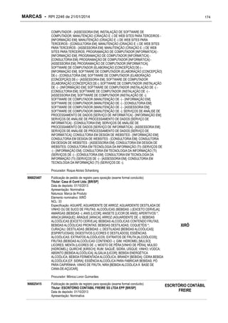 MARCAS - RPI 2246 de 21/01/2014

174

COMPUTADOR - [ASSESSORIA EM]; INSTALAÇÃO DE SOFTWARE DE
COMPUTADOR; MANUTENÇÃO (CRIAÇÃO E -) DE WEB SITES PARA TERCEIROS [INFORMAÇÃO EM]; MANUTENÇÃO (CRIAÇÃO E -) DE WEB SITES PARA
TERCEIROS - [CONSULTORIA EM]; MANUTENÇÃO (CRIAÇÃO E -) DE WEB SITES
PARA TERCEIROS - [ASSESSORIA EM]; MANUTENÇÃO (CRIAÇÃO E -) DE WEB
SITES PARA TERCEIROS; PROGRAMAÇÃO DE COMPUTADOR [INFORMÁTICA] [INFORMAÇÃO EM]; PROGRAMAÇÃO DE COMPUTADOR [INFORMÁTICA] [CONSULTORIA EM]; PROGRAMAÇÃO DE COMPUTADOR [INFORMÁTICA] [ASSESSORIA EM]; PROGRAMAÇÃO DE COMPUTADOR [INFORMÁTICA];
SOFTWARE DE COMPUTADOR (ELABORAÇÃO [CONCEPÇÃO] DE-) [INFORMAÇÃO EM]; SOFTWARE DE COMPUTADOR (ELABORAÇÃO [CONCEPÇÃO]
DE-) - [CONSULTORIA EM]; SOFTWARE DE COMPUTADOR (ELABORAÇÃO
[CONCEPÇÃO] DE-) - [ASSESSORIA EM]; SOFTWARE DE COMPUTADOR
(ELABORAÇÃO [CONCEPÇÃO] DE-); SOFTWARE DE COMPUTADOR (INSTALAÇÃO
DE -) - [INFORMAÇÃO EM]; SOFTWARE DE COMPUTADOR (INSTALAÇÃO DE -) [CONSULTORIA EM]; SOFTWARE DE COMPUTADOR (INSTALAÇÃO DE -) [ASSESSORIA EM]; SOFTWARE DE COMPUTADOR (INSTALAÇÃO DE -);
SOFTWARE DE COMPUTADOR (MANUTENÇÃO DE -) - [INFORMAÇÃO EM];
SOFTWARE DE COMPUTADOR (MANUTENÇÃO DE -) - [CONSULTORIA EM];
SOFTWARE DE COMPUTADOR (MANUTENÇÃO DE -) - [ASSESSORIA EM];
SOFTWARE DE COMPUTADOR (MANUTENÇÃO DE -); SERVIÇOS DE ANÁLISE DE
PROCESSAMENTO DE DADOS [SERVIÇO DE INFORMÁTICA] - [INFORMAÇÃO EM];
SERVIÇOS DE ANÁLISE DE PROCESSAMENTO DE DADOS [SERVIÇO DE
INFORMÁTICA] - [CONSULTORIA EM]; SERVIÇOS DE ANÁLISE DE
PROCESSAMENTO DE DADOS [SERVIÇO DE INFORMÁTICA] - [ASSESSORIA EM];
SERVIÇOS DE ANÁLISE DE PROCESSAMENTO DE DADOS [SERVIÇO DE
INFORMÁTICA]; CONSULTORIA EM DESIGN DE WEBSITES - [INFORMAÇÃO EM];
CONSULTORIA EM DESIGN DE WEBSITES - [CONSULTORIA EM]; CONSULTORIA
EM DESIGN DE WEBSITES - [ASSESSORIA EM]; CONSULTORIA EM DESIGN DE
WEBSITES; CONSULTORIA EM TECNOLOGIA DA INFORMAÇÃO (TI) (SERVIÇOS DE
-) - [INFORMAÇÃO EM]; CONSULTORIA EM TECNOLOGIA DA INFORMAÇÃO (TI)
(SERVIÇOS DE -) - [CONSULTORIA EM]; CONSULTORIA EM TECNOLOGIA DA
INFORMAÇÃO (TI) (SERVIÇOS DE -) - [ASSESSORIA EM]; CONSULTORIA EM
TECNOLOGIA DA INFORMAÇÃO (TI) (SERVIÇOS DE -);
Procurador: Roque Aloísio Schardong
906825407

Publicação de pedido de registro para oposição (exame formal concluído)
Titular: Casa di Conti Ltda. [BR/SP]
Data de depósito: 01/10/2013
Apresentação: Nominativa
Natureza: Marca de Produto
Elemento nominativo: XIRÔ
NCL: 33
Especificação: AGUAPÉ; AGUARDENTE DE ARROZ; AGUARDENTE DESTILADA DE
VINHO OU DE SUCO DE FRUTAS; ALCOÓLICAS (BEBIDAS -) [EXCETO CERVEJA];
AMARGAS (BEBIDAS -); ANIS [LICOR]; ANISETE [LICOR DE ANIS]; APERITIVOS *;
ARACA [ÁRAQUE]; ÁRAQUE [ARACA]; ARROZ (AGUARDENTE DE -); BEBIDAS
ALCOÓLICAS [EXCETO CERVEJA]; BEBIDAS ALCOÓLICAS CONTENDO FRUTAS;
BEBIDAS ALCÓOLICAS PRONTAS; BEBIDAS DESTILADAS; COQUETÉIS *;
CURAÇAU; DESTILADAS (BEBIDAS -); DESTILADAS [BEBIDAS ALCOÓLICAS]
[ESPIRITUOSAS]; DIGESTIVOS [LICORES E DESTILADOS]; ESSÊNCIAS
ALCOÓLICAS; EXTRATOS ALCOÓLICOS; EXTRATOS DE FRUTA [ALCOÓLICOS];
FRUTAS (BEBIDAS ALCOÓLICAS CONTENDO -); GIM; HIDROMEL [MULSO];
LICORES; MENTA (LICORES DE -); MOSTO DE PÊRA [VINHO DE PÊRA]; MULSO
[HIDROMEL]; QUIRCHE [KIRSCH]; RUM; SAQUÊ; SIDRA; UÍSQUE; VINHO; VODCA;
ABSINTO [BEBIDA ALCOÓLICA]; ALGÁLIA [LICOR]; BEBIDA ENERGÉTICA
ALCOÓLICA; BEBIDA FERMENTADA ALCOÓLICA; BRANDY [BEBIDA]; CIDRA BEBIDA
ALCOÓLICA [CF. SIDRA]; ESSÊNCIA ALCOÓLICA PARA FABRICAR BEBIDAS; PÓ
PARA CAIPIRINHA; VINHO DE FRUTA; NIRA [BEBIDA ALCOÓLICA À BASE DE
CANA-DE-AÇÚCAR];

XIRÔ

Procurador: Mônica Loron Guimarães
906825415

Publicação de pedido de registro para oposição (exame formal concluído)
Titular: ESCRITÓRIO CONTÁBIL FREIRE SS LTDA EPP [BR/SP]
Data de depósito: 01/10/2013
Apresentação: Nominativa

ESCRITÓRIO CONTÁBIL
FREIRE

 