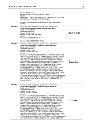 MARCAS - RPI 2246 de 21/01/2014

175

Natureza: Marca de Serviço
Elemento nominativo: ESCRITÓRIO CONTÁBIL FREIRE
NCL: 35
Especificação: CONTABILIDADE; GUARDA-LIVRO [CONTABILIDADE]; ASSESSORIA,
CONSULTORIA E INFORMAÇÃO EM CONTABILIDADE;
Procurador: Beerre Assessoria Empresarial Ltda.(Alt. de Beerre Assessoria Emp.
S/C.LTDA.)
906825466

Publicação de pedido de registro para oposição (exame formal concluído)
Titular: BÁRBARA DE ALBUQUERQUE OLIVEIRA PICONE [BR/PE]
Data de depósito: 01/10/2013
Apresentação: Nominativa
Natureza: Marca de Serviço
Elemento nominativo: HEALTH IN HOME
NCL: 44
Especificação: SAÚDE (SERVIÇOS DE -);

HEALTH IN HOME

Procurador: LEONARDO DE GODOY MACIEL
906825555

906825598

Publicação de pedido de registro para oposição (exame formal concluído)
Titular: Arpem - Participações e Comércio de Bebidas Ltda [BR/SP]
Data de depósito: 01/10/2013
Apresentação: Nominativa
Natureza: Marca de Produto
Elemento nominativo: Blackskulliron
NCL: 33
Especificação: AGUAPÉ; AGUARDENTE DE ARROZ; AGUARDENTE DESTILADA DE
VINHO OU DE SUCO DE FRUTAS; ALCOÓLICAS (BEBIDAS -) [EXCETO CERVEJA];
AMARGAS (BEBIDAS -); ANIS [LICOR]; ANISETE [LICOR DE ANIS]; APERITIVOS *;
ARACA [ÁRAQUE]; ÁRAQUE [ARACA]; ARROZ (AGUARDENTE DE -); BEBIDAS
ALCOÓLICAS [EXCETO CERVEJA]; BEBIDAS ALCOÓLICAS CONTENDO FRUTAS;
BEBIDAS ALCÓOLICAS PRONTAS; BEBIDAS DESTILADAS; COQUETÉIS *;
CURAÇAU; DESTILADAS (BEBIDAS -); DESTILADAS [BEBIDAS ALCOÓLICAS]
[ESPIRITUOSAS]; DIGESTIVOS [LICORES E DESTILADOS]; ESSÊNCIAS
ALCOÓLICAS; EXTRATOS ALCOÓLICOS; EXTRATOS DE FRUTA [ALCOÓLICOS];
FRUTAS (BEBIDAS ALCOÓLICAS CONTENDO -); GIM; HIDROMEL [MULSO];
LICORES; MENTA (LICORES DE -); MOSTO DE PÊRA [VINHO DE PÊRA]; MULSO
[HIDROMEL]; QUIRCHE [KIRSCH]; RUM; SAQUÊ; SIDRA; UÍSQUE; VINHO; VODCA;
ABSINTO [BEBIDA ALCOÓLICA]; ALGÁLIA [LICOR]; BEBIDA ENERGÉTICA
ALCOÓLICA; BEBIDA FERMENTADA ALCOÓLICA; BRANDY [BEBIDA]; CIDRA BEBIDA
ALCOÓLICA [CF. SIDRA]; ESSÊNCIA ALCOÓLICA PARA FABRICAR BEBIDAS; PÓ
PARA CAIPIRINHA; VINHO DE FRUTA; NIRA [BEBIDA ALCOÓLICA À BASE DE
CANA-DE-AÇÚCAR];
Publicação de pedido de registro para oposição (exame formal concluído)
Titular: Arpem - Participações e Comércio de Bebidas Ltda [BR/SP]
Data de depósito: 01/10/2013
Apresentação: Nominativa
Natureza: Marca de Produto
Elemento nominativo: CZASZKA
NCL: 33
Especificação: AGUAPÉ; AGUARDENTE DE ARROZ; AGUARDENTE DESTILADA DE
VINHO OU DE SUCO DE FRUTAS; ALCOÓLICAS (BEBIDAS -) [EXCETO CERVEJA];
AMARGAS (BEBIDAS -); ANIS [LICOR]; ANISETE [LICOR DE ANIS]; APERITIVOS *;
ARACA [ÁRAQUE]; ÁRAQUE [ARACA]; ARROZ (AGUARDENTE DE -); BEBIDAS
ALCOÓLICAS [EXCETO CERVEJA]; BEBIDAS ALCOÓLICAS CONTENDO FRUTAS;
BEBIDAS ALCÓOLICAS PRONTAS; BEBIDAS DESTILADAS; COQUETÉIS *;
CURAÇAU; DESTILADAS (BEBIDAS -); DESTILADAS [BEBIDAS ALCOÓLICAS]
[ESPIRITUOSAS]; DIGESTIVOS [LICORES E DESTILADOS]; ESSÊNCIAS
ALCOÓLICAS; EXTRATOS ALCOÓLICOS; EXTRATOS DE FRUTA [ALCOÓLICOS];
FRUTAS (BEBIDAS ALCOÓLICAS CONTENDO -); GIM; HIDROMEL [MULSO];
LICORES; MENTA (LICORES DE -); MOSTO DE PÊRA [VINHO DE PÊRA]; MULSO
[HIDROMEL]; QUIRCHE [KIRSCH]; RUM; SAQUÊ; SIDRA; UÍSQUE; VINHO; VODCA;
ABSINTO [BEBIDA ALCOÓLICA]; ALGÁLIA [LICOR]; BEBIDA ENERGÉTICA
ALCOÓLICA; BEBIDA FERMENTADA ALCOÓLICA; BRANDY [BEBIDA]; CIDRA BEBIDA
ALCOÓLICA [CF. SIDRA]; ESSÊNCIA ALCOÓLICA PARA FABRICAR BEBIDAS; PÓ

Blackskulliron

CZASZKA

 