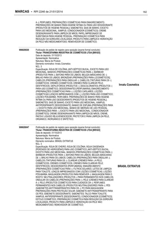 MARCAS - RPI 2246 de 21/01/2014

182

A -); PERFUMES; PREPARAÇÕES COSMÉTICAS PARA EMAGRECIMENTO;
PREPARAÇÕES DE BANHO PARA HIGIENE ÍNTIMA OU PARA USO DESODORANTE
[PRODUTOS DE HIGIENE PESSOAL]; SABONETES; SAIS DE BANHO, EXCETO
PARA USO MEDICINAL; XAMPUS; CONDICIONADOR [COSMÉTICO]; CREME
DESENGRAXANTE PARA LIMPEZA DE MÃOS; PAPEL IMPREGNADO DE
SUBSTÂNCIA PARA HIGIENE PESSOAL; PREPARAÇÃO COSMÉTICA PARA
REDUÇÃO DA GORDURA LOCALIZADA; PRODUTO PARA LIMPEZA E HIDRATAÇÃO
DA PELE NÃO MEDICAMENTOSO; REMOVEDOR DE COSMÉTICO;
906826020

906826047

Publicação de pedido de registro para oposição (exame formal concluído)
Titular: FRANCEFARMA INDÚSTRIA DE COSMÉTICOS LTDA [BR/GO]
Data de depósito: 01/10/2013
Apresentação: Nominativa
Natureza: Marca de Produto
Elemento nominativo: Innatu Cosmetics
NCL: 3
Especificação: ÁGUA DE COLÔNIA; ANTI-SÉPTICO BUCAL, EXCETO PARA USO
MEDICINAL; BANHOS (PREPARAÇÕES COSMÉTICAS PARA -); BARBEAR
(PRODUTOS PARA -); BATONS PARA OS LÁBIOS; BELEZA (MÁSCARAS DE -);
BRILHO PARA OS LÁBIOS; BRONZEAR (PREPARAÇÕES PARA-) [COSMÉTICOS];
CABELOS (PREPARAÇÕES PARA ONDULAR -); CABELOS (TINTURAS PARA OS -);
COSMÉTICOS; CREMES COSMÉTICOS; CREMES PARA CLAREAR PELE;
DENTIFRÍCIOS; DEPILATÓRIOS (PRODUTOS -); DESCOLORANTES (PRODUTOS -)
PARA USO COSMÉTICO; DESODORANTES [PERFUMARIA]; EMAGRECIMENTO
(PREPARAÇÕES COSMÉTICAS PARA -); LOÇÕES CAPILARES; LOÇÕES
COSMÉTICAS (LENÇOS IMPREGNADOS COM -); LOÇÕES PARA USO COSMÉTICO;
LOÇÕES PÓS-BARBA; PERFUMES; PREPARAÇÕES DE BANHO PARA HIGIENE
ÍNTIMA OU PARA USO DESODORANTE [PRODUTOS DE HIGIENE PESSOAL];
SABONETES; SAIS DE BANHO, EXCETO PARA USO MEDICINAL; XAMPUS;
ANTIPERSPIRANTE [DESODORANTE]; BANHO DE ESPUMA (PREPARAÇÕES PARA
- ), EXCETO PARA USO MEDICINAL; BANHO DE IMERSÃO DE USO PESSOAL
(PREPARAÇÕES PARA - ), EXCETO PARA USO MEDICINAL; CONDICIONADOR
[COSMÉTICO]; CREME DESENGRAXANTE PARA LIMPEZA DE MÃOS; CREME,
PASTA E LÍQUIDO REJUVENESCEDOR, PROTETOR E PARA LIMPEZA DA PELE,
ORGÂNICO, INORGÂNICO E SINTÉTICO;

Innatu Cosmetics

Publicação de pedido de registro para oposição (exame formal concluído)
Titular: FRANCEFARMA INDÚSTRIA DE COSMÉTICOS LTDA [BR/GO]
Data de depósito: 01/10/2013
Apresentação: Nominativa
Natureza: Marca de Produto
Elemento nominativo: BRASIL EXTRATUS
NCL: 3
Especificação: ÁGUA DE CHEIRO; ÁGUA DE COLÔNIA; ÁGUA OXIGENADA
[PERÓXIDO DE HIDROGÊNIO] PARA USO COSMÉTICO; ANTI-SÉPTICO BUCAL,
EXCETO PARA USO MEDICINAL; BANHOS (PREPARAÇÕES COSMÉTICAS PARA -);
BARBEAR (PRODUTOS PARA -); BATONS PARA OS LÁBIOS; BELEZA (MÁSCARAS
DE -); BRILHO PARA OS LÁBIOS; CABELOS (PREPARAÇÕES PARA ONDULAR -);
CABELOS (TINTURAS PARA OS -); CLAREAR (CREMES PARA -) A PELE;
COSMÉTICOS; CREMES COSMÉTICOS; CREMES PARA CLAREAR PELE;
DENTIFRÍCIOS; DESODORANTES [PERFUMARIA]; EMAGRECIMENTO
(PREPARAÇÕES COSMÉTICAS PARA -); FILTROS SOLARES; LEITES DE LIMPEZA
PARA TOALETE; LENÇOS IMPREGNADOS COM LOÇÕES COSMÉTICAS; LOÇÕES
PÓS-BARBA; MAQUIAGEM (PRODUTOS PARA REMOVER -); MAQUIAGEM PARA O
ROSTO; NEUTRALIZADORES (PRODUTOS -) PARA PERMANENTES NOS CABELOS;
ONDULAR OS CABELOS (PREPARAÇÕES PARA -); PELE (CREMES PARA CLAREAR
A -); PELE (PRODUTOS COSMÉTICOS PARA CUIDADOS DA -); PERFUMES;
PERMANENTES NOS CABELOS (PRODUTOS NEUTRALIZADORES PARA -); PÉS
(SABONETES ANTITRANSPIRANTES PARA OS -); PÓ PARA MAQUIAGEM;
PREPARAÇÕES PARA PROTEÇÃO SOLAR; SABONETE ANTITRANSPIRANTE PARA
OS PÉS; SABONETE DESODORANTE; SABONETES; TALCO PARA TOALETE;
XAMPUS; ANTIPERSPIRANTE [DESODORANTE]; CONDICIONADOR [COSMÉTICO];
ESTOJO COSMÉTICO; PREPARAÇÃO COSMÉTICA PARA REDUÇÃO DA GORDURA
LOCALIZADA; PRODUTO PARA LIMPEZA E HIDRATAÇÃO DA PELE NÃO
MEDICAMENTOSO; REMOVEDOR DE COSMÉTICO;

BRASIL EXTRATUS

 
