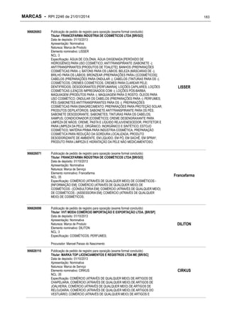 MARCAS - RPI 2246 de 21/01/2014
906826063

906826071

906826098

183

Publicação de pedido de registro para oposição (exame formal concluído)
Titular: FRANCEFARMA INDÚSTRIA DE COSMÉTICOS LTDA [BR/GO]
Data de depósito: 01/10/2013
Apresentação: Nominativa
Natureza: Marca de Produto
Elemento nominativo: LISSER
NCL: 3
Especificação: ÁGUA DE COLÔNIA; ÁGUA OXIGENADA [PERÓXIDO DE
HIDROGÊNIO] PARA USO COSMÉTICO; ANTITRANSPIRANTE (SABONETE -);
ANTITRANSPIRANTES [PRODUTOS DE TOALETE]; BANHOS (PREPARAÇÕES
COSMÉTICAS PARA -); BATONS PARA OS LÁBIOS; BELEZA (MÁSCARAS DE -);
BRILHO PARA OS LÁBIOS; BRONZEAR (PREPARAÇÕES PARA-) [COSMÉTICOS];
CABELOS (PREPARAÇÕES PARA ONDULAR -); CABELOS (TINTURAS PARA OS -);
COSMÉTICOS; CREMES COSMÉTICOS; CREMES PARA CLAREAR PELE;
DENTIFRÍCIOS; DESODORANTES [PERFUMARIA]; LOÇÕES CAPILARES; LOÇÕES
COSMÉTICAS (LENÇOS IMPREGNADOS COM -); LOÇÕES PÓS-BARBA;
MAQUIAGEM (PRODUTOS PARA -); MAQUIAGEM PARA O ROSTO; ÓLEOS PARA
USO COSMÉTICO; ONDULAR OS CABELOS (PREPARAÇÕES PARA -); PERFUMES;
PÉS (SABONETES ANTITRANSPIRANTES PARA OS -); PREPARAÇÕES
COSMÉTICAS PARA EMAGRECIMENTO; PREPARAÇÕES PARA PROTEÇÃO SOLAR;
PRODUTOS DEPILATÓRIOS; SABONETE ANTITRANSPIRANTE PARA OS PÉS;
SABONETE DESODORANTE; SABONETES; TINTURAS PARA OS CABELOS;
XAMPUS; CONDICIONADOR [COSMÉTICO]; CREME DESENGRAXANTE PARA
LIMPEZA DE MÃOS; CREME, PASTA E LÍQUIDO REJUVENESCEDOR, PROTETOR E
PARA LIMPEZA DA PELE, ORGÂNICO, INORGÂNICO E SINTÉTICO; ESTOJO
COSMÉTICO; MATÉRIA PRIMA PARA INDÚSTRIA COSMÉTICA; PREPARAÇÃO
COSMÉTICA PARA REDUÇÃO DA GORDURA LOCALIZADA; PRODUTO
DESODORIZANTE DE AMBIENTE, EM LÍQUIDO, EM PÓ, EM SACHÊ, EM SPRAY;
PRODUTO PARA LIMPEZA E HIDRATAÇÃO DA PELE NÃO MEDICAMENTOSO;

LISSER

Publicação de pedido de registro para oposição (exame formal concluído)
Titular: FRANCEFARMA INDÚSTRIA DE COSMÉTICOS LTDA [BR/GO]
Data de depósito: 01/10/2013
Apresentação: Nominativa
Natureza: Marca de Serviço
Elemento nominativo: Francefarma
NCL: 35
Especificação: COMÉRCIO (ATRAVÉS DE QUALQUER MEIO) DE COSMÉTICOS [INFORMAÇÃO EM]; COMÉRCIO (ATRAVÉS DE QUALQUER MEIO) DE
COSMÉTICOS - [CONSULTORIA EM]; COMÉRCIO (ATRAVÉS DE QUALQUER MEIO)
DE COSMÉTICOS - [ASSESSORIA EM]; COMÉRCIO (ATRAVÉS DE QUALQUER
MEIO) DE COSMÉTICOS;

Francefarma

Publicação de pedido de registro para oposição (exame formal concluído)
Titular: VVT MODA COMÉRCIO IMPORTAÇÃO E EXPORTAÇÃO LTDA. [BR/SP]
Data de depósito: 01/10/2013
Apresentação: Nominativa
Natureza: Marca de Produto
Elemento nominativo: DILITON
NCL: 3
Especificação: COSMÉTICOS; PERFUMES;

DILITON

Procurador: Manoel Paixao do Nascimento
906826110

Publicação de pedido de registro para oposição (exame formal concluído)
Titular: MARKA TOP LICENCIAMENTOS E REGISTROS LTDA ME [BR/SC]
Data de depósito: 01/10/2013
Apresentação: Nominativa
Natureza: Marca de Serviço
Elemento nominativo: CIRKUS
NCL: 35
Especificação: COMÉRCIO (ATRAVÉS DE QUALQUER MEIO) DE ARTIGOS DE
CHAPELARIA; COMÉRCIO (ATRAVÉS DE QUALQUER MEIO) DE ARTIGOS DE
JOALHERIA; COMÉRCIO (ATRAVÉS DE QUALQUER MEIO) DE ARTIGOS DE
RELOJOARIA; COMÉRCIO (ATRAVÉS DE QUALQUER MEIO) DE ARTIGOS DO
VESTUÁRIO; COMÉRCIO (ATRAVÉS DE QUALQUER MEIO) DE ARTIGOS E

CIRKUS

 