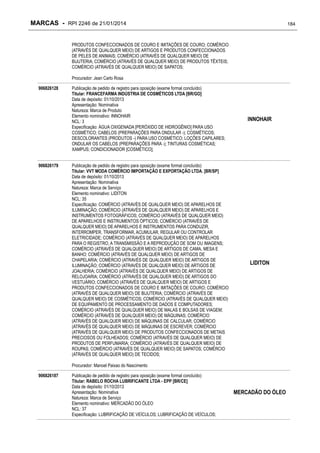 MARCAS - RPI 2246 de 21/01/2014

184

PRODUTOS CONFECCIONADOS DE COURO E IMITAÇÕES DE COURO; COMÉRCIO
(ATRAVÉS DE QUALQUER MEIO) DE ARTIGOS E PRODUTOS CONFECCIONADOS
DE PELES DE ANIMAIS; COMÉRCIO (ATRAVÉS DE QUALQUER MEIO) DE
BIJUTERIA; COMÉRCIO (ATRAVÉS DE QUALQUER MEIO) DE PRODUTOS TÊXTEIS;
COMÉRCIO (ATRAVÉS DE QUALQUER MEIO) DE SAPATOS;
Procurador: Jean Carlo Rosa
906826128

906826179

Publicação de pedido de registro para oposição (exame formal concluído)
Titular: FRANCEFARMA INDÚSTRIA DE COSMÉTICOS LTDA [BR/GO]
Data de depósito: 01/10/2013
Apresentação: Nominativa
Natureza: Marca de Produto
Elemento nominativo: INNOHAIR
NCL: 3
Especificação: ÁGUA OXIGENADA [PERÓXIDO DE HIDROGÊNIO] PARA USO
COSMÉTICO; CABELOS (PREPARAÇÕES PARA ONDULAR -); COSMÉTICOS;
DESCOLORANTES (PRODUTOS -) PARA USO COSMÉTICO; LOÇÕES CAPILARES;
ONDULAR OS CABELOS (PREPARAÇÕES PARA -); TINTURAS COSMÉTICAS;
XAMPUS; CONDICIONADOR [COSMÉTICO];
Publicação de pedido de registro para oposição (exame formal concluído)
Titular: VVT MODA COMÉRCIO IMPORTAÇÃO E EXPORTAÇÃO LTDA. [BR/SP]
Data de depósito: 01/10/2013
Apresentação: Nominativa
Natureza: Marca de Serviço
Elemento nominativo: LIDITON
NCL: 35
Especificação: COMÉRCIO (ATRAVÉS DE QUALQUER MEIO) DE APARELHOS DE
ILUMINAÇÃO; COMÉRCIO (ATRAVÉS DE QUALQUER MEIO) DE APARELHOS E
INSTRUMENTOS FOTOGRÁFICOS; COMÉRCIO (ATRAVÉS DE QUALQUER MEIO)
DE APARELHOS E INSTRUMENTOS ÓPTICOS; COMÉRCIO (ATRAVÉS DE
QUALQUER MEIO) DE APARELHOS E INSTRUMENTOS PARA CONDUZIR,
INTERROMPER, TRANSFORMAR, ACUMULAR, REGULAR OU CONTROLAR
ELETRICIDADE; COMÉRCIO (ATRAVÉS DE QUALQUER MEIO) DE APARELHOS
PARA O REGISTRO, A TRANSMISSÃO E A REPRODUÇÃO DE SOM OU IMAGENS;
COMÉRCIO (ATRAVÉS DE QUALQUER MEIO) DE ARTIGOS DE CAMA, MESA E
BANHO; COMÉRCIO (ATRAVÉS DE QUALQUER MEIO) DE ARTIGOS DE
CHAPELARIA; COMÉRCIO (ATRAVÉS DE QUALQUER MEIO) DE ARTIGOS DE
ILUMINAÇÃO; COMÉRCIO (ATRAVÉS DE QUALQUER MEIO) DE ARTIGOS DE
JOALHERIA; COMÉRCIO (ATRAVÉS DE QUALQUER MEIO) DE ARTIGOS DE
RELOJOARIA; COMÉRCIO (ATRAVÉS DE QUALQUER MEIO) DE ARTIGOS DO
VESTUÁRIO; COMÉRCIO (ATRAVÉS DE QUALQUER MEIO) DE ARTIGOS E
PRODUTOS CONFECCIONADOS DE COURO E IMITAÇÕES DE COURO; COMÉRCIO
(ATRAVÉS DE QUALQUER MEIO) DE BIJUTERIA; COMÉRCIO (ATRAVÉS DE
QUALQUER MEIO) DE COSMÉTICOS; COMÉRCIO (ATRAVÉS DE QUALQUER MEIO)
DE EQUIPAMENTO DE PROCESSAMENTO DE DADOS E COMPUTADORES;
COMÉRCIO (ATRAVÉS DE QUALQUER MEIO) DE MALAS E BOLSAS DE VIAGEM;
COMÉRCIO (ATRAVÉS DE QUALQUER MEIO) DE MÁQUINAS; COMÉRCIO
(ATRAVÉS DE QUALQUER MEIO) DE MÁQUINAS DE CALCULAR; COMÉRCIO
(ATRAVÉS DE QUALQUER MEIO) DE MÁQUINAS DE ESCREVER; COMÉRCIO
(ATRAVÉS DE QUALQUER MEIO) DE PRODUTOS CONFECCIONADOS DE METAIS
PRECIOSOS OU FOLHEADOS; COMÉRCIO (ATRAVÉS DE QUALQUER MEIO) DE
PRODUTOS DE PERFUMARIA; COMÉRCIO (ATRAVÉS DE QUALQUER MEIO) DE
ROUPAS; COMÉRCIO (ATRAVÉS DE QUALQUER MEIO) DE SAPATOS; COMÉRCIO
(ATRAVÉS DE QUALQUER MEIO) DE TECIDOS;

INNOHAIR

LIDITON

Procurador: Manoel Paixao do Nascimento
906826187

Publicação de pedido de registro para oposição (exame formal concluído)
Titular: RABELO ROCHA LUBRIFICANTE LTDA - EPP [BR/CE]
Data de depósito: 01/10/2013
Apresentação: Nominativa
Natureza: Marca de Serviço
Elemento nominativo: MERCADÃO DO ÓLEO
NCL: 37
Especificação: LUBRIFICAÇÃO DE VEÍCULOS; LUBRIFICAÇÃO DE VEÍCULOS;

MERCADÃO DO ÓLEO

 