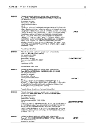 MARCAS - RPI 2246 de 21/01/2014

906826209

Publicação de pedido de registro para oposição (exame formal concluído)
Titular: MARKA TOP LICENCIAMENTOS E REGISTROS LTDA ME [BR/SC]
Data de depósito: 01/10/2013
Apresentação: Nominativa
Natureza: Marca de Produto
Elemento nominativo: CIRKUS
NCL: 25
Especificação: ARTIGOS DE MALHA [VESTUÁRIO]; AUTOMOBILISTAS (VESTUÁRIO
PARA -); BANHO (ROUPAS DE -); BERMUDAS; BLAZERS [VESTUÁRIO]; CALÇADOS
*; CALÇAS; CALÇAS COMPRIDAS; CAMISAS; CAMISETAS; CASACOS [VESTUÁRIO];
CHAPÉUS, BONÉS ETC; CINTOS [VESTUÁRIO]; COLETES; FAIXAS [VESTUÁRIO];
FAIXAS PARA A CABEÇA [VESTUÁRIO]; IMPERMEÁVEIS (ROUPAS -); ÍNTIMA
(ROUPA -); JAQUETAS; JARDINEIRAS [VESTUÁRIO]; LENÇOS DE PESCOÇO;
LINGERIE (FR.); LUVAS [VESTUÁRIO]; MACACÕES; PIJAMAS; ROUPA DE BAIXO;
ROUPA ÍNTIMA; ROUPA PARA GINÁSTICA; ROUPAS DE BANHO; ROUPÕES DE
BANHO; SAIAS; SAIAS-CALÇAS; SOBRETUDOS [VESTUÁRIO]; SUÉTERES;
SUNGAS; SUSPENSÓRIOS; SUTIÃS; TRAJES; UNIFORMES; VESTUÁRIO *; VÉUS
[VESTUÁRIO]; XALES; BERMUDA PARA PRÁTICA DE ESPORTE; BIQUÍNI; CALÇÃO
PARA BANHO; CANGA;

185

CIRKUS

Procurador: Jean Carlo Rosa
906826217

Publicação de pedido de registro para oposição (exame formal concluído)
Titular: CPX INVESTMENT LTDA. [BR/RS]
Data de depósito: 01/10/2013
Apresentação: Nominativa
Natureza: Marca de Serviço
Elemento nominativo: ECO VITTA RESORT
NCL: 43
Especificação: HOTÉIS;

ECO VITTA RESORT

Procurador: Roner Guerra Fabris
906826225

Publicação de pedido de registro para oposição (exame formal concluído)
Titular: SISTEMA ELITE DE ENSINO VALE DO ACO LTDA - EPP [BR/MG]
Data de depósito: 01/10/2013
Apresentação: Nominativa
Natureza: Marca de Serviço
Elemento nominativo: FIBONACCI
NCL: 41
Especificação: EDUCAÇÃO (SERVIÇOS DE -); ENSINO (SERVIÇOS DE -);
INFORMAÇÕES SOBRE EDUCAÇÃO [INSTRUÇÃO]; ASSESSORIA, CONSULTORIA E
INFORMAÇÃO EM EDUCAÇÃO [INSTRUÇÃO]; ASSESSORIA, CONSULTORIA E
INFORMAÇÃO ENSINO; CURSOS LIVRES [ENSINO];

FIBONACCI

Procurador: Wsouza Consultoria em Propriedade Intelectual Eireli
906826268

906826411

Publicação de pedido de registro para oposição (exame formal concluído)
Titular: LICENT PRIME BRASIL MARCAS E PATENTES EIRELI ME [BR/SC]
Data de depósito: 01/10/2013
Apresentação: Nominativa
Natureza: Marca de Serviço
Elemento nominativo: LICENT PRIME BRASIL
NCL: 45
Especificação: CONSULTORIA EM PROPRIEDADE INTELECTUAL; LICENCIAMENTO
DE PROPRIEDADE INTELECTUAL; SERVIÇO DE VIGILÂNCIA EM PROPRIEDADE
INTELECTUAL; AGENTE DA PROPRIEDADE INDUSTRIAL; ASSESSORIA,
CONSULTORIA E INFORMAÇÃO EM PATENTES E EM PROPRIEDADE INDUSTRIAL;
ASSESSORIA, CONSULTORIA E INFORMAÇÃO EM PROPRIEDADE INTELECTUAL
[SERVIÇOS JURÍDICOS];
Publicação de pedido de registro para oposição (exame formal concluído)
Titular: VVT MODA COMÉRCIO IMPORTAÇÃO E EXPORTAÇÃO LTDA. [BR/SP]
Data de depósito: 01/10/2013
Apresentação: Nominativa

LICENT PRIME BRASIL

LIDITON

 
