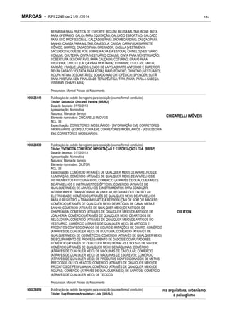 MARCAS - RPI 2246 de 21/01/2014

187

BERMUDA PARA PRÁTICA DE ESPORTE; BIQUÍNI; BLUSA MILITAR; BONÉ; BOTA
PARA OPERÁRIO; CALÇA PARA EQUITAÇÃO; CALÇADO ESPORTIVO; CALÇADO
PARA USO PROFISSIONAL; CALÇADOS PARA SNOWBOARDING; CALÇÃO PARA
BANHO; CAMISA PARA MILITAR; CAMISOLA; CANGA; CARAPUÇA [BARRETE
CÔNICO; GORRO]; CASACO PARA OPERADOR; CASULA [VESTIMENTA
SACERDOTAL QUE SE PÕE SOBRE A ALVA E A ESTOLA]; CHINELO [VESTUÁRIO
COMUM]; CHUTEIRA; CINTA [VESTUÁRIO COMUM]; CINTA PARA MENSTRUAÇÃO;
COBERTURA DESCARTÁVEL PARA CALÇADO; COTURNO; CRAVO PARA
CHUTEIRA; CULOTE [CALÇA PARA MONTARIA]; ECHARPE; ESTOLAS; FARDA;
FARDÃO; FRAQUE; JALECO; LENÇO DE LAPELA [PARTE ANTERIOR E SUPERIOR
DE UM CASACO VOLTADA PARA FORA]; MAIÔ; PONCHO; QUIMONO [VESTUÁRIO];
ROUPA ÍNTIMA DESCARTÁVEL; SOLADO NÃO ORTOPÉDICO; SPENCER; SUTIÃ
PARA POSTURA SEM FINALIDADE TERAPÊUTICA; TIRA (FAIXA) PARA A CABEÇA;
VISEIRAS [CHAPELARIA];
Procurador: Manoel Paixao do Nascimento
906826446

906826632

Publicação de pedido de registro para oposição (exame formal concluído)
Titular: Sebastião Chicareli Pereira [BR/RJ]
Data de depósito: 01/10/2013
Apresentação: Nominativa
Natureza: Marca de Serviço
Elemento nominativo: CHICARELLI IMÓVEIS
NCL: 36
Especificação: CORRETORES IMOBILIÁRIOS - [INFORMAÇÃO EM]; CORRETORES
IMOBILIÁRIOS - [CONSULTORIA EM]; CORRETORES IMOBILIÁRIOS - [ASSESSORIA
EM]; CORRETORES IMOBILIÁRIOS;
Publicação de pedido de registro para oposição (exame formal concluído)
Titular: VVT MODA COMÉRCIO IMPORTAÇÃO E EXPORTAÇÃO LTDA. [BR/SP]
Data de depósito: 01/10/2013
Apresentação: Nominativa
Natureza: Marca de Serviço
Elemento nominativo: DILITON
NCL: 35
Especificação: COMÉRCIO (ATRAVÉS DE QUALQUER MEIO) DE APARELHOS DE
ILUMINAÇÃO; COMÉRCIO (ATRAVÉS DE QUALQUER MEIO) DE APARELHOS E
INSTRUMENTOS FOTOGRÁFICOS; COMÉRCIO (ATRAVÉS DE QUALQUER MEIO)
DE APARELHOS E INSTRUMENTOS ÓPTICOS; COMÉRCIO (ATRAVÉS DE
QUALQUER MEIO) DE APARELHOS E INSTRUMENTOS PARA CONDUZIR,
INTERROMPER, TRANSFORMAR, ACUMULAR, REGULAR OU CONTROLAR
ELETRICIDADE; COMÉRCIO (ATRAVÉS DE QUALQUER MEIO) DE APARELHOS
PARA O REGISTRO, A TRANSMISSÃO E A REPRODUÇÃO DE SOM OU IMAGENS;
COMÉRCIO (ATRAVÉS DE QUALQUER MEIO) DE ARTIGOS DE CAMA, MESA E
BANHO; COMÉRCIO (ATRAVÉS DE QUALQUER MEIO) DE ARTIGOS DE
CHAPELARIA; COMÉRCIO (ATRAVÉS DE QUALQUER MEIO) DE ARTIGOS DE
JOALHERIA; COMÉRCIO (ATRAVÉS DE QUALQUER MEIO) DE ARTIGOS DE
RELOJOARIA; COMÉRCIO (ATRAVÉS DE QUALQUER MEIO) DE ARTIGOS DO
VESTUÁRIO; COMÉRCIO (ATRAVÉS DE QUALQUER MEIO) DE ARTIGOS E
PRODUTOS CONFECCIONADOS DE COURO E IMITAÇÕES DE COURO; COMÉRCIO
(ATRAVÉS DE QUALQUER MEIO) DE BIJUTERIA; COMÉRCIO (ATRAVÉS DE
QUALQUER MEIO) DE COSMÉTICOS; COMÉRCIO (ATRAVÉS DE QUALQUER MEIO)
DE EQUIPAMENTO DE PROCESSAMENTO DE DADOS E COMPUTADORES;
COMÉRCIO (ATRAVÉS DE QUALQUER MEIO) DE MALAS E BOLSAS DE VIAGEM;
COMÉRCIO (ATRAVÉS DE QUALQUER MEIO) DE MÁQUINAS; COMÉRCIO
(ATRAVÉS DE QUALQUER MEIO) DE MÁQUINAS DE CALCULAR; COMÉRCIO
(ATRAVÉS DE QUALQUER MEIO) DE MÁQUINAS DE ESCREVER; COMÉRCIO
(ATRAVÉS DE QUALQUER MEIO) DE PRODUTOS CONFECCIONADOS DE METAIS
PRECIOSOS OU FOLHEADOS; COMÉRCIO (ATRAVÉS DE QUALQUER MEIO) DE
PRODUTOS DE PERFUMARIA; COMÉRCIO (ATRAVÉS DE QUALQUER MEIO) DE
ROUPAS; COMÉRCIO (ATRAVÉS DE QUALQUER MEIO) DE SAPATOS; COMÉRCIO
(ATRAVÉS DE QUALQUER MEIO) DE TECIDOS;

CHICARELLI IMÓVEIS

DILITON

Procurador: Manoel Paixao do Nascimento
906826659

Publicação de pedido de registro para oposição (exame formal concluído)
Titular: Ruy Rezende Arquitetura Ltda [BR/RJ]

rra arquitetura, urbanismo
e paisagismo

 