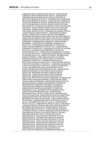 MARCAS - RPI 2246 de 21/01/2014
COMPOSIÇÃO GRÁFICA [CRIAÇÃO EM ARTE GRÁFICA] - [CONSULTORIA EM];
COMPOSIÇÃO GRÁFICA [CRIAÇÃO EM ARTE GRÁFICA] - [ASSESSORIA EM];
COMPOSIÇÃO GRÁFICA [CRIAÇÃO EM ARTE GRÁFICA]; CONCEPÇÃO DE
PROTÓTIPO [ELABORAÇÃO DE PROJETO] - [INFORMAÇÃO EM]; CONCEPÇÃO DE
PROTÓTIPO [ELABORAÇÃO DE PROJETO] - [CONSULTORIA EM]; CONCEPÇÃO DE
PROTÓTIPO [ELABORAÇÃO DE PROJETO] - [ASSESSORIA EM]; CONCEPÇÃO DE
PROTÓTIPO [ELABORAÇÃO DE PROJETO]; CRIAÇÃO E PROJETO DE PLANTA
PARA CONSTRUÇÃO - [INFORMAÇÃO EM]; CRIAÇÃO E PROJETO DE PLANTA PARA
CONSTRUÇÃO - [CONSULTORIA EM]; CRIAÇÃO E PROJETO DE PLANTA PARA
CONSTRUÇÃO - [ASSESSORIA EM]; CRIAÇÃO E PROJETO DE PLANTA PARA
CONSTRUÇÃO; DESENHO ARTÍSTICO - [INFORMAÇÃO EM]; DESENHO ARTÍSTICO
- [CONSULTORIA EM]; DESENHO ARTÍSTICO - [ASSESSORIA EM]; DESENHO
ARTÍSTICO; DESENHO DE ARTE GRÁFICA, INCLUSIVE PARA HOMEPAGE [INFORMAÇÃO EM]; DESENHO DE ARTE GRÁFICA, INCLUSIVE PARA HOMEPAGE [CONSULTORIA EM]; DESENHO DE ARTE GRÁFICA, INCLUSIVE PARA HOMEPAGE [ASSESSORIA EM]; DESENHO DE ARTE GRÁFICA, INCLUSIVE PARA HOMEPAGE;
DIAGRAMAÇÃO - [INFORMAÇÃO EM]; DIAGRAMAÇÃO - [CONSULTORIA EM];
DIAGRAMAÇÃO - [ASSESSORIA EM]; DIAGRAMAÇÃO; ENGENHARIA CIVIL
[PROJETO DE -] - [INFORMAÇÃO EM]; ENGENHARIA CIVIL [PROJETO DE -] [CONSULTORIA EM]; ENGENHARIA CIVIL [PROJETO DE -] - [ASSESSORIA EM];
ENGENHARIA CIVIL [PROJETO DE -]; ENGENHARIA DE CONTROLE DE QUALIDADE
[PROJETO DE -] - [INFORMAÇÃO EM]; ENGENHARIA DE CONTROLE DE
QUALIDADE [PROJETO DE -] - [CONSULTORIA EM]; ENGENHARIA DE CONTROLE
DE QUALIDADE [PROJETO DE -] - [ASSESSORIA EM]; ENGENHARIA DE CONTROLE
DE QUALIDADE [PROJETO DE -]; MAQUETE ELETRÔNICA - [INFORMAÇÃO EM];
MAQUETE ELETRÔNICA - [CONSULTORIA EM]; MAQUETE ELETRÔNICA [ASSESSORIA EM]; MAQUETE ELETRÔNICA; MAQUETES E PROTÓTIPOS
[CONCEPÇÃO E PROJETOS DE -] - [INFORMAÇÃO EM]; MAQUETES E
PROTÓTIPOS [CONCEPÇÃO E PROJETOS DE -] - [CONSULTORIA EM]; MAQUETES
E PROTÓTIPOS [CONCEPÇÃO E PROJETOS DE -] - [ASSESSORIA EM]; MAQUETES
E PROTÓTIPOS [CONCEPÇÃO E PROJETOS DE -]; MUSEOLOGIA [PESQUISA E
ESTUDO] - [INFORMAÇÃO EM]; MUSEOLOGIA [PESQUISA E ESTUDO] [CONSULTORIA EM]; MUSEOLOGIA [PESQUISA E ESTUDO] - [ASSESSORIA EM];
MUSEOLOGIA [PESQUISA E ESTUDO]; PERÍCIA TÉCNICA NA ÁREA DE
ARQUITETURA - [INFORMAÇÃO EM]; PERÍCIA TÉCNICA NA ÁREA DE
ARQUITETURA - [CONSULTORIA EM]; PERÍCIA TÉCNICA NA ÁREA DE
ARQUITETURA - [ASSESSORIA EM]; PERÍCIA TÉCNICA NA ÁREA DE
ARQUITETURA; PERÍCIA TÉCNICA NA ÁREA DE ENGENHARIA - [INFORMAÇÃO EM];
PERÍCIA TÉCNICA NA ÁREA DE ENGENHARIA - [CONSULTORIA EM]; PERÍCIA
TÉCNICA NA ÁREA DE ENGENHARIA - [ASSESSORIA EM]; PERÍCIA TÉCNICA NA
ÁREA DE ENGENHARIA; PLANIMETRIA [LEVANTAMENTO TOPOGRÁFICO] [INFORMAÇÃO EM]; PLANIMETRIA [LEVANTAMENTO TOPOGRÁFICO] [CONSULTORIA EM]; PLANIMETRIA [LEVANTAMENTO TOPOGRÁFICO] [ASSESSORIA EM]; PLANIMETRIA [LEVANTAMENTO TOPOGRÁFICO];
PROGRAMAÇÃO VISUAL - [INFORMAÇÃO EM]; PROGRAMAÇÃO VISUAL [CONSULTORIA EM]; PROGRAMAÇÃO VISUAL - [ASSESSORIA EM];
PROGRAMAÇÃO VISUAL; PROJETO DE ARQUITETURA - [INFORMAÇÃO EM];
PROJETO DE ARQUITETURA - [CONSULTORIA EM]; PROJETO DE ARQUITETURA [ASSESSORIA EM]; PROJETO DE ARQUITETURA; PROJETO DE DECORAÇÃO [INFORMAÇÃO EM]; PROJETO DE DECORAÇÃO - [CONSULTORIA EM]; PROJETO
DE DECORAÇÃO - [ASSESSORIA EM]; PROJETO DE DECORAÇÃO; PROJETO E
CÁLCULO - [INFORMAÇÃO EM]; PROJETO E CÁLCULO - [CONSULTORIA EM];
PROJETO E CÁLCULO - [ASSESSORIA EM]; PROJETO E CÁLCULO; SERVIÇOS DE
ILUSTRAÇÕES GRÁFICAS, TÉCNICAS E SIMULAÇÕES GRÁFICAS DE PROJETO [INFORMAÇÃO EM]; SERVIÇOS DE ILUSTRAÇÕES GRÁFICAS, TÉCNICAS E
SIMULAÇÕES GRÁFICAS DE PROJETO - [CONSULTORIA EM]; SERVIÇOS DE
ILUSTRAÇÕES GRÁFICAS, TÉCNICAS E SIMULAÇÕES GRÁFICAS DE PROJETO [ASSESSORIA EM]; SERVIÇOS DE ILUSTRAÇÕES GRÁFICAS, TÉCNICAS E
SIMULAÇÕES GRÁFICAS DE PROJETO; SERVIÇOS DE PROJETOS
ARQUITETÔNICOS DE CASAS POPULARES, PRESTADOS A TÍTULO DE
ASSISTÊNCIA SOCIAL - [INFORMAÇÃO EM]; SERVIÇOS DE PROJETOS
ARQUITETÔNICOS DE CASAS POPULARES, PRESTADOS A TÍTULO DE
ASSISTÊNCIA SOCIAL - [CONSULTORIA EM]; SERVIÇOS DE PROJETOS
ARQUITETÔNICOS DE CASAS POPULARES, PRESTADOS A TÍTULO DE
ASSISTÊNCIA SOCIAL - [ASSESSORIA EM]; SERVIÇOS DE PROJETOS
ARQUITETÔNICOS DE CASAS POPULARES, PRESTADOS A TÍTULO DE
ASSISTÊNCIA SOCIAL; SERVIÇOS DE SINALIZAÇÃO [PROJETOS
ARQUITETÔNICOS E ENGENHARIA] - [INFORMAÇÃO EM]; SERVIÇOS DE

189

 