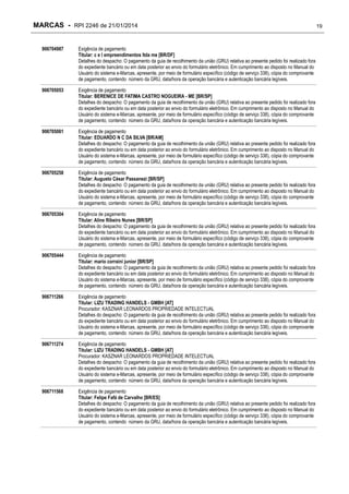 MARCAS - RPI 2246 de 21/01/2014
906704987

Exigência de pagamento
Titular: c e l empreendimentos ltda me [BR/DF]
Detalhes do despacho: O pagamento da guia de recolhimento da união (GRU) relativa ao presente pedido foi realizado fora
do expediente bancário ou em data posterior ao envio do formulário eletrônico. Em cumprimento ao disposto no Manual do
Usuário do sistema e-Marcas, apresente, por meio de formulário específico (código de serviço 338), cópia do comprovante
de pagamento, contendo número da GRU, data/hora da operação bancária e autenticação bancária legíveis.

906705053

Exigência de pagamento
Titular: BERENICE DE FATIMA CASTRO NOGUEIRA - ME [BR/SP]
Detalhes do despacho: O pagamento da guia de recolhimento da união (GRU) relativa ao presente pedido foi realizado fora
do expediente bancário ou em data posterior ao envio do formulário eletrônico. Em cumprimento ao disposto no Manual do
Usuário do sistema e-Marcas, apresente, por meio de formulário específico (código de serviço 338), cópia do comprovante
de pagamento, contendo número da GRU, data/hora da operação bancária e autenticação bancária legíveis.

906705061

Exigência de pagamento
Titular: EDUARDO N C DA SILVA [BR/AM]
Detalhes do despacho: O pagamento da guia de recolhimento da união (GRU) relativa ao presente pedido foi realizado fora
do expediente bancário ou em data posterior ao envio do formulário eletrônico. Em cumprimento ao disposto no Manual do
Usuário do sistema e-Marcas, apresente, por meio de formulário específico (código de serviço 338), cópia do comprovante
de pagamento, contendo número da GRU, data/hora da operação bancária e autenticação bancária legíveis.

906705258

Exigência de pagamento
Titular: Augusto César Passanezi [BR/SP]
Detalhes do despacho: O pagamento da guia de recolhimento da união (GRU) relativa ao presente pedido foi realizado fora
do expediente bancário ou em data posterior ao envio do formulário eletrônico. Em cumprimento ao disposto no Manual do
Usuário do sistema e-Marcas, apresente, por meio de formulário específico (código de serviço 338), cópia do comprovante
de pagamento, contendo número da GRU, data/hora da operação bancária e autenticação bancária legíveis.

906705304

Exigência de pagamento
Titular: Aline Ribeiro Nunes [BR/SP]
Detalhes do despacho: O pagamento da guia de recolhimento da união (GRU) relativa ao presente pedido foi realizado fora
do expediente bancário ou em data posterior ao envio do formulário eletrônico. Em cumprimento ao disposto no Manual do
Usuário do sistema e-Marcas, apresente, por meio de formulário específico (código de serviço 338), cópia do comprovante
de pagamento, contendo número da GRU, data/hora da operação bancária e autenticação bancária legíveis.

906705444

Exigência de pagamento
Titular: mario corraini junior [BR/SP]
Detalhes do despacho: O pagamento da guia de recolhimento da união (GRU) relativa ao presente pedido foi realizado fora
do expediente bancário ou em data posterior ao envio do formulário eletrônico. Em cumprimento ao disposto no Manual do
Usuário do sistema e-Marcas, apresente, por meio de formulário específico (código de serviço 338), cópia do comprovante
de pagamento, contendo número da GRU, data/hora da operação bancária e autenticação bancária legíveis.

906711266

Exigência de pagamento
Titular: LIZU TRADING HANDELS - GMBH [AT]
Procurador: KASZNAR LEONARDOS PROPRIEDADE INTELECTUAL
Detalhes do despacho: O pagamento da guia de recolhimento da união (GRU) relativa ao presente pedido foi realizado fora
do expediente bancário ou em data posterior ao envio do formulário eletrônico. Em cumprimento ao disposto no Manual do
Usuário do sistema e-Marcas, apresente, por meio de formulário específico (código de serviço 338), cópia do comprovante
de pagamento, contendo número da GRU, data/hora da operação bancária e autenticação bancária legíveis.

906711274

Exigência de pagamento
Titular: LIZU TRADING HANDELS - GMBH [AT]
Procurador: KASZNAR LEONARDOS PROPRIEDADE INTELECTUAL
Detalhes do despacho: O pagamento da guia de recolhimento da união (GRU) relativa ao presente pedido foi realizado fora
do expediente bancário ou em data posterior ao envio do formulário eletrônico. Em cumprimento ao disposto no Manual do
Usuário do sistema e-Marcas, apresente, por meio de formulário específico (código de serviço 338), cópia do comprovante
de pagamento, contendo número da GRU, data/hora da operação bancária e autenticação bancária legíveis.

906711568

Exigência de pagamento
Titular: Felipe Fafá de Carvalho [BR/ES]
Detalhes do despacho: O pagamento da guia de recolhimento da união (GRU) relativa ao presente pedido foi realizado fora
do expediente bancário ou em data posterior ao envio do formulário eletrônico. Em cumprimento ao disposto no Manual do
Usuário do sistema e-Marcas, apresente, por meio de formulário específico (código de serviço 338), cópia do comprovante
de pagamento, contendo número da GRU, data/hora da operação bancária e autenticação bancária legíveis.

19

 