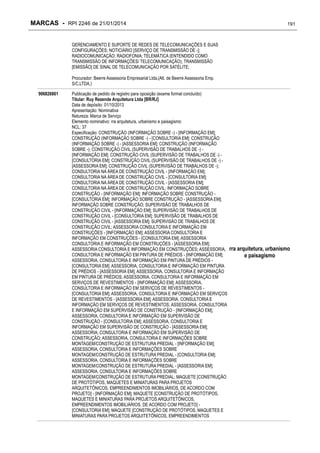 MARCAS - RPI 2246 de 21/01/2014

191

GERENCIAMENTO E SUPORTE DE REDES DE TELECOMUNICAÇÕES E SUAS
CONFIGURAÇÕES; NOTICIÁRIO [SERVIÇO DE TRANSMISSÃO DE -];
RADIOCOMUNICAÇÃO; RADIOFONIA; TELEMÁTICA (ENTENDIDO COMO
TRANSMISSÃO DE INFORMAÇÕES/ TELECOMUNICAÇÃO); TRANSMISSÃO
[EMISSÃO] DE SINAL DE TELECOMUNICAÇÃO POR SATÉLITE;
Procurador: Beerre Assessoria Empresarial Ltda.(Alt. de Beerre Assessoria Emp.
S/C.LTDA.)
906826861

Publicação de pedido de registro para oposição (exame formal concluído)
Titular: Ruy Rezende Arquitetura Ltda [BR/RJ]
Data de depósito: 01/10/2013
Apresentação: Nominativa
Natureza: Marca de Serviço
Elemento nominativo: rra arquitetura, urbanismo e paisagismo
NCL: 37
Especificação: CONSTRUÇÃO (INFORMAÇÃO SOBRE -) - [INFORMAÇÃO EM];
CONSTRUÇÃO (INFORMAÇÃO SOBRE -) - [CONSULTORIA EM]; CONSTRUÇÃO
(INFORMAÇÃO SOBRE -) - [ASSESSORIA EM]; CONSTRUÇÃO (INFORMAÇÃO
SOBRE -); CONSTRUÇÃO CIVIL (SUPERVISÃO DE TRABALHOS DE -) [INFORMAÇÃO EM]; CONSTRUÇÃO CIVIL (SUPERVISÃO DE TRABALHOS DE -) [CONSULTORIA EM]; CONSTRUÇÃO CIVIL (SUPERVISÃO DE TRABALHOS DE -) [ASSESSORIA EM]; CONSTRUÇÃO CIVIL (SUPERVISÃO DE TRABALHOS DE -);
CONSULTORIA NA ÁREA DE CONSTRUÇÃO CIVIL - [INFORMAÇÃO EM];
CONSULTORIA NA ÁREA DE CONSTRUÇÃO CIVIL - [CONSULTORIA EM];
CONSULTORIA NA ÁREA DE CONSTRUÇÃO CIVIL - [ASSESSORIA EM];
CONSULTORIA NA ÁREA DE CONSTRUÇÃO CIVIL; INFORMAÇÃO SOBRE
CONSTRUÇÃO - [INFORMAÇÃO EM]; INFORMAÇÃO SOBRE CONSTRUÇÃO [CONSULTORIA EM]; INFORMAÇÃO SOBRE CONSTRUÇÃO - [ASSESSORIA EM];
INFORMAÇÃO SOBRE CONSTRUÇÃO; SUPERVISÃO DE TRABALHOS DE
CONSTRUÇÃO CIVIL - [INFORMAÇÃO EM]; SUPERVISÃO DE TRABALHOS DE
CONSTRUÇÃO CIVIL - [CONSULTORIA EM]; SUPERVISÃO DE TRABALHOS DE
CONSTRUÇÃO CIVIL - [ASSESSORIA EM]; SUPERVISÃO DE TRABALHOS DE
CONSTRUÇÃO CIVIL; ASSESSORIA CONSULTORIA E INFORMAÇÃO EM
CONSTRUÇÕES - [INFORMAÇÃO EM]; ASSESSORIA CONSULTORIA E
INFORMAÇÃO EM CONSTRUÇÕES - [CONSULTORIA EM]; ASSESSORIA
CONSULTORIA E INFORMAÇÃO EM CONSTRUÇÕES - [ASSESSORIA EM];
ASSESSORIA CONSULTORIA E INFORMAÇÃO EM CONSTRUÇÕES; ASSESSORIA,
CONSULTORIA E INFORMAÇÃO EM PINTURA DE PRÉDIOS - [INFORMAÇÃO EM];
ASSESSORIA, CONSULTORIA E INFORMAÇÃO EM PINTURA DE PRÉDIOS [CONSULTORIA EM]; ASSESSORIA, CONSULTORIA E INFORMAÇÃO EM PINTURA
DE PRÉDIOS - [ASSESSORIA EM]; ASSESSORIA, CONSULTORIA E INFORMAÇÃO
EM PINTURA DE PRÉDIOS; ASSESSORIA, CONSULTORIA E INFORMAÇÃO EM
SERVIÇOS DE REVESTIMENTOS - [INFORMAÇÃO EM]; ASSESSORIA,
CONSULTORIA E INFORMAÇÃO EM SERVIÇOS DE REVESTIMENTOS [CONSULTORIA EM]; ASSESSORIA, CONSULTORIA E INFORMAÇÃO EM SERVIÇOS
DE REVESTIMENTOS - [ASSESSORIA EM]; ASSESSORIA, CONSULTORIA E
INFORMAÇÃO EM SERVIÇOS DE REVESTIMENTOS; ASSESSORIA, CONSULTORIA
E INFORMAÇÃO EM SUPERVISÃO DE CONSTRUÇÃO - [INFORMAÇÃO EM];
ASSESSORIA, CONSULTORIA E INFORMAÇÃO EM SUPERVISÃO DE
CONSTRUÇÃO - [CONSULTORIA EM]; ASSESSORIA, CONSULTORIA E
INFORMAÇÃO EM SUPERVISÃO DE CONSTRUÇÃO - [ASSESSORIA EM];
ASSESSORIA, CONSULTORIA E INFORMAÇÃO EM SUPERVISÃO DE
CONSTRUÇÃO; ASSESSORIA, CONSULTORIA E INFORMAÇÕES SOBRE
MONTAGEM/CONSTRUÇÃO DE ESTRUTURA PREDIAL - [INFORMAÇÃO EM];
ASSESSORIA, CONSULTORIA E INFORMAÇÕES SOBRE
MONTAGEM/CONSTRUÇÃO DE ESTRUTURA PREDIAL - [CONSULTORIA EM];
ASSESSORIA, CONSULTORIA E INFORMAÇÕES SOBRE
MONTAGEM/CONSTRUÇÃO DE ESTRUTURA PREDIAL - [ASSESSORIA EM];
ASSESSORIA, CONSULTORIA E INFORMAÇÕES SOBRE
MONTAGEM/CONSTRUÇÃO DE ESTRUTURA PREDIAL; MAQUETE [CONSTRUÇÃO
DE PROTÓTIPOS, MAQUETES E MINIATURAS PARA PROJETOS
ARQUITETÔNICOS, EMPREENDIMENTOS IMOBILIÁRIOS, DE ACORDO COM
PROJETO] - [INFORMAÇÃO EM]; MAQUETE [CONSTRUÇÃO DE PROTÓTIPOS,
MAQUETES E MINIATURAS PARA PROJETOS ARQUITETÔNICOS,
EMPREENDIMENTOS IMOBILIÁRIOS, DE ACORDO COM PROJETO] [CONSULTORIA EM]; MAQUETE [CONSTRUÇÃO DE PROTÓTIPOS, MAQUETES E
MINIATURAS PARA PROJETOS ARQUITETÔNICOS, EMPREENDIMENTOS

rra arquitetura, urbanismo
e paisagismo

 