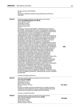 MARCAS - RPI 2246 de 21/01/2014

200

Elemento nominativo: DOCE TERNURA
NCL: 35
Especificação: COMÉRCIO (ATRAVÉS DE QUALQUER MEIO) DE ARTIGOS DO
VESTUÁRIO;
906827663

Publicação de pedido de registro para oposição (exame formal concluído)
Titular: VMX ARMAZÉNS GERAIS LTDA. [BR/SP]
Data de depósito: 01/10/2013
Apresentação: Nominativa
Natureza: Marca de Serviço
Elemento nominativo: VMX
NCL: 37
Especificação: ALUGUEL DE BULDÔZERES - [INFORMAÇÃO EM]; ALUGUEL DE
BULDÔZERES - [CONSULTORIA EM]; ALUGUEL DE BULDÔZERES - [ASSESSORIA
EM]; ALUGUEL DE BULDÔZERES; ALUGUEL DE EQUIPAMENTO DE CONSTRUÇÃO
- [INFORMAÇÃO EM]; ALUGUEL DE EQUIPAMENTO DE CONSTRUÇÃO [CONSULTORIA EM]; ALUGUEL DE EQUIPAMENTO DE CONSTRUÇÃO [ASSESSORIA EM]; ALUGUEL DE EQUIPAMENTO DE CONSTRUÇÃO; ALUGUEL DE
EQUIPAMENTOS DE LIMPEZA - [INFORMAÇÃO EM]; ALUGUEL DE EQUIPAMENTOS
DE LIMPEZA - [CONSULTORIA EM]; ALUGUEL DE EQUIPAMENTOS DE LIMPEZA [ASSESSORIA EM]; ALUGUEL DE EQUIPAMENTOS DE LIMPEZA; ALUGUEL DE
ESCAVADEIRAS - [INFORMAÇÃO EM]; ALUGUEL DE ESCAVADEIRAS [CONSULTORIA EM]; ALUGUEL DE ESCAVADEIRAS - [ASSESSORIA EM]; ALUGUEL
DE ESCAVADEIRAS; ALUGUEL DE GUINDASTE - [INFORMAÇÃO EM]; ALUGUEL DE
GUINDASTE - [CONSULTORIA EM]; ALUGUEL DE GUINDASTE - [ASSESSORIA EM];
ALUGUEL DE GUINDASTE; ALUGUEL DE MÁQUINA PARA LIMPEZA - [INFORMAÇÃO
EM]; ALUGUEL DE MÁQUINA PARA LIMPEZA - [CONSULTORIA EM]; ALUGUEL DE
MÁQUINA PARA LIMPEZA - [ASSESSORIA EM]; ALUGUEL DE MÁQUINA PARA
LIMPEZA; ASSESSORIA CONSULTORIA E INFORMAÇÃO EM CONSTRUÇÕES [INFORMAÇÃO EM]; ASSESSORIA CONSULTORIA E INFORMAÇÃO EM
CONSTRUÇÕES - [CONSULTORIA EM]; ASSESSORIA CONSULTORIA E
INFORMAÇÃO EM CONSTRUÇÕES - [ASSESSORIA EM]; ASSESSORIA
CONSULTORIA E INFORMAÇÃO EM CONSTRUÇÕES; ASSESSORIA, CONSULTORIA
E INFORMAÇÃO EM ALUGUEL DE EQUIPAMENTOS PARA CONSTRUÇÃO [INFORMAÇÃO EM]; ASSESSORIA, CONSULTORIA E INFORMAÇÃO EM ALUGUEL
DE EQUIPAMENTOS PARA CONSTRUÇÃO - [CONSULTORIA EM]; ASSESSORIA,
CONSULTORIA E INFORMAÇÃO EM ALUGUEL DE EQUIPAMENTOS PARA
CONSTRUÇÃO - [ASSESSORIA EM]; ASSESSORIA, CONSULTORIA E INFORMAÇÃO
EM ALUGUEL DE EQUIPAMENTOS PARA CONSTRUÇÃO; ALUGUEL DE
COMPRESSORES - [INFORMAÇÃO EM]; ALUGUEL DE COMPRESSORES [CONSULTORIA EM]; ALUGUEL DE COMPRESSORES - [ASSESSORIA EM];
ALUGUEL DE COMPRESSORES; ALUGUEL DE BOMBAS DE DRENAGEM [INFORMAÇÃO EM]; ALUGUEL DE BOMBAS DE DRENAGEM - [CONSULTORIA EM];
ALUGUEL DE BOMBAS DE DRENAGEM - [ASSESSORIA EM]; ALUGUEL DE BOMBAS
DE DRENAGEM;

VMX

Procurador: City Patentes e Marcas Ltda.
906827825

Publicação de pedido de registro para oposição (exame formal concluído)
Titular: RICLAN S/A [BR/SP]
Data de depósito: 01/10/2013
Apresentação: Nominativa
Natureza: Marca de Produto
Elemento nominativo: FUT JELLY
NCL: 30
Especificação: BARRAS DE CEREAIS HIPERPROTÉICAS; CARAMELOS [DOCES];
CHOCOLATE; DOCES [CONFEITOS]; DOCES*; GOMAS DE MASCAR; PASTILHAS
[CONFEITOS]; BALA COMESTÍVEL; BARRA DIETÉTICA DE CEREAIS;

FUT JELLY

Procurador: Luiz Antonio Ricco Nunes
906828023

Publicação de pedido de registro para oposição (exame formal concluído)
Titular: Neo Nutri Suplementos Nutricionais Ltda. [BR/MG]
Data de depósito: 01/10/2013
Apresentação: Nominativa
Natureza: Marca de Produto
Elemento nominativo: THE KING

THE KING

 