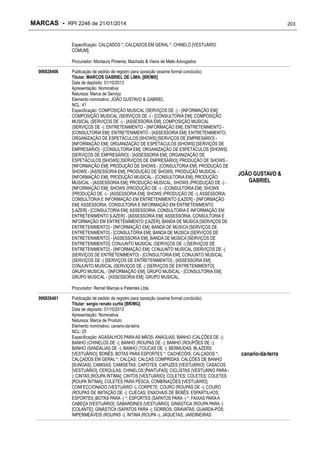 MARCAS - RPI 2246 de 21/01/2014

203

Especificação: CALÇADOS *; CALÇADOS EM GERAL *; CHINELO [VESTUÁRIO
COMUM];
Procurador: Montaury Pimenta, Machado & Vieira de Mello Advogados
906828406

Publicação de pedido de registro para oposição (exame formal concluído)
Titular: MARCOS GABRIEL DE LIMA. [BR/MS]
Data de depósito: 01/10/2013
Apresentação: Nominativa
Natureza: Marca de Serviço
Elemento nominativo: JOÃO GUSTAVO & GABRIEL
NCL: 41
Especificação: COMPOSIÇÃO MUSICAL (SERVIÇOS DE -) - [INFORMAÇÃO EM];
COMPOSIÇÃO MUSICAL (SERVIÇOS DE -) - [CONSULTORIA EM]; COMPOSIÇÃO
MUSICAL (SERVIÇOS DE -) - [ASSESSORIA EM]; COMPOSIÇÃO MUSICAL
(SERVIÇOS DE -); ENTRETENIMENTO - [INFORMAÇÃO EM]; ENTRETENIMENTO [CONSULTORIA EM]; ENTRETENIMENTO - [ASSESSORIA EM]; ENTRETENIMENTO;
ORGANIZAÇÃO DE ESPETÁCULOS [SHOWS] [SERVIÇOS DE EMPRESÁRIO] [INFORMAÇÃO EM]; ORGANIZAÇÃO DE ESPETÁCULOS [SHOWS] [SERVIÇOS DE
EMPRESÁRIO] - [CONSULTORIA EM]; ORGANIZAÇÃO DE ESPETÁCULOS [SHOWS]
[SERVIÇOS DE EMPRESÁRIO] - [ASSESSORIA EM]; ORGANIZAÇÃO DE
ESPETÁCULOS [SHOWS] [SERVIÇOS DE EMPRESÁRIO]; PRODUÇÃO DE SHOWS [INFORMAÇÃO EM]; PRODUÇÃO DE SHOWS - [CONSULTORIA EM]; PRODUÇÃO DE
SHOWS - [ASSESSORIA EM]; PRODUÇÃO DE SHOWS; PRODUÇÃO MUSICAL [INFORMAÇÃO EM]; PRODUÇÃO MUSICAL - [CONSULTORIA EM]; PRODUÇÃO
MUSICAL - [ASSESSORIA EM]; PRODUÇÃO MUSICAL; SHOWS (PRODUÇÃO DE -) [INFORMAÇÃO EM]; SHOWS (PRODUÇÃO DE -) - [CONSULTORIA EM]; SHOWS
(PRODUÇÃO DE -) - [ASSESSORIA EM]; SHOWS (PRODUÇÃO DE -); ASSESSORIA,
CONSULTORIA E INFORMAÇÃO EM ENTRETENIMENTO [LAZER] - [INFORMAÇÃO
EM]; ASSESSORIA, CONSULTORIA E INFORMAÇÃO EM ENTRETENIMENTO
[LAZER] - [CONSULTORIA EM]; ASSESSORIA, CONSULTORIA E INFORMAÇÃO EM
ENTRETENIMENTO [LAZER] - [ASSESSORIA EM]; ASSESSORIA, CONSULTORIA E
INFORMAÇÃO EM ENTRETENIMENTO [LAZER]; BANDA DE MÚSICA [SERVIÇOS DE
ENTRETENIMENTO] - [INFORMAÇÃO EM]; BANDA DE MÚSICA [SERVIÇOS DE
ENTRETENIMENTO] - [CONSULTORIA EM]; BANDA DE MÚSICA [SERVIÇOS DE
ENTRETENIMENTO] - [ASSESSORIA EM]; BANDA DE MÚSICA [SERVIÇOS DE
ENTRETENIMENTO]; CONJUNTO MUSICAL (SERVIÇOS DE -) [SERVIÇOS DE
ENTRETENIMENTO] - [INFORMAÇÃO EM]; CONJUNTO MUSICAL (SERVIÇOS DE -)
[SERVIÇOS DE ENTRETENIMENTO] - [CONSULTORIA EM]; CONJUNTO MUSICAL
(SERVIÇOS DE -) [SERVIÇOS DE ENTRETENIMENTO] - [ASSESSORIA EM];
CONJUNTO MUSICAL (SERVIÇOS DE -) [SERVIÇOS DE ENTRETENIMENTO];
GRUPO MUSICAL - [INFORMAÇÃO EM]; GRUPO MUSICAL - [CONSULTORIA EM];
GRUPO MUSICAL - [ASSESSORIA EM]; GRUPO MUSICAL;

JOÃO GUSTAVO &
GABRIEL

Procurador: Remat Marcas e Patentes Ltda.
906828481

Publicação de pedido de registro para oposição (exame formal concluído)
Titular: sergio renato curtis [BR/MG]
Data de depósito: 01/10/2013
Apresentação: Nominativa
Natureza: Marca de Produto
Elemento nominativo: canario-da-terra
NCL: 25
Especificação: AGASALHOS PARA AS MÃOS; ANÁGUAS; BANHO (CALÇÕES DE -);
BANHO (CHINELOS DE -); BANHO (ROUPAS DE -); BANHO (ROUPÕES DE -);
BANHO (SANDÁLIAS DE -); BANHO (TOUCAS DE -); BERMUDAS; BLAZERS
[VESTUÁRIO]; BONÉS; BOTAS PARA ESPORTES *; CACHECÓIS; CALÇADOS *;
CALÇADOS EM GERAL *; CALÇAS; CALÇAS COMPRIDAS; CALÇÕES DE BANHO
[SUNGAS]; CAMISAS; CAMISETAS; CAPOTES; CAPUZES [VESTUÁRIO]; CASACOS
[VESTUÁRIO]; CEROULAS; CHINELOS [PANTUFAS]; CICLISTAS (VESTUÁRIO PARA ); CINTAS [ROUPA ÍNTIMA]; CINTOS [VESTUÁRIO]; COLETES; COLETES; COLETES
[ROUPA ÍNTIMA]; COLETES PARA PESCA; COMBINAÇÕES [VESTUÁRIO];
CONFECCIONADO (VESTUÁRIO -); CORPETE; COURO (ROUPAS DE -); COURO
(ROUPAS DE IMITAÇÃO DE -); CUECAS; ENXOVAIS DE BEBÊS; ESPARTILHOS;
ESPORTES (BOTAS PARA -) *; ESPORTES (SAPATOS PARA -) *; FAIXAS PARA A
CABEÇA [VESTUÁRIO]; GABARDINES [VESTUÁRIO]; GINÁSTICA (ROUPA PARA -)
[COLANTE]; GINÁSTICA (SAPATOS PARA -); GORROS; GRAVATAS; GUARDA-PÓS;
IMPERMEÁVEIS (ROUPAS -); ÍNTIMA (ROUPA -); JAQUETAS; JARDINEIRAS

canario-da-terra

 