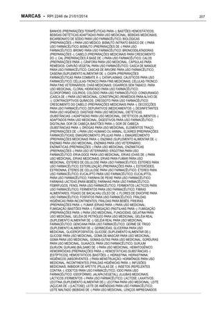 MARCAS - RPI 2246 de 21/01/2014
BANHOS (PREPARAÇÕES TERAPÊUTICAS PARA -); BASTÕES HEMOSTÁTICOS;
BEBIDAS DIETÉTICAS ADAPTADAS PARA USO MEDICINAL; BEBIDAS MEDICINAIS;
BICARBONATO DE SÓDIO PARA USO FARMACÊUTICO; BIOLÓGICAS
(PREPARAÇÕES -) PARA USO MÉDICO; BISMUTO (NITRATO BÁSICO DE -) PARA
USO FARMACÊUTICO; BISMUTO (PREPARAÇÕES DE -) PARA USO
FARMACÊUTICO; BROMO PARA USO FARMACÊUTICO; BRONCODILATADORAS
(PREPARAÇÕES -); CABELO (PREPARAÇÕES MEDICINAIS PARA CRESCIMENTO
DO -); CAL (PREPARAÇÕES À BASE DE -) PARA USO FARMACÊUTICO; CALOS
(PREPARAÇÕES PARA -); CÂNFORA PARA USO MEDICINAL; CÁPSULAS PARA
REMÉDIOS; CARVÃO VEGETAL PARA USO FARMACÊUTICO; CASCA DE MANGUE
PARA USO FARMACÊUTICO; CASCAS DE ÁRVORE PARA USO FARMACÊUTICO;
CASEÍNA (SUPLEMENTO ALIMENTAR DE -); CASPA (PREPARAÇÕES
FARMACÊUTICAS PARA COMBATE À -); CATAPLASMAS; CÁUSTICOS PARA USO
FARMACÊUTICO; CÉLULAS-TRONCO PARA FINS MEDICINAIS; CÉLULAS-TRONCO
PARA FINS VETERINÁRIOS; CHÁS MEDICINAIS; CIGARROS SEM TABACO, PARA
USO MEDICINAL; CLORAL HIDRATADO PARA USO FARMACÊUTICO;
CLOROFÓRMIO; COLÍRIOS; COLÓDIO PARA USO FARMACÊUTICO; CONDURANGO
(CASCA DE -) PARA USO MEDICINAL; CONSTIPAÇÃO (REMÉDIOS PARA ALÍVIO DE
-); CONTRACEPTIVOS QUÍMICOS; CREOSOTO PARA USO FARMACÊUTICO;
CRESCIMENTO DO CABELO (PREPARAÇÕES MEDICINAIS PARA -); DECOCÇÕES
PARA USO FARMACÊUTICO; DEPURATIVOS (MEDICAMENTOS -); DESINFETANTES
PARA USO HIGIÊNICO; DIÁSTASE PARA USO MEDICINAL; DIETÉTICAS
(SUBSTÂNCIAS -) ADAPTADAS PARA USO MEDICINAL; DIETÉTICOS (ALIMENTOS -)
ADAPTADOS PARA USO MEDICINAL; DIGESTIVOS PARA USO FARMACÊUTICO;
DIGITALINA; DOR DE CABEÇA (BASTÕES PARA -); DOR DE CABEÇA
(SUBSTÂNCIAS PARA -); DROGAS PARA USO MEDICINAL; ELEMENTOS TRAÇO
(PREPARAÇÕES DE -) PARA USO HUMANO OU ANIMAL; ELIXIRES [PREPARAÇÕES
FARMACÊUTICAS]; EMAGRECIMENTO (PÍLULAS PARA -); EMAGRECIMENTO
(PREPARAÇÕES MEDICINAIS PARA -); ENZIMAS (SUPLEMENTO ALIMENTAR DE -);
ENZIMAS PARA USO MEDICINAL; ENZIMAS PARA USO VETERINÁRIO;
ENZIMÁTICAS (PREPARAÇÕES -) PARA USO MEDICINAL; ENZIMÁTICAS
(PREPARAÇÕES -) PARA USO VETERINÁRIO; ERGOTINA PARA USO
FARMACÊUTICO; ERVA-DOCE PARA USO MEDICINAL; ERVAS (CHÁS DE -) PARA
USO MEDICINAL; ERVAS MEDICINAIS; ERVAS PARA FUMAR PARA USO
MEDICINAL; ÉSTERES DE CELULOSE PARA USO FARMACÊUTICO; ÉSTERES PARA
USO FARMACÊUTICO; ESTERILIZAÇÃO (PREPARAÇÕES PARA -); ESTERÓIDES;
ESTRICNINA; ÉTERES DE CELULOSE PARA USO FARMACÊUTICO; ÉTERES PARA
USO FARMACÊUTICO; EUCALIPTO PARA USO FARMACÊUTICO; EUCALIPTOL
PARA USO FARMACÊUTICO; FARINHA DE PEIXE PARA USO FARMACÊUTICO;
FARINHAS LÁCTEAS [PARA BEBÊS]; FARINHAS PARA USO FARMACÊUTICO;
FEBRÍFUGOS; FENOL PARA USO FARMACÊUTICO; FERMENTOS LÁCTICOS PARA
USO FARMACÊUTICO; FERMENTOS PARA USO FARMACÊUTICO; FIBRAS
ALIMENTARES; FÍGADO DE BACALHAU (ÓLEO DE -); FLORES DE ENXOFRE PARA
USO FARMACÊUTICO; FOSFATOS PARA USO FARMACÊUTICO; FRALDAS
HIGIÊNICAS PARA INCONTINENTES; FRALDAS PARA BEBÊS; FRIEIRAS
(PREPARAÇÕES PARA -); FUMAR (ERVAS PARA -) PARA USO MEDICINAL;
FUMIGAÇÃO (BASTÕES PARA -); FUMIGAÇÃO (PASTILHAS PARA -); FUMIGAÇÃO
(PREPARAÇÕES PARA -) PARA USO MEDICINAL; FUNGICIDAS; GELATINA PARA
USO MEDICINAL; GELÉIA DE PETRÓLEO PARA USO MEDICINAL; GELÉIA REAL
(SUPLEMENTO ALIMENTAR DE -); GELÉIA REAL PARA USO MEDICINAL
FARMACÊUTICO; GENCIANA PARA USO FARMACÊUTICO; GERME DE TRIGO
(SUPLEMENTO ALIMENTAR DE -); GERMICIDAS; GLICERINA PARA USO
MEDICINAL; GLICEROFOSFATOS; GLICOSE (SUPLEMENTO ALIMENTAR DE-);
GLICOSE PARA USO MEDICINAL; GOMA DE MASCAR PARA USO MEDICINAL;
GOMA PARA USO MEDICINAL; GOMAS-GUTAS PARA USO MEDICINAL; GORDURAS
PARA USO MEDICINAL; GUAIACOL PARA USO FARMACÊUTICO; GURJUM
[GURJON, GURJAN] (BÁLSAMO DE -) PARA USO MEDICINAL; HEMATOGÊNICO;
HEMORRÓIDAS (PREPARAÇÕES PARA -); HEMOSTÁTICAS (SUBSTÂNCIAS -)
[ESTÍPTICOS]; HEMOSTÁTICOS (BASTÕES -); HIDRASTINA; HIDRASTININA;
HIGIÊNICOS (ABSORVENTES -) PARA MENSTRUAÇÃO; HORMÔNIOS PARA USO
MEDICINAL; INCONTINENTES (FRALDAS HIGIÊNICAS PARA -); INFUSÕES
MEDICINAIS; INIBIDOR DE APETITE (PÍLULAS DE -); INSETOS (REPELENTES
CONTRA -); IODETOS PARA USO FARMACÊUTICO; IODO PARA USO
FARMACÊUTICO; IODOFÓRMIO; JALAPA [VEGETAL]; JUJUBAS MEDICINAIS;
LÁCTICOS (FERMENTOS -) PARA USO FARMACÊUTICO; LACTOSE; LAXATIVOS;
LECITINA (SUPLEMENTO ALIMENTAR DE-); LECITINA PARA USO MEDICINAL; LEITE
(AÇÚCAR DE -) [LACTOSE]; LEITE DE AMÊNDOAS PARA USO FARMACÊUTICO;
LEITE MALTADO (BEBIDAS DE -) PARA USO MEDICINAL; LENÇOS IMPREGNADOS

207

 