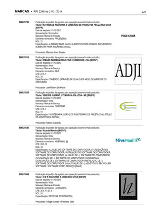 MARCAS - RPI 2246 de 21/01/2014
906829798

Publicação de pedido de registro para oposição (exame formal concluído)
Titular: NUTRIBRAS INDÚSTRIA E COMÉRCIO DE PRODUTOS PECUÁRIOS LTDA
[BR/PR]
Data de depósito: 01/10/2013
Apresentação: Nominativa
Natureza: Marca de Produto
Elemento nominativo: PROENZIMA
NCL: 31
Especificação: ALIMENTO PARA GADO; ALIMENTOS PARA ANIMAIS; SUPLEMENTO
ALIMENTAR PARA RAÇÃO DE ANIMAL;
Procurador: Marcelo Alves Pereira

906829810

Publicação de pedido de registro para oposição (exame formal concluído)
Titular: IRMÃOS ADJIMAN INDUSTRIA E COMERCIO LTDA [BR/SP]
Data de depósito: 01/10/2013
Apresentação: Mista
Natureza: Marca de Serviço
Elemento nominativo: ADJI
CFE: 27.5.1
NCL: 35
Especificação: COMÉRCIO (ATRAVÉS DE QUALQUER MEIO) DE ARTIGOS DO
VESTUÁRIO;
Procurador: Joel Ribeiro Do Prado

906829828

Publicação de pedido de registro para oposição (exame formal concluído)
Titular: VINICIUS JULIANO UYEMURA & CIA LTDA - ME [BR/PR]
Data de depósito: 01/10/2013
Apresentação: Mista
Natureza: Marca de Serviço
Elemento nominativo: FISIOTRAT
CFE: 27.5.1
NCL: 44
Especificação: FISIOTERAPIA; SERVIÇOS FISIOTERÁPICOS PRESTADOS A TÍTULO
DE ASSISTÊNCIA SOCIAL;
Procurador: Adilson Gabardo

906829836

Publicação de pedido de registro para oposição (exame formal concluído)
Titular: Ricardo Mendes [BR/SP]
Data de depósito: 01/10/2013
Apresentação: Mista
Natureza: Marca de Serviço
Elemento nominativo: NIVERMAIL @
CFE: 20.5.13
NCL: 42
Especificação: ALUGUEL DE SOFTWARE DE COMPUTADOR; ATUALIZAÇÃO DE
SOFTWARE DE COMPUTADOR; INSTALAÇÃO DE SOFTWARE DE COMPUTADOR;
SOFTWARE DE COMPUTADOR (ALUGUEL DE -); SOFTWARE DE COMPUTADOR
(ATUALIZAÇÃO DE -); SOFTWARE DE COMPUTADOR (ELABORAÇÃO
[CONCEPÇÃO] DE-); SOFTWARE DE COMPUTADOR (INSTALAÇÃO DE -);
SOFTWARE DE COMPUTADOR (MANUTENÇÃO DE -); ASSISTÊNCIA TÉCNICA EM
SOFTWARE; SOFTWARE COMO SERVIÇO [SAAS];

906829844

Publicação de pedido de registro para oposição (exame formal concluído)
Titular: C M R INDÚSTRIA E COMÉRCIO LTDA [BR/SP]
Data de depósito: 01/10/2013
Apresentação: Mista
Natureza: Marca de Produto
Elemento nominativo: LIZ REVISTA
CFE: 26.4.7 e 27.5.1
NCL: 16
Especificação: REVISTAS [PERIÓDICOS];
Procurador: Village Marcas e Patentes Ltda

222

PROENZIMA

 