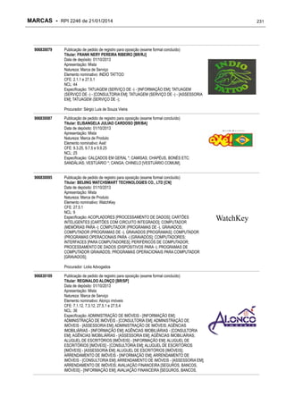MARCAS - RPI 2246 de 21/01/2014

906830079

Publicação de pedido de registro para oposição (exame formal concluído)
Titular: FRANK NERY PEREIRA RIBEIRO [BR/RJ]
Data de depósito: 01/10/2013
Apresentação: Mista
Natureza: Marca de Serviço
Elemento nominativo: INDIO TATTOO
CFE: 2.1.1 e 27.5.1
NCL: 44
Especificação: TATUAGEM (SERVIÇO DE -) - [INFORMAÇÃO EM]; TATUAGEM
(SERVIÇO DE -) - [CONSULTORIA EM]; TATUAGEM (SERVIÇO DE -) - [ASSESSORIA
EM]; TATUAGEM (SERVIÇO DE -);
Procurador: Sérgio Luis de Souza Vieira

906830087

Publicação de pedido de registro para oposição (exame formal concluído)
Titular: ELISANGELA JULIAO CARDOSO [BR/BA]
Data de depósito: 01/10/2013
Apresentação: Mista
Natureza: Marca de Produto
Elemento nominativo: Axé!
CFE: 9.3.25, 9.7.5 e 9.9.25
NCL: 25
Especificação: CALÇADOS EM GERAL *; CAMISAS; CHAPÉUS, BONÉS ETC;
SANDÁLIAS; VESTUÁRIO *; CANGA; CHINELO [VESTUÁRIO COMUM];

906830095

Publicação de pedido de registro para oposição (exame formal concluído)
Titular: BEIJING WATCHSMART TECHNOLOGIES CO., LTD [CN]
Data de depósito: 01/10/2013
Apresentação: Mista
Natureza: Marca de Produto
Elemento nominativo: WatchKey
CFE: 27.5.1
NCL: 9
Especificação: ACOPLADORES [PROCESSAMENTO DE DADOS]; CARTÕES
INTELIGENTES [CARTÕES COM CIRCUITO INTEGRADO]; COMPUTADOR
(MEMÓRIAS PARA -); COMPUTADOR (PROGRAMAS DE -), GRAVADOS;
COMPUTADOR (PROGRAMAS DE -), GRAVADOS [PROGRAMAS]; COMPUTADOR
(PROGRAMAS OPERACIONAIS PARA -) [GRAVADOS]; COMPUTADORES;
INTERFACES [PARA COMPUTADORES]; PERIFÉRICOS DE COMPUTADOR;
PROCESSAMENTO DE DADOS (DISPOSITIVOS PARA -); PROGRAMAS DE
COMPUTADOR GRAVADOS; PROGRAMAS OPERACIONAIS PARA COMPUTADOR
[GRAVADOS];
Procurador: Licks Advogados

906830109

Publicação de pedido de registro para oposição (exame formal concluído)
Titular: REGINALDO ALONÇO [BR/SP]
Data de depósito: 01/10/2013
Apresentação: Mista
Natureza: Marca de Serviço
Elemento nominativo: Alonço imóveis
CFE: 7.1.12, 7.3.12, 27.5.1 e 27.5.4
NCL: 36
Especificação: ADMINISTRAÇÃO DE IMÓVEIS - [INFORMAÇÃO EM];
ADMINISTRAÇÃO DE IMÓVEIS - [CONSULTORIA EM]; ADMINISTRAÇÃO DE
IMÓVEIS - [ASSESSORIA EM]; ADMINISTRAÇÃO DE IMÓVEIS; AGÊNCIAS
IMOBILIÁRIAS - [INFORMAÇÃO EM]; AGÊNCIAS IMOBILIÁRIAS - [CONSULTORIA
EM]; AGÊNCIAS IMOBILIÁRIAS - [ASSESSORIA EM]; AGÊNCIAS IMOBILIÁRIAS;
ALUGUEL DE ESCRITÓRIOS [IMÓVEIS] - [INFORMAÇÃO EM]; ALUGUEL DE
ESCRITÓRIOS [IMÓVEIS] - [CONSULTORIA EM]; ALUGUEL DE ESCRITÓRIOS
[IMÓVEIS] - [ASSESSORIA EM]; ALUGUEL DE ESCRITÓRIOS [IMÓVEIS];
ARRENDAMENTO DE IMÓVEIS - [INFORMAÇÃO EM]; ARRENDAMENTO DE
IMÓVEIS - [CONSULTORIA EM]; ARRENDAMENTO DE IMÓVEIS - [ASSESSORIA EM];
ARRENDAMENTO DE IMÓVEIS; AVALIAÇÃO FINANCEIRA [SEGUROS, BANCOS,
IMÓVEIS] - [INFORMAÇÃO EM]; AVALIAÇÃO FINANCEIRA [SEGUROS, BANCOS,

231

 