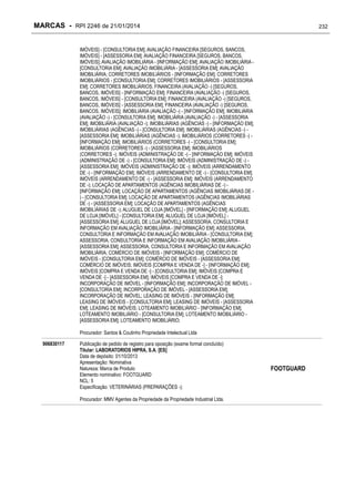 MARCAS - RPI 2246 de 21/01/2014

232

IMÓVEIS] - [CONSULTORIA EM]; AVALIAÇÃO FINANCEIRA [SEGUROS, BANCOS,
IMÓVEIS] - [ASSESSORIA EM]; AVALIAÇÃO FINANCEIRA [SEGUROS, BANCOS,
IMÓVEIS]; AVALIAÇÃO IMOBILIÁRIA - [INFORMAÇÃO EM]; AVALIAÇÃO IMOBILIÁRIA [CONSULTORIA EM]; AVALIAÇÃO IMOBILIÁRIA - [ASSESSORIA EM]; AVALIAÇÃO
IMOBILIÁRIA; CORRETORES IMOBILIÁRIOS - [INFORMAÇÃO EM]; CORRETORES
IMOBILIÁRIOS - [CONSULTORIA EM]; CORRETORES IMOBILIÁRIOS - [ASSESSORIA
EM]; CORRETORES IMOBILIÁRIOS; FINANCEIRA (AVALIAÇÃO -) [SEGUROS,
BANCOS, IMÓVEIS] - [INFORMAÇÃO EM]; FINANCEIRA (AVALIAÇÃO -) [SEGUROS,
BANCOS, IMÓVEIS] - [CONSULTORIA EM]; FINANCEIRA (AVALIAÇÃO -) [SEGUROS,
BANCOS, IMÓVEIS] - [ASSESSORIA EM]; FINANCEIRA (AVALIAÇÃO -) [SEGUROS,
BANCOS, IMÓVEIS]; IMOBILIÁRIA (AVALIAÇÃO -) - [INFORMAÇÃO EM]; IMOBILIÁRIA
(AVALIAÇÃO -) - [CONSULTORIA EM]; IMOBILIÁRIA (AVALIAÇÃO -) - [ASSESSORIA
EM]; IMOBILIÁRIA (AVALIAÇÃO -); IMOBILIÁRIAS (AGÊNCIAS -) - [INFORMAÇÃO EM];
IMOBILIÁRIAS (AGÊNCIAS -) - [CONSULTORIA EM]; IMOBILIÁRIAS (AGÊNCIAS -) [ASSESSORIA EM]; IMOBILIÁRIAS (AGÊNCIAS -); IMOBILIÁRIOS (CORRETORES -) [INFORMAÇÃO EM]; IMOBILIÁRIOS (CORRETORES -) - [CONSULTORIA EM];
IMOBILIÁRIOS (CORRETORES -) - [ASSESSORIA EM]; IMOBILIÁRIOS
(CORRETORES -); IMÓVEIS (ADMINISTRAÇÃO DE -) - [INFORMAÇÃO EM]; IMÓVEIS
(ADMINISTRAÇÃO DE -) - [CONSULTORIA EM]; IMÓVEIS (ADMINISTRAÇÃO DE -) [ASSESSORIA EM]; IMÓVEIS (ADMINISTRAÇÃO DE -); IMÓVEIS (ARRENDAMENTO
DE -) - [INFORMAÇÃO EM]; IMÓVEIS (ARRENDAMENTO DE -) - [CONSULTORIA EM];
IMÓVEIS (ARRENDAMENTO DE -) - [ASSESSORIA EM]; IMÓVEIS (ARRENDAMENTO
DE -); LOCAÇÃO DE APARTAMENTOS (AGÊNCIAS IMOBILIÁRIAS DE -) [INFORMAÇÃO EM]; LOCAÇÃO DE APARTAMENTOS (AGÊNCIAS IMOBILIÁRIAS DE ) - [CONSULTORIA EM]; LOCAÇÃO DE APARTAMENTOS (AGÊNCIAS IMOBILIÁRIAS
DE -) - [ASSESSORIA EM]; LOCAÇÃO DE APARTAMENTOS (AGÊNCIAS
IMOBILIÁRIAS DE -); ALUGUEL DE LOJA [IMÓVEL] - [INFORMAÇÃO EM]; ALUGUEL
DE LOJA [IMÓVEL] - [CONSULTORIA EM]; ALUGUEL DE LOJA [IMÓVEL] [ASSESSORIA EM]; ALUGUEL DE LOJA [IMÓVEL]; ASSESSORIA, CONSULTORIA E
INFORMAÇÃO EM AVALIAÇÃO IMOBILIÁRIA - [INFORMAÇÃO EM]; ASSESSORIA,
CONSULTORIA E INFORMAÇÃO EM AVALIAÇÃO IMOBILIÁRIA - [CONSULTORIA EM];
ASSESSORIA, CONSULTORIA E INFORMAÇÃO EM AVALIAÇÃO IMOBILIÁRIA [ASSESSORIA EM]; ASSESSORIA, CONSULTORIA E INFORMAÇÃO EM AVALIAÇÃO
IMOBILIÁRIA; COMÉRCIO DE IMÓVEIS - [INFORMAÇÃO EM]; COMÉRCIO DE
IMÓVEIS - [CONSULTORIA EM]; COMÉRCIO DE IMÓVEIS - [ASSESSORIA EM];
COMÉRCIO DE IMÓVEIS; IMÓVEIS [COMPRA E VENDA DE -] - [INFORMAÇÃO EM];
IMÓVEIS [COMPRA E VENDA DE -] - [CONSULTORIA EM]; IMÓVEIS [COMPRA E
VENDA DE -] - [ASSESSORIA EM]; IMÓVEIS [COMPRA E VENDA DE -];
INCORPORAÇÃO DE IMÓVEL - [INFORMAÇÃO EM]; INCORPORAÇÃO DE IMÓVEL [CONSULTORIA EM]; INCORPORAÇÃO DE IMÓVEL - [ASSESSORIA EM];
INCORPORAÇÃO DE IMÓVEL; LEASING DE IMÓVEIS - [INFORMAÇÃO EM];
LEASING DE IMÓVEIS - [CONSULTORIA EM]; LEASING DE IMÓVEIS - [ASSESSORIA
EM]; LEASING DE IMÓVEIS; LOTEAMENTO IMOBILIÁRIO - [INFORMAÇÃO EM];
LOTEAMENTO IMOBILIÁRIO - [CONSULTORIA EM]; LOTEAMENTO IMOBILIÁRIO [ASSESSORIA EM]; LOTEAMENTO IMOBILIÁRIO;
Procurador: Santos & Coutinho Propriedade Intelectual Ltda
906830117

Publicação de pedido de registro para oposição (exame formal concluído)
Titular: LABORATORIOS HIPRA, S.A. [ES]
Data de depósito: 01/10/2013
Apresentação: Nominativa
Natureza: Marca de Produto
Elemento nominativo: FOOTGUARD
NCL: 5
Especificação: VETERINÁRIAS (PREPARAÇÕES -);
Procurador: MMV Agentes da Propriedade da Propriedade Industrial Ltda.

FOOTGUARD

 