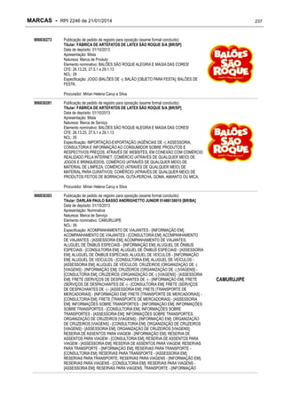 MARCAS - RPI 2246 de 21/01/2014
906830273

237

Publicação de pedido de registro para oposição (exame formal concluído)
Titular: FÁBRICA DE ARTEFATOS DE LATEX SÃO ROQUE S/A [BR/SP]
Data de depósito: 01/10/2013
Apresentação: Mista
Natureza: Marca de Produto
Elemento nominativo: BALÕES SÃO ROQUE ALEGRIA E MAGIA DAS CORES!
CFE: 26.13.25, 27.5.1 e 29.1.13
NCL: 28
Especificação: JOGO (BALÕES DE -); BALÃO [OBJETO PARA FESTA]; BALÕES DE
FESTA;
Procurador: Mirian Helena Caruy e Silva

906830281

Publicação de pedido de registro para oposição (exame formal concluído)
Titular: FÁBRICA DE ARTEFATOS DE LATEX SÃO ROQUE S/A [BR/SP]
Data de depósito: 01/10/2013
Apresentação: Mista
Natureza: Marca de Serviço
Elemento nominativo: BALÕES SÃO ROQUE ALEGRIA E MAGIA DAS CORES!
CFE: 26.13.25, 27.5.1 e 29.1.13
NCL: 35
Especificação: IMPORTAÇÃO-EXPORTAÇÃO (AGÊNCIAS DE -); ASSESSORIA,
CONSULTORIA E INFORMAÇÃO AO CONSUMIDOR SOBRE PRODUTOS E
RESPECTIVOS PREÇOS, ATRAVÉS DE WEBSITES, EM CONEXÃO COM COMÉRCIO
REALIZADO PELA INTERNET; COMÉRCIO (ATRAVÉS DE QUALQUER MEIO) DE
JOGOS E BRINQUEDOS; COMÉRCIO (ATRAVÉS DE QUALQUER MEIO) DE
MATERIAL DE LIMPEZA; COMÉRCIO (ATRAVÉS DE QUALQUER MEIO) DE
MATERIAL PARA CURATIVOS; COMÉRCIO (ATRAVÉS DE QUALQUER MEIO) DE
PRODUTOS FEITOS DE BORRACHA, GUTA-PERCHA, GOMA, AMIANTO OU MICA;
Procurador: Mirian Helena Caruy e Silva

906830303

Publicação de pedido de registro para oposição (exame formal concluído)
Titular: DARLAN PAULO BASSO ANDRIGHETTO JUNIOR 01488138010 [BR/BA]
Data de depósito: 01/10/2013
Apresentação: Nominativa
Natureza: Marca de Serviço
Elemento nominativo: CAMURUJIPE
NCL: 39
Especificação: ACOMPANHAMENTO DE VIAJANTES - [INFORMAÇÃO EM];
ACOMPANHAMENTO DE VIAJANTES - [CONSULTORIA EM]; ACOMPANHAMENTO
DE VIAJANTES - [ASSESSORIA EM]; ACOMPANHAMENTO DE VIAJANTES;
ALUGUEL DE ÔNIBUS ESPECIAIS - [INFORMAÇÃO EM]; ALUGUEL DE ÔNIBUS
ESPECIAIS - [CONSULTORIA EM]; ALUGUEL DE ÔNIBUS ESPECIAIS - [ASSESSORIA
EM]; ALUGUEL DE ÔNIBUS ESPECIAIS; ALUGUEL DE VEÍCULOS - [INFORMAÇÃO
EM]; ALUGUEL DE VEÍCULOS - [CONSULTORIA EM]; ALUGUEL DE VEÍCULOS [ASSESSORIA EM]; ALUGUEL DE VEÍCULOS; CRUZEIROS (ORGANIZAÇÃO DE -)
[VIAGENS] - [INFORMAÇÃO EM]; CRUZEIROS (ORGANIZAÇÃO DE -) [VIAGENS] [CONSULTORIA EM]; CRUZEIROS (ORGANIZAÇÃO DE -) [VIAGENS] - [ASSESSORIA
EM]; FRETE (SERVIÇOS DE DESPACHANTES DE -) - [INFORMAÇÃO EM]; FRETE
(SERVIÇOS DE DESPACHANTES DE -) - [CONSULTORIA EM]; FRETE (SERVIÇOS
DE DESPACHANTES DE -) - [ASSESSORIA EM]; FRETE [TRANSPORTE DE
MERCADORIAS] - [INFORMAÇÃO EM]; FRETE [TRANSPORTE DE MERCADORIAS] [CONSULTORIA EM]; FRETE [TRANSPORTE DE MERCADORIAS] - [ASSESSORIA
EM]; INFORMAÇÕES SOBRE TRANSPORTES - [INFORMAÇÃO EM]; INFORMAÇÕES
SOBRE TRANSPORTES - [CONSULTORIA EM]; INFORMAÇÕES SOBRE
TRANSPORTES - [ASSESSORIA EM]; INFORMAÇÕES SOBRE TRANSPORTES;
ORGANIZAÇÃO DE CRUZEIROS [VIAGENS] - [INFORMAÇÃO EM]; ORGANIZAÇÃO
DE CRUZEIROS [VIAGENS] - [CONSULTORIA EM]; ORGANIZAÇÃO DE CRUZEIROS
[VIAGENS] - [ASSESSORIA EM]; ORGANIZAÇÃO DE CRUZEIROS [VIAGENS];
RESERVA DE ASSENTOS PARA VIAGEM - [INFORMAÇÃO EM]; RESERVA DE
ASSENTOS PARA VIAGEM - [CONSULTORIA EM]; RESERVA DE ASSENTOS PARA
VIAGEM - [ASSESSORIA EM]; RESERVA DE ASSENTOS PARA VIAGEM; RESERVAS
PARA TRANSPORTE - [INFORMAÇÃO EM]; RESERVAS PARA TRANSPORTE [CONSULTORIA EM]; RESERVAS PARA TRANSPORTE - [ASSESSORIA EM];
RESERVAS PARA TRANSPORTE; RESERVAS PARA VIAGENS - [INFORMAÇÃO EM];
RESERVAS PARA VIAGENS - [CONSULTORIA EM]; RESERVAS PARA VIAGENS [ASSESSORIA EM]; RESERVAS PARA VIAGENS; TRANSPORTE - [INFORMAÇÃO

CAMURUJIPE

 