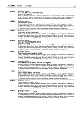 MARCAS - RPI 2246 de 21/01/2014

24

906784980

Exigência de pagamento
Titular: SERVICIOS CONDUMEX S.A. DE C.V. [MX]
Procurador: REGINA ABBUD
Detalhes do despacho: Complemente a retribuição devida no exato valor fixado na tabela em vigor na data de comprovação
do cumprimento desta exigência. Siga instruções do manual do usuário para efetuar complementação e cumpra exigência
por meio de formulário específico (código de serviço 338), apresentando o comprovante de pagamento complementar.

906785960

Exigência de pagamento
Titular: felipe guidi [BR/SP]
Detalhes do despacho: O pagamento da guia de recolhimento da união (GRU) relativa ao presente pedido foi realizado fora
do expediente bancário ou em data posterior ao envio do formulário eletrônico. Em cumprimento ao disposto no Manual do
Usuário do sistema e-Marcas, apresente, por meio de formulário específico (código de serviço 338), cópia do comprovante
de pagamento, contendo número da GRU, data/hora da operação bancária e autenticação bancária legíveis.

906790913

Exigência de pagamento
Titular: TEOLÊ BISTRO LTDA - ME [BR/SP]
Detalhes do despacho: O pagamento da guia de recolhimento da união (GRU) relativa ao presente pedido foi realizado fora
do expediente bancário ou em data posterior ao envio do formulário eletrônico. Em cumprimento ao disposto no Manual do
Usuário do sistema e-Marcas, apresente, por meio de formulário específico (código de serviço 338), cópia do comprovante
de pagamento, contendo número da GRU, data/hora da operação bancária e autenticação bancária legíveis.

906791090

Exigência de pagamento
Titular: JAC TREINAMENTO LTDA ME [BR/SC]
Procurador: GRACIANI BILK
Detalhes do despacho: O pagamento da guia de recolhimento da união (GRU) relativa ao presente pedido foi realizado fora
do expediente bancário ou em data posterior ao envio do formulário eletrônico. Em cumprimento ao disposto no Manual do
Usuário do sistema e-Marcas, apresente, por meio de formulário específico (código de serviço 338), cópia do comprovante
de pagamento, contendo número da GRU, data/hora da operação bancária e autenticação bancária legíveis.

906791162

Exigência de pagamento
Titular: Paulo Ricardo dos Santos Vidal [BR/PR]
Detalhes do despacho: O pagamento da guia de recolhimento da união (GRU) relativa ao presente pedido foi realizado fora
do expediente bancário ou em data posterior ao envio do formulário eletrônico. Em cumprimento ao disposto no Manual do
Usuário do sistema e-Marcas, apresente, por meio de formulário específico (código de serviço 338), cópia do comprovante
de pagamento, contendo número da GRU, data/hora da operação bancária e autenticação bancária legíveis.

906791200

Exigência de pagamento
Titular: EMPÓRIO COISAS DE MINAS COMERCIO LTDA-ME [BR/SP]
Detalhes do despacho: O pagamento da guia de recolhimento da união (GRU) relativa ao presente pedido foi realizado fora
do expediente bancário ou em data posterior ao envio do formulário eletrônico. Em cumprimento ao disposto no Manual do
Usuário do sistema e-Marcas, apresente, por meio de formulário específico (código de serviço 338), cópia do comprovante
de pagamento, contendo número da GRU, data/hora da operação bancária e autenticação bancária legíveis.

906791243

Exigência de pagamento
Titular: Douglas B. de Souza Júnior [BR/BA]
Detalhes do despacho: O pagamento da guia de recolhimento da união (GRU) relativa ao presente pedido foi realizado fora
do expediente bancário ou em data posterior ao envio do formulário eletrônico. Em cumprimento ao disposto no Manual do
Usuário do sistema e-Marcas, apresente, por meio de formulário específico (código de serviço 338), cópia do comprovante
de pagamento, contendo número da GRU, data/hora da operação bancária e autenticação bancária legíveis.

906791316

Exigência de pagamento
Titular: wéllisson santos caetano [BR/BA]
Detalhes do despacho: O pagamento da guia de recolhimento da união (GRU) relativa ao presente pedido foi realizado fora
do expediente bancário ou em data posterior ao envio do formulário eletrônico. Em cumprimento ao disposto no Manual do
Usuário do sistema e-Marcas, apresente, por meio de formulário específico (código de serviço 338), cópia do comprovante
de pagamento, contendo número da GRU, data/hora da operação bancária e autenticação bancária legíveis.

906791359

Exigência de pagamento
Titular: Anderson lima da silva [BR/SP]
Detalhes do despacho: O pagamento da guia de recolhimento da união (GRU) relativa ao presente pedido foi realizado fora
do expediente bancário ou em data posterior ao envio do formulário eletrônico. Em cumprimento ao disposto no Manual do
Usuário do sistema e-Marcas, apresente, por meio de formulário específico (código de serviço 338), cópia do comprovante
de pagamento, contendo número da GRU, data/hora da operação bancária e autenticação bancária legíveis.

 