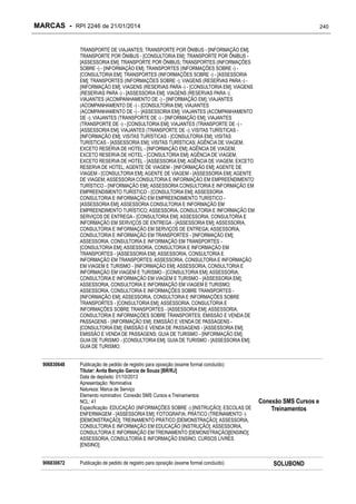 MARCAS - RPI 2246 de 21/01/2014

240

TRANSPORTE DE VIAJANTES; TRANSPORTE POR ÔNIBUS - [INFORMAÇÃO EM];
TRANSPORTE POR ÔNIBUS - [CONSULTORIA EM]; TRANSPORTE POR ÔNIBUS [ASSESSORIA EM]; TRANSPORTE POR ÔNIBUS; TRANSPORTES (INFORMAÇÕES
SOBRE -) - [INFORMAÇÃO EM]; TRANSPORTES (INFORMAÇÕES SOBRE -) [CONSULTORIA EM]; TRANSPORTES (INFORMAÇÕES SOBRE -) - [ASSESSORIA
EM]; TRANSPORTES (INFORMAÇÕES SOBRE -); VIAGENS (RESERVAS PARA -) [INFORMAÇÃO EM]; VIAGENS (RESERVAS PARA -) - [CONSULTORIA EM]; VIAGENS
(RESERVAS PARA -) - [ASSESSORIA EM]; VIAGENS (RESERVAS PARA -);
VIAJANTES (ACOMPANHAMENTO DE -) - [INFORMAÇÃO EM]; VIAJANTES
(ACOMPANHAMENTO DE -) - [CONSULTORIA EM]; VIAJANTES
(ACOMPANHAMENTO DE -) - [ASSESSORIA EM]; VIAJANTES (ACOMPANHAMENTO
DE -); VIAJANTES (TRANSPORTE DE -) - [INFORMAÇÃO EM]; VIAJANTES
(TRANSPORTE DE -) - [CONSULTORIA EM]; VIAJANTES (TRANSPORTE DE -) [ASSESSORIA EM]; VIAJANTES (TRANSPORTE DE -); VISITAS TURÍSTICAS [INFORMAÇÃO EM]; VISITAS TURÍSTICAS - [CONSULTORIA EM]; VISITAS
TURÍSTICAS - [ASSESSORIA EM]; VISITAS TURÍSTICAS; AGÊNCIA DE VIAGEM,
EXCETO RESERVA DE HOTEL - [INFORMAÇÃO EM]; AGÊNCIA DE VIAGEM,
EXCETO RESERVA DE HOTEL - [CONSULTORIA EM]; AGÊNCIA DE VIAGEM,
EXCETO RESERVA DE HOTEL - [ASSESSORIA EM]; AGÊNCIA DE VIAGEM, EXCETO
RESERVA DE HOTEL; AGENTE DE VIAGEM - [INFORMAÇÃO EM]; AGENTE DE
VIAGEM - [CONSULTORIA EM]; AGENTE DE VIAGEM - [ASSESSORIA EM]; AGENTE
DE VIAGEM; ASSESSORIA CONSULTORIA E INFORMAÇÃO EM EMPREENDIMENTO
TURÍSTICO - [INFORMAÇÃO EM]; ASSESSORIA CONSULTORIA E INFORMAÇÃO EM
EMPREENDIMENTO TURÍSTICO - [CONSULTORIA EM]; ASSESSORIA
CONSULTORIA E INFORMAÇÃO EM EMPREENDIMENTO TURÍSTICO [ASSESSORIA EM]; ASSESSORIA CONSULTORIA E INFORMAÇÃO EM
EMPREENDIMENTO TURÍSTICO; ASSESSORIA, CONSULTORIA E INFORMAÇÃO EM
SERVIÇOS DE ENTREGA - [CONSULTORIA EM]; ASSESSORIA, CONSULTORIA E
INFORMAÇÃO EM SERVIÇOS DE ENTREGA - [ASSESSORIA EM]; ASSESSORIA,
CONSULTORIA E INFORMAÇÃO EM SERVIÇOS DE ENTREGA; ASSESSORIA,
CONSULTORIA E INFORMAÇÃO EM TRANSPORTES - [INFORMAÇÃO EM];
ASSESSORIA, CONSULTORIA E INFORMAÇÃO EM TRANSPORTES [CONSULTORIA EM]; ASSESSORIA, CONSULTORIA E INFORMAÇÃO EM
TRANSPORTES - [ASSESSORIA EM]; ASSESSORIA, CONSULTORIA E
INFORMAÇÃO EM TRANSPORTES; ASSESSORIA, CONSULTORIA E INFORMAÇÃO
EM VIAGEM E TURISMO - [INFORMAÇÃO EM]; ASSESSORIA, CONSULTORIA E
INFORMAÇÃO EM VIAGEM E TURISMO - [CONSULTORIA EM]; ASSESSORIA,
CONSULTORIA E INFORMAÇÃO EM VIAGEM E TURISMO - [ASSESSORIA EM];
ASSESSORIA, CONSULTORIA E INFORMAÇÃO EM VIAGEM E TURISMO;
ASSESSORIA, CONSULTORIA E INFORMAÇÕES SOBRE TRANSPORTES [INFORMAÇÃO EM]; ASSESSORIA, CONSULTORIA E INFORMAÇÕES SOBRE
TRANSPORTES - [CONSULTORIA EM]; ASSESSORIA, CONSULTORIA E
INFORMAÇÕES SOBRE TRANSPORTES - [ASSESSORIA EM]; ASSESSORIA,
CONSULTORIA E INFORMAÇÕES SOBRE TRANSPORTES; EMISSÃO E VENDA DE
PASSAGENS - [INFORMAÇÃO EM]; EMISSÃO E VENDA DE PASSAGENS [CONSULTORIA EM]; EMISSÃO E VENDA DE PASSAGENS - [ASSESSORIA EM];
EMISSÃO E VENDA DE PASSAGENS; GUIA DE TURISMO - [INFORMAÇÃO EM];
GUIA DE TURISMO - [CONSULTORIA EM]; GUIA DE TURISMO - [ASSESSORIA EM];
GUIA DE TURISMO;
906830648

906830672

Publicação de pedido de registro para oposição (exame formal concluído)
Titular: Anita Benção Garcia de Souza [BR/RJ]
Data de depósito: 01/10/2013
Apresentação: Nominativa
Natureza: Marca de Serviço
Elemento nominativo: Conexão SMS Cursos e Treinamentos
NCL: 41
Especificação: EDUCAÇÃO (INFORMAÇÕES SOBRE -) [INSTRUÇÃO]; ESCOLAS DE
ENFERMAGEM - [ASSESSORIA EM]; FOTOGRAFIA; PRÁTICO (TREINAMENTO -)
[DEMONSTRAÇÃO]; TREINAMENTO PRÁTICO [DEMONSTRAÇÃO]; ASSESSORIA,
CONSULTORIA E INFORMAÇÃO EM EDUCAÇÃO [INSTRUÇÃO]; ASSESSORIA,
CONSULTORIA E INFORMAÇÃO EM TREINAMENTO [DEMONSTRAÇÃO][ENSINO];
ASSESSORIA, CONSULTORIA E INFORMAÇÃO ENSINO; CURSOS LIVRES
[ENSINO];
Publicação de pedido de registro para oposição (exame formal concluído)

Conexão SMS Cursos e
Treinamentos

SOLUBOND

 