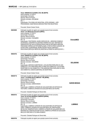 MARCAS - RPI 2246 de 21/01/2014

241

Titular: DEMARCHI E OLIVEIRA LTDA- ME [BR/PR]
Data de depósito: 01/10/2013
Apresentação: Nominativa
Natureza: Marca de Produto
Elemento nominativo: SOLUBOND
NCL: 1
Especificação: COLA PARA USO INDUSTRIAL; EPÓXI (RESINAS -), NÃO
PROCESSADAS; SUBSTÂNCIAS ADESIVAS PARA FINS INDUSTRIAIS;
Procurador: Denise Cristiane Toniolo
906830680

906830702

Publicação de pedido de registro para oposição (exame formal concluído)
Titular: Livio Maldonado Gonçalves [BR/RJ]
Data de depósito: 01/10/2013
Apresentação: Nominativa
Natureza: Marca de Serviço
Elemento nominativo: OrientalMED
NCL: 44
Especificação: FISIOTERAPIA; SAÚDE (SERVIÇOS DE -); MEDICINA CHINESA E
AYURVÉDICA; QUIROPRÁTICA [SISTEMA TERAPÊUTICO QUE, PARTINDO DO
PRESSUPOSTO DE QUE AS DOENÇAS RESULTAM DE DISFUNÇÃO NERVOSA,
PROCURAM CORRIGI-LAS POR MANIPULAÇÃO, E POR OUTROS CUIDADOS, DE
ESTRUTURAS; QUIROPRAXIA]; REABILITAÇÕES FÍSICAS, MENTAIS E
EMOCIONAIS [SERVIÇOS MÉDICOS]; MEDICINA ALTERNATIVA (SERVIÇOS DE -);
Publicação de pedido de registro para oposição (exame formal concluído)
Titular: DEMARCHI E OLIVEIRA LTDA- ME [BR/PR]
Data de depósito: 01/10/2013
Apresentação: Nominativa
Natureza: Marca de Produto
Elemento nominativo: SOLUBOND
NCL: 16
Especificação: ADESIVAS (SUBSTÂNCIAS -) [COLAS] PARA PAPELARIA OU USO
DOMÉSTICO; COLA PARA PAPELARIA OU PARA USO DOMÉSTICO; COLAS PARA
ESCRITÓRIO OU USO DOMÉSTICO; FITAS ADESIVAS PARA PAPELARIA OU PARA
USO DOMÉSTICO; ADESIVO [MATERIAL DE ESCRITÓRIO];

OrientalMED

SOLUBOND

Procurador: Denise Cristiane Toniolo
906830710

Publicação de pedido de registro para oposição (exame formal concluído)
Titular: F. OLIVEIRA SILVA COMÉRCIO - ME [BR/MA]
Data de depósito: 01/10/2013
Apresentação: Nominativa
Natureza: Marca de Serviço
Elemento nominativo: SARON MODAS
NCL: 35
Especificação: COMÉRCIO (ATRAVÉS DE QUALQUER MEIO) DE ARTIGOS DO
VESTUÁRIO; COMÉRCIO (ATRAVÉS DE QUALQUER MEIO) DE ROUPAS;

SARON MODAS

Procurador: Clodoaldo Rodrigues de Oliveira Neto
906830753

Publicação de pedido de registro para oposição (exame formal concluído)
Titular: M. DA SILVA MOREIRA COMÉRCIO [BR/MA]
Data de depósito: 01/10/2013
Apresentação: Nominativa
Natureza: Marca de Serviço
Elemento nominativo: LUMIMAX
NCL: 35
Especificação: COMÉRCIO (ATRAVÉS DE QUALQUER MEIO) DE ARTIGOS DE
VIDRO; COMÉRCIO (ATRAVÉS DE QUALQUER MEIO) DE CONSTRUÇÕES
METÁLICAS TRANSPORTÁVEIS; COMÉRCIO (ATRAVÉS DE QUALQUER MEIO) DE
MATERIAIS DE CONSTRUÇÃO METÁLICOS; COMÉRCIO (ATRAVÉS DE QUALQUER
MEIO) DE VIDRO BRUTO OU SEMI-ACABADO;

LUMIMAX

Procurador: Clodoaldo Rodrigues de Oliveira Neto
906830796

Publicação de pedido de registro para oposição (exame formal concluído)

D'MARCA

 