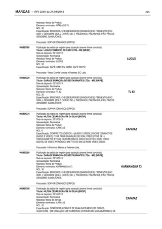 MARCAS - RPI 2246 de 21/01/2014

245

Natureza: Marca de Produto
Elemento nominativo: OPALA SS 76
NCL: 30
Especificação: BRIOCHES; CHEESEBURGERS [SANDUÍCHES]; FERMENTO (PÃO
SEM -); GENGIBRE (BOLO OU PÃO DE -); PÃEZINHOS; PÃEZINHOS; PÃO; PÃO DE
GENGIBRE; SANDUÍCHES;
Procurador: SOPHIA DOMINGOS ZIRPOLI
906831180

Publicação de pedido de registro para oposição (exame formal concluído)
Titular: LUGUS COMÉRCIO DE CAFÉ LTDA - ME [BR/SP]
Data de depósito: 02/10/2013
Apresentação: Nominativa
Natureza: Marca de Produto
Elemento nominativo: LUGUS
NCL: 30
Especificação: CAFÉ; CAFÉ EM GRÃO; CAFÉ EM PÓ;

LUGUS

Procurador: Toledo Corrêa Marcas e Patentes S/C Ltda.
906831229

Publicação de pedido de registro para oposição (exame formal concluído)
Titular: GARAGE FRANQUIA DE RESTAURANTES LTDA. - ME [BR/PE]
Data de depósito: 02/10/2013
Apresentação: Nominativa
Natureza: Marca de Produto
Elemento nominativo: TL 62
NCL: 30
Especificação: BRIOCHES; CHEESEBURGERS [SANDUÍCHES]; FERMENTO (PÃO
SEM -); GENGIBRE (BOLO OU PÃO DE -); PÃEZINHOS; PÃEZINHOS; PÃO; PÃO DE
GENGIBRE; SANDUÍCHES;

TL 62

Procurador: SOPHIA DOMINGOS ZIRPOLI
906831270

Publicação de pedido de registro para oposição (exame formal concluído)
Titular: HILTON CESAR SERAFIM DA SILVA [BR/SP]
Data de depósito: 02/10/2013
Apresentação: Nominativa
Natureza: Marca de Produto
Elemento nominativo: CAPATAZ
NCL: 9
Especificação: COMPACTOS (DISCOS -) [ÁUDIO E VÍDEO]; DISCOS COMPACTOS
[ÁUDIO E VÍDEO]; FITAS PARA GRAVAÇÃO DE SOM; VÍDEO (FITAS DE -);
VIDEOCASSETES [FITAS]; CD-ROM [DISCO]; DISCO ACÚSTICO; DVD, DISCO
DIGITAL DE VÍDEO; PERIÓDICO EM FITA OU EM CD-ROM; VÍDEO DISCO;

CAPATAZ

Procurador: A Provincia Marcas e Patentes Ltda.
906831288

Publicação de pedido de registro para oposição (exame formal concluído)
Titular: GARAGE FRANQUIA DE RESTAURANTES LTDA. - ME [BR/PE]
Data de depósito: 02/10/2013
Apresentação: Nominativa
Natureza: Marca de Produto
Elemento nominativo: KARMANGUIA 73
NCL: 30
Especificação: BRIOCHES; CHEESEBURGERS [SANDUÍCHES]; FERMENTO (PÃO
SEM -); GENGIBRE (BOLO OU PÃO DE -); PÃEZINHOS; PÃEZINHOS; PÃO; PÃO DE
GENGIBRE; SANDUÍCHES;

KARMANGUIA 73

Procurador: SOPHIA DOMINGOS ZIRPOLI
906831300

Publicação de pedido de registro para oposição (exame formal concluído)
Titular: HILTON CESAR SERAFIM DA SILVA [BR/SP]
Data de depósito: 02/10/2013
Apresentação: Nominativa
Natureza: Marca de Serviço
Elemento nominativo: CAPATAZ
NCL: 35
Especificação: COMÉRCIO (ATRAVÉS DE QUALQUER MEIO) DE DISCOS
ACÚSTICOS - [INFORMAÇÃO EM]; COMÉRCIO (ATRAVÉS DE QUALQUER MEIO) DE

CAPATAZ

 