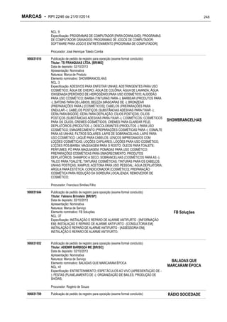 MARCAS - RPI 2246 de 21/01/2014

248

NCL: 9
Especificação: PROGRAMAS DE COMPUTADOR [PARA DOWNLOAD]; PROGRAMAS
DE COMPUTADOR GRAVADOS; PROGRAMAS DE JOGOS DE COMPUTADOR;
SOFTWARE PARA JOGO E ENTRETENIMENTO [PROGRAMA DE COMPUTADOR];
Procurador: José Henrique Toledo Corrêa
906831610

Publicação de pedido de registro para oposição (exame formal concluído)
Titular: TS FRANQUIAS LTDA. [BR/MG]
Data de depósito: 02/10/2013
Apresentação: Nominativa
Natureza: Marca de Produto
Elemento nominativo: SHOWBRANCELHAS
NCL: 3
Especificação: ADESIVOS PARA ENFEITAR UNHAS; ADSTRINGENTES PARA USO
COSMÉTICO; ÁGUA DE CHEIRO; ÁGUA DE COLÔNIA; ÁGUA DE LAVANDA; ÁGUA
OXIGENADA [PERÓXIDO DE HIDROGÊNIO] PARA USO COSMÉTICO; ALGODÃO
PARA USO COSMÉTICO; BARBA (TINTURAS PARA -); BARBEAR (PRODUTOS PARA
-); BATONS PARA OS LÁBIOS; BELEZA (MÁSCARAS DE -); BRONZEAR
(PREPARAÇÕES PARA-) [COSMÉTICOS]; CABELOS (PREPARAÇÕES PARA
ONDULAR -); CABELOS POSTIÇOS (SUBSTÂNCIAS ADESIVAS PARA FIXAR -);
CERA PARA BIGODE; CERA PARA DEPILAÇÃO; CÍLIOS POSTIÇOS; CÍLIOS
POSTIÇOS (SUBSTÂNCIAS ADESIVAS PARA FIXAR -); COSMÉTICOS; COSMÉTICOS
PARA OS CÍLIOS; CREMES COSMÉTICOS; CREMES PARA CLAREAR PELE;
DEPILATÓRIOS (PRODUTOS -); DESCOLORANTES (PRODUTOS -) PARA USO
COSMÉTICO; EMAGRECIMENTO (PREPARAÇÕES COSMÉTICAS PARA -); ESMALTE
PARA AS UNHAS; FILTROS SOLARES; LÁPIS DE SOBRANCELHAS; LÁPIS PARA
USO COSMÉTICO; LAQUÊ PARA CABELOS; LENÇOS IMPREGNADOS COM
LOÇÕES COSMÉTICAS; LOÇÕES CAPILARES; LOÇÕES PARA USO COSMÉTICO;
LOÇÕES PÓS-BARBA; MAQUIAGEM PARA O ROSTO; ÓLEOS PARA TOALETE;
PERFUMES; PÓ PARA MAQUIAGEM; POMADAS PARA USO COSMÉTICO;
PREPARAÇÕES COSMÉTICAS PARA EMAGRECIMENTO; PRODUTOS
DEPILATÓRIOS; SHAMPOO A SECO; SOBRANCELHAS (COSMÉTICOS PARA AS -);
TALCO PARA TOALETE; TINTURAS COSMÉTICAS; TINTURAS PARA OS CABELOS;
UNHAS POSTIÇAS; XAMPUS; ACETONA PARA USO PESSOAL; ÁGUA DEPILATÓRIA;
ARGILA PARA ESTÉTICA; CONDICIONADOR [COSMÉTICO]; PREPARAÇÃO
COSMÉTICA PARA REDUÇÃO DA GORDURA LOCALIZADA; REMOVEDOR DE
COSMÉTICO;

SHOWBRANCELHAS

Procurador: Francisco Simões Filho
906831644

906831652

Publicação de pedido de registro para oposição (exame formal concluído)
Titular: Fabiano Brinstein [BR/SP]
Data de depósito: 02/10/2013
Apresentação: Nominativa
Natureza: Marca de Serviço
Elemento nominativo: FB Soluções
NCL: 37
Especificação: INSTALAÇÃO E REPARO DE ALARME ANTIFURTO - [INFORMAÇÃO
EM]; INSTALAÇÃO E REPARO DE ALARME ANTIFURTO - [CONSULTORIA EM];
INSTALAÇÃO E REPARO DE ALARME ANTIFURTO - [ASSESSORIA EM];
INSTALAÇÃO E REPARO DE ALARME ANTIFURTO;
Publicação de pedido de registro para oposição (exame formal concluído)
Titular: ADEMIR BARBOZA ME [BR/SC]
Data de depósito: 02/10/2013
Apresentação: Nominativa
Natureza: Marca de Serviço
Elemento nominativo: BALADAS QUE MARCARAM ÉPOCA
NCL: 41
Especificação: ENTRETENIMENTO; ESPETÁCULOS AO VIVO (APRESENTAÇÃO DE ); FESTAS (PLANEJAMENTO DE -); ORGANIZAÇÃO DE BAILES; PRODUÇÃO DE
SHOWS;

FB Soluções

BALADAS QUE
MARCARAM ÉPOCA

Procurador: Rogério de Souza
906831709

Publicação de pedido de registro para oposição (exame formal concluído)

RÁDIO SOCIEDADE

 
