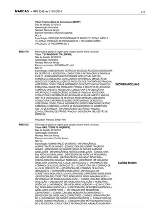 MARCAS - RPI 2246 de 21/01/2014

249

Titular: Empresa Brasil de Comunicação [BR/DF]
Data de depósito: 02/10/2013
Apresentação: Nominativa
Natureza: Marca de Serviço
Elemento nominativo: RÁDIO SOCIEDADE
NCL: 41
Especificação: PRODUÇÃO DE PROGRAMAS DE RÁDIO E TELEVISÃO; RÁDIO E
TELEVISÃO (PRODUÇÃO DE PROGRAMAS DE -); TELEVISÃO E RÁDIO
(PRODUÇÃO DE PROGRAMAS DE -);
906831784

Publicação de pedido de registro para oposição (exame formal concluído)
Titular: TS FRANQUIAS LTDA. [BR/MG]
Data de depósito: 02/10/2013
Apresentação: Nominativa
Natureza: Marca de Serviço
Elemento nominativo: SHOWBRANCELHAS
NCL: 35
Especificação: ASSESSORIA EM GESTÃO DE NEGÓCIOS; NEGÓCIOS (ASSESSORIA
EM GESTÃO DE -); ASSESSORIA, CONSULTORIA E INFORMAÇÃO EM FRANQUIA,
EXCETO LICENCIAMENTO DA PROPRIEDADE INTELECTUAL [GESTÃO
COMERCIAL]; ASSESSORIA, CONSULTORIA E INFORMAÇÃO EM GESTÃO DE
NEGÓCIOS E COMERCIALIZAÇÃO DE PRODUTOS SOB CONTRATO DE FRANQUIA;
ASSESSORIA, CONSULTORIA E INFORMAÇÃO EM NEGÓCIOS RELACIONADOS À
ESTRATÉGIA, MARKETING, PRODUÇÃO, PESSOAL E ASSUNTOS RELATIVOS AO
COMÉRCIO VAREJISTA; ASSESSORIA, CONSULTORIA E INFORMAÇÃO NA
IMPLANTAÇÃO E VIABILIZAÇÃO DE SISTEMA DE FRANQUIA; ASSESSORIA,
CONSULTORIA E INFORMAÇÃO RELACIONADAS AO PLANEJAMENTO, ANÁLISE,
GESTÃO E ORGANIZAÇÃO DE NEGÓCIOS PARA EMPRESAS; ASSESSORIA,
CONSULTORIA E INFORMAÇÃO SOBRE OPORTUNIDADES DE NEGÓCIO;
ASSESSORIA, CONSULTORIA E INFORMAÇÕES SOBRE FRANCHISING [GESTÃO
COMERCIAL]; COMÉRCIO (ATRAVÉS DE QUALQUER MEIO) DE COSMÉTICOS;
GESTÃO DE FRANQUIA - [INFORMAÇÃO EM]; GESTÃO DE FRANQUIA [CONSULTORIA EM]; GESTÃO DE FRANQUIA - [ASSESSORIA EM]; GESTÃO DE
FRANQUIA;

SHOWBRANCELHAS

Procurador: Francisco Simões Filho
906831822

Publicação de pedido de registro para oposição (exame formal concluído)
Titular: RAUL TOEWS FILHO [BR/PR]
Data de depósito: 02/10/2013
Apresentação: Nominativa
Natureza: Marca de Serviço
Elemento nominativo: Curitiba Brokers
NCL: 36
Especificação: ADMINISTRAÇÃO DE IMÓVEIS - [INFORMAÇÃO EM];
ADMINISTRAÇÃO DE IMÓVEIS - [CONSULTORIA EM]; ADMINISTRAÇÃO DE
IMÓVEIS - [ASSESSORIA EM]; ADMINISTRAÇÃO DE IMÓVEIS; AGÊNCIAS
IMOBILIÁRIAS - [INFORMAÇÃO EM]; AGÊNCIAS IMOBILIÁRIAS - [CONSULTORIA
EM]; AGÊNCIAS IMOBILIÁRIAS - [ASSESSORIA EM]; AGÊNCIAS IMOBILIÁRIAS;
AVALIAÇÃO IMOBILIÁRIA - [INFORMAÇÃO EM]; AVALIAÇÃO IMOBILIÁRIA [CONSULTORIA EM]; AVALIAÇÃO IMOBILIÁRIA - [ASSESSORIA EM]; AVALIAÇÃO
IMOBILIÁRIA; COBRANÇA DE ALUGUEL (SERVIÇOS DE -) - [INFORMAÇÃO EM];
COBRANÇA DE ALUGUEL (SERVIÇOS DE -) - [CONSULTORIA EM]; COBRANÇA DE
ALUGUEL (SERVIÇOS DE -) - [ASSESSORIA EM]; COBRANÇA DE ALUGUEL
(SERVIÇOS DE -); CORRETORES IMOBILIÁRIOS - [INFORMAÇÃO EM];
CORRETORES IMOBILIÁRIOS - [CONSULTORIA EM]; CORRETORES IMOBILIÁRIOS
- [ASSESSORIA EM]; CORRETORES IMOBILIÁRIOS; IMOBILIÁRIA (AVALIAÇÃO -) [INFORMAÇÃO EM]; IMOBILIÁRIA (AVALIAÇÃO -) - [CONSULTORIA EM]; IMOBILIÁRIA
(AVALIAÇÃO -) - [ASSESSORIA EM]; IMOBILIÁRIA (AVALIAÇÃO -); IMOBILIÁRIAS
(AGÊNCIAS -) - [INFORMAÇÃO EM]; IMOBILIÁRIAS (AGÊNCIAS -) - [CONSULTORIA
EM]; IMOBILIÁRIAS (AGÊNCIAS -) - [ASSESSORIA EM]; IMOBILIÁRIAS (AGÊNCIAS -);
IMOBILIÁRIOS (CORRETORES -) - [INFORMAÇÃO EM]; IMOBILIÁRIOS
(CORRETORES -) - [CONSULTORIA EM]; IMOBILIÁRIOS (CORRETORES -) [ASSESSORIA EM]; IMOBILIÁRIOS (CORRETORES -); IMÓVEIS (ADMINISTRAÇÃO
DE -) - [INFORMAÇÃO EM]; IMÓVEIS (ADMINISTRAÇÃO DE -) - [CONSULTORIA EM];
IMÓVEIS (ADMINISTRAÇÃO DE -) - [ASSESSORIA EM]; IMÓVEIS (ADMINISTRAÇÃO
DE -); ASSESSORIA, CONSULTORIA E INFORMAÇÃO EM AVALIAÇÃO IMOBILIÁRIA -

Curitiba Brokers

 