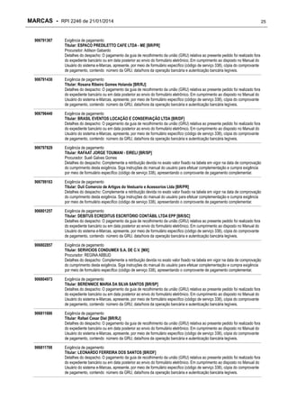 MARCAS - RPI 2246 de 21/01/2014

25

906791367

Exigência de pagamento
Titular: ESPACO PREDILETTO CAFE LTDA - ME [BR/PR]
Procurador: Adilson Gabardo
Detalhes do despacho: O pagamento da guia de recolhimento da união (GRU) relativa ao presente pedido foi realizado fora
do expediente bancário ou em data posterior ao envio do formulário eletrônico. Em cumprimento ao disposto no Manual do
Usuário do sistema e-Marcas, apresente, por meio de formulário específico (código de serviço 338), cópia do comprovante
de pagamento, contendo número da GRU, data/hora da operação bancária e autenticação bancária legíveis.

906791430

Exigência de pagamento
Titular: Rosana Ribeiro Gomes Holanda [BR/RJ]
Detalhes do despacho: O pagamento da guia de recolhimento da união (GRU) relativa ao presente pedido foi realizado fora
do expediente bancário ou em data posterior ao envio do formulário eletrônico. Em cumprimento ao disposto no Manual do
Usuário do sistema e-Marcas, apresente, por meio de formulário específico (código de serviço 338), cópia do comprovante
de pagamento, contendo número da GRU, data/hora da operação bancária e autenticação bancária legíveis.

906796440

Exigência de pagamento
Titular: BRASIL EVENTOS LOCAÇÃO E CONSERVAÇÃO LTDA [BR/DF]
Detalhes do despacho: O pagamento da guia de recolhimento da união (GRU) relativa ao presente pedido foi realizado fora
do expediente bancário ou em data posterior ao envio do formulário eletrônico. Em cumprimento ao disposto no Manual do
Usuário do sistema e-Marcas, apresente, por meio de formulário específico (código de serviço 338), cópia do comprovante
de pagamento, contendo número da GRU, data/hora da operação bancária e autenticação bancária legíveis.

906797829

Exigência de pagamento
Titular: RAFAAT JORGE TOUMANI - EIRELI [BR/SP]
Procurador: Sueli Galves Gomes
Detalhes do despacho: Complemente a retribuição devida no exato valor fixado na tabela em vigor na data de comprovação
do cumprimento desta exigência. Siga instruções do manual do usuário para efetuar complementação e cumpra exigência
por meio de formulário específico (código de serviço 338), apresentando o comprovante de pagamento complementar.

906799163

Exigência de pagamento
Titular: Duli Comercio de Artigos do Vestuario e Acessorios Ltda [BR/PR]
Detalhes do despacho: Complemente a retribuição devida no exato valor fixado na tabela em vigor na data de comprovação
do cumprimento desta exigência. Siga instruções do manual do usuário para efetuar complementação e cumpra exigência
por meio de formulário específico (código de serviço 338), apresentando o comprovante de pagamento complementar.

906801257

Exigência de pagamento
Titular: DEBITUS ECREDITUS ESCRITÓRIO CONTÁBIL LTDA EPP [BR/SC]
Detalhes do despacho: O pagamento da guia de recolhimento da união (GRU) relativa ao presente pedido foi realizado fora
do expediente bancário ou em data posterior ao envio do formulário eletrônico. Em cumprimento ao disposto no Manual do
Usuário do sistema e-Marcas, apresente, por meio de formulário específico (código de serviço 338), cópia do comprovante
de pagamento, contendo número da GRU, data/hora da operação bancária e autenticação bancária legíveis.

906802857

Exigência de pagamento
Titular: SERVICIOS CONDUMEX S.A. DE C.V. [MX]
Procurador: REGINA ABBUD
Detalhes do despacho: Complemente a retribuição devida no exato valor fixado na tabela em vigor na data de comprovação
do cumprimento desta exigência. Siga instruções do manual do usuário para efetuar complementação e cumpra exigência
por meio de formulário específico (código de serviço 338), apresentando o comprovante de pagamento complementar.

906804973

Exigência de pagamento
Titular: BERENNICE MARIA DA SILVA SANTOS [BR/SP]
Detalhes do despacho: O pagamento da guia de recolhimento da união (GRU) relativa ao presente pedido foi realizado fora
do expediente bancário ou em data posterior ao envio do formulário eletrônico. Em cumprimento ao disposto no Manual do
Usuário do sistema e-Marcas, apresente, por meio de formulário específico (código de serviço 338), cópia do comprovante
de pagamento, contendo número da GRU, data/hora da operação bancária e autenticação bancária legíveis.

906811686

Exigência de pagamento
Titular: Rafael Cesar Diel [BR/RJ]
Detalhes do despacho: O pagamento da guia de recolhimento da união (GRU) relativa ao presente pedido foi realizado fora
do expediente bancário ou em data posterior ao envio do formulário eletrônico. Em cumprimento ao disposto no Manual do
Usuário do sistema e-Marcas, apresente, por meio de formulário específico (código de serviço 338), cópia do comprovante
de pagamento, contendo número da GRU, data/hora da operação bancária e autenticação bancária legíveis.

906811708

Exigência de pagamento
Titular: LEONARDO FERREIRA DOS SANTOS [BR/DF]
Detalhes do despacho: O pagamento da guia de recolhimento da união (GRU) relativa ao presente pedido foi realizado fora
do expediente bancário ou em data posterior ao envio do formulário eletrônico. Em cumprimento ao disposto no Manual do
Usuário do sistema e-Marcas, apresente, por meio de formulário específico (código de serviço 338), cópia do comprovante
de pagamento, contendo número da GRU, data/hora da operação bancária e autenticação bancária legíveis.

 