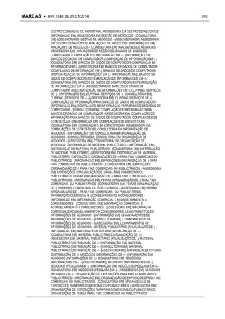 MARCAS - RPI 2246 de 21/01/2014
GESTÃO COMERCIAL OU INDUSTRIAL; ASSESSORIA EM GESTÃO DE NEGÓCIOS [INFORMAÇÃO EM]; ASSESSORIA EM GESTÃO DE NEGÓCIOS - [CONSULTORIA
EM]; ASSESSORIA EM GESTÃO DE NEGÓCIOS - [ASSESSORIA EM]; ASSESSORIA
EM GESTÃO DE NEGÓCIOS; AVALIAÇÕES DE NEGÓCIOS - [INFORMAÇÃO EM];
AVALIAÇÕES DE NEGÓCIOS - [CONSULTORIA EM]; AVALIAÇÕES DE NEGÓCIOS [ASSESSORIA EM]; AVALIAÇÕES DE NEGÓCIOS; BANCOS DE DADOS DE
COMPUTADOR (COMPILAÇÃO DE INFORMAÇÃO EM -) - [INFORMAÇÃO EM];
BANCOS DE DADOS DE COMPUTADOR (COMPILAÇÃO DE INFORMAÇÃO EM -) [CONSULTORIA EM]; BANCOS DE DADOS DE COMPUTADOR (COMPILAÇÃO DE
INFORMAÇÃO EM -) - [ASSESSORIA EM]; BANCOS DE DADOS DE COMPUTADOR
(COMPILAÇÃO DE INFORMAÇÃO EM -); BANCOS DE DADOS DE COMPUTADOR
(SISTEMATIZAÇÃO DE INFORMAÇÕES EM -) - [INFORMAÇÃO EM]; BANCOS DE
DADOS DE COMPUTADOR (SISTEMATIZAÇÃO DE INFORMAÇÕES EM -) [CONSULTORIA EM]; BANCOS DE DADOS DE COMPUTADOR (SISTEMATIZAÇÃO
DE INFORMAÇÕES EM -) - [ASSESSORIA EM]; BANCOS DE DADOS DE
COMPUTADOR (SISTEMATIZAÇÃO DE INFORMAÇÕES EM -); CLIPPING (SERVIÇOS
DE -) - [INFORMAÇÃO EM]; CLIPPING (SERVIÇOS DE -) - [CONSULTORIA EM];
CLIPPING (SERVIÇOS DE -) - [ASSESSORIA EM]; CLIPPING (SERVIÇOS DE -);
COMPILAÇÃO DE INFORMAÇÃO PARA BANCOS DE DADOS DE COMPUTADOR [INFORMAÇÃO EM]; COMPILAÇÃO DE INFORMAÇÃO PARA BANCOS DE DADOS DE
COMPUTADOR - [CONSULTORIA EM]; COMPILAÇÃO DE INFORMAÇÃO PARA
BANCOS DE DADOS DE COMPUTADOR - [ASSESSORIA EM]; COMPILAÇÃO DE
INFORMAÇÃO PARA BANCOS DE DADOS DE COMPUTADOR; COMPILAÇÕES DE
ESTATÍSTICAS - [INFORMAÇÃO EM]; COMPILAÇÕES DE ESTATÍSTICAS [CONSULTORIA EM]; COMPILAÇÕES DE ESTATÍSTICAS - [ASSESSORIA EM];
COMPILAÇÕES DE ESTATÍSTICAS; CONSULTORIA EM ORGANIZAÇÃO DE
NEGÓCIOS - [INFORMAÇÃO EM]; CONSULTORIA EM ORGANIZAÇÃO DE
NEGÓCIOS - [CONSULTORIA EM]; CONSULTORIA EM ORGANIZAÇÃO DE
NEGÓCIOS - [ASSESSORIA EM]; CONSULTORIA EM ORGANIZAÇÃO DE
NEGÓCIOS; DISTRIBUIÇÃO DE MATERIAL PUBLICITÁRIO - [INFORMAÇÃO EM];
DISTRIBUIÇÃO DE MATERIAL PUBLICITÁRIO - [CONSULTORIA EM]; DISTRIBUIÇÃO
DE MATERIAL PUBLICITÁRIO - [ASSESSORIA EM]; DISTRIBUIÇÃO DE MATERIAL
PUBLICITÁRIO; EXPOSIÇÕES (ORGANIZAÇÃO DE -) PARA FINS COMERCIAIS OU
PUBLICITÁRIOS - [INFORMAÇÃO EM]; EXPOSIÇÕES (ORGANIZAÇÃO DE -) PARA
FINS COMERCIAIS OU PUBLICITÁRIOS - [CONSULTORIA EM]; EXPOSIÇÕES
(ORGANIZAÇÃO DE -) PARA FINS COMERCIAIS OU PUBLICITÁRIOS - [ASSESSORIA
EM]; EXPOSIÇÕES (ORGANIZAÇÃO DE -) PARA FINS COMERCIAIS OU
PUBLICITÁRIOS; FEIRAS (ORGANIZAÇÃO DE -) PARA FINS COMERCIAIS OU
PUBLICITÁRIOS - [INFORMAÇÃO EM]; FEIRAS (ORGANIZAÇÃO DE -) PARA FINS
COMERCIAIS OU PUBLICITÁRIOS - [CONSULTORIA EM]; FEIRAS (ORGANIZAÇÃO
DE -) PARA FINS COMERCIAIS OU PUBLICITÁRIOS - [ASSESSORIA EM]; FEIRAS
(ORGANIZAÇÃO DE -) PARA FINS COMERCIAIS OU PUBLICITÁRIOS;
INFORMAÇÃO COMERCIAL E ACONSELHAMENTO A CONSUMIDORES [INFORMAÇÃO EM]; INFORMAÇÃO COMERCIAL E ACONSELHAMENTO A
CONSUMIDORES - [CONSULTORIA EM]; INFORMAÇÃO COMERCIAL E
ACONSELHAMENTO A CONSUMIDORES - [ASSESSORIA EM]; INFORMAÇÃO
COMERCIAL E ACONSELHAMENTO A CONSUMIDORES; LEVANTAMENTOS DE
INFORMAÇÕES DE NEGÓCIOS - [INFORMAÇÃO EM]; LEVANTAMENTOS DE
INFORMAÇÕES DE NEGÓCIOS - [CONSULTORIA EM]; LEVANTAMENTOS DE
INFORMAÇÕES DE NEGÓCIOS - [ASSESSORIA EM]; LEVANTAMENTOS DE
INFORMAÇÕES DE NEGÓCIOS; MATERIAL PUBLICITÁRIO (ATUALIZAÇÃO DE -) [INFORMAÇÃO EM]; MATERIAL PUBLICITÁRIO (ATUALIZAÇÃO DE -) [CONSULTORIA EM]; MATERIAL PUBLICITÁRIO (ATUALIZAÇÃO DE -) [ASSESSORIA EM]; MATERIAL PUBLICITÁRIO (ATUALIZAÇÃO DE -); MATERIAL
PUBLICITÁRIO (DISTRIBUIÇÃO DE -) - [INFORMAÇÃO EM]; MATERIAL
PUBLICITÁRIO (DISTRIBUIÇÃO DE -) - [CONSULTORIA EM]; MATERIAL
PUBLICITÁRIO (DISTRIBUIÇÃO DE -) - [ASSESSORIA EM]; MATERIAL PUBLICITÁRIO
(DISTRIBUIÇÃO DE -); NEGÓCIOS (INFORMAÇÕES DE -) - [INFORMAÇÃO EM];
NEGÓCIOS (INFORMAÇÕES DE -) - [CONSULTORIA EM]; NEGÓCIOS
(INFORMAÇÕES DE -) - [ASSESSORIA EM]; NEGÓCIOS (INFORMAÇÕES DE -);
NEGÓCIOS (PESQUISA EM -) - [INFORMAÇÃO EM]; NEGÓCIOS (PESQUISA EM -) [CONSULTORIA EM]; NEGÓCIOS (PESQUISA EM -) - [ASSESSORIA EM]; NEGÓCIOS
(PESQUISA EM -); ORGANIZAÇÃO DE EXPOSIÇÕES PARA FINS COMERCIAIS OU
PUBLICITÁRIOS - [INFORMAÇÃO EM]; ORGANIZAÇÃO DE EXPOSIÇÕES PARA FINS
COMERCIAIS OU PUBLICITÁRIOS - [CONSULTORIA EM]; ORGANIZAÇÃO DE
EXPOSIÇÕES PARA FINS COMERCIAIS OU PUBLICITÁRIOS - [ASSESSORIA EM];
ORGANIZAÇÃO DE EXPOSIÇÕES PARA FINS COMERCIAIS OU PUBLICITÁRIOS;
ORGANIZAÇÃO DE FEIRAS PARA FINS COMERCIAIS OU PUBLICITÁRIOS -

255

 