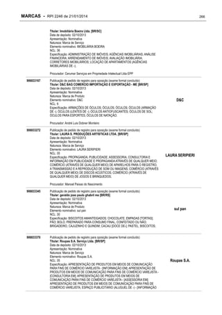 MARCAS - RPI 2246 de 21/01/2014

266

Titular: Imobiliária Boeira Ltda. [BR/SC]
Data de depósito: 02/10/2013
Apresentação: Nominativa
Natureza: Marca de Serviço
Elemento nominativo: IMOBILIÁRIA BOEIRA
NCL: 36
Especificação: ADMINISTRAÇÃO DE IMÓVEIS; AGÊNCIAS IMOBILIÁRIAS; ANÁLISE
FINANCEIRA; ARRENDAMENTO DE IMÓVEIS; AVALIAÇÃO IMOBILIÁRIA;
CORRETORES IMOBILIÁRIOS; LOCAÇÃO DE APARTAMENTOS (AGÊNCIAS
IMOBILIÁRIAS DE -);
Procurador: Cerumar Serviços em Propriedade Intelectual Ltda EPP
906833167

Publicação de pedido de registro para oposição (exame formal concluído)
Titular: D&C BAG COMERCIO IMPORTAÇÃO E EXPORTAÇÃO - ME [BR/SP]
Data de depósito: 02/10/2013
Apresentação: Nominativa
Natureza: Marca de Produto
Elemento nominativo: D&C
NCL: 9
Especificação: ARMAÇÕES DE ÓCULOS; ÓCULOS; ÓCULOS; ÓCULOS (ARMAÇÃO
DE -); ÓCULOS (LENTES DE -); ÓCULOS ANTIOFUSCANTES; ÓCULOS DE SOL;
ÓCULOS PARA ESPORTES; ÓCULOS DE NATAÇÃO;

D&C

Procurador: André Luis Dobner Monteiro
906833272

Publicação de pedido de registro para oposição (exame formal concluído)
Titular: LAURA S. PRODUÇÕES ARTISTICAS LTDA. [BR/SP]
Data de depósito: 02/10/2013
Apresentação: Nominativa
Natureza: Marca de Serviço
Elemento nominativo: LAURA SERIPIERI
NCL: 35
Especificação: PROPAGANDA; PUBLICIDADE; ASSESSORIA, CONSULTORIA E
INFORMAÇÃO EM PUBLICIDADE E PROPAGANDA ATRAVÉS DE QUALQUER MEIO;
COMÉRCIO (ATRAVÉS DE QUALQUER MEIO) DE APARELHOS PARA O REGISTRO,
A TRANSMISSÃO E A REPRODUÇÃO DE SOM OU IMAGENS; COMÉRCIO (ATRAVÉS
DE QUALQUER MEIO) DE DISCOS ACÚSTICOS; COMÉRCIO (ATRAVÉS DE
QUALQUER MEIO) DE JOGOS E BRINQUEDOS;

LAURA SERIPIERI

Procurador: Manoel Paixao do Nascimento
906833345

906833370

Publicação de pedido de registro para oposição (exame formal concluído)
Titular: geraldo joao paulo ghabril me [BR/RS]
Data de depósito: 02/10/2013
Apresentação: Nominativa
Natureza: Marca de Produto
Elemento nominativo: sul pan
NCL: 30
Especificação: BISCOITOS AMANTEIGADOS; CHOCOLATE; EMPADAS [TORTAS];
PÃO; BOLO, PREPARADO PARA CONSUMO FINAL, CONFEITADO OU NÃO;
BRIGADEIRO, CAJUZINHO E QUINDIM; CACAU [DOCE DE-]; PASTEL; BISCOITOS;
Publicação de pedido de registro para oposição (exame formal concluído)
Titular: Roupas S.A. Serviço Ltda. [BR/SP]
Data de depósito: 02/10/2013
Apresentação: Nominativa
Natureza: Marca de Serviço
Elemento nominativo: Roupas S.A.
NCL: 35
Especificação: APRESENTAÇÃO DE PRODUTOS EM MEIOS DE COMUNICAÇÃO
PARA FINS DE COMÉRCIO VAREJISTA - [INFORMAÇÃO EM]; APRESENTAÇÃO DE
PRODUTOS EM MEIOS DE COMUNICAÇÃO PARA FINS DE COMÉRCIO VAREJISTA [CONSULTORIA EM]; APRESENTAÇÃO DE PRODUTOS EM MEIOS DE
COMUNICAÇÃO PARA FINS DE COMÉRCIO VAREJISTA - [ASSESSORIA EM];
APRESENTAÇÃO DE PRODUTOS EM MEIOS DE COMUNICAÇÃO PARA FINS DE
COMÉRCIO VAREJISTA; ESPAÇO PUBLICITÁRIO (ALUGUEL DE -) - [INFORMAÇÃO

sul pan

Roupas S.A.

 