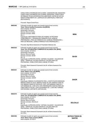 MARCAS - RPI 2246 de 21/01/2014

268

CONSULTORIA E INFORMAÇÃO EM CULINÁRIA - [ASSESSORIA EM]; ASSESSORIA
CONSULTORIA E INFORMAÇÃO EM CULINÁRIA; ASSESSORIA, CONSULTORIA E
INFORMAÇÃO TÉCNICA EM SERVIÇO DE ALIMENTAÇÃO; CESTAS DE CAFÉ DA
MANHÃ (FORNECIMENTO DE -) [SERVIÇOS DE ALIMENTAÇÃO]; CYBER-CAFÉ
[RESTAURANTE];
Procurador: Wagner Donate Rocco
906833493

Publicação de pedido de registro para oposição (exame formal concluído)
Titular: Cifarma Científica Farmacêutica Ltda [BR/GO]
Data de depósito: 02/10/2013
Apresentação: Nominativa
Natureza: Marca de Produto
Elemento nominativo: MIWA
NCL: 5
Especificação: MEDICAMENTOS PARA USO HUMANO; NUTRICIONAIS
(COMPLEMENTOS -); PREPARAÇÕES FARMACÊUTICAS; QUÍMICAS
(PREPARAÇÕES -) PARA USO FARMACÊUTICO; QUÍMICAS (PREPARAÇÕES -)
PARA USO MEDICINAL; QUÍMICO-FARMACÊUTICAS (PREPARAÇÕES -);

MIWA

Procurador: Algo Alliance Assessoria em Propriedade Intelectual Ltda.
906833523

Publicação de pedido de registro para oposição (exame formal concluído)
Titular: CAL LIFE INDUSTRIA E COMERCIO DE CALCADOS LTDA. [BR/SP]
Data de depósito: 02/10/2013
Apresentação: Nominativa
Natureza: Marca de Produto
Elemento nominativo: BIA BII
NCL: 25
Especificação: ALPERCATAS; BOTAS *; BOTINAS; CALÇADOS *; CALÇADOS EM
GERAL *; SANDÁLIAS; CALÇADO ESPORTIVO; CALÇADO PARA USO
PROFISSIONAL; CHINELO [VESTUÁRIO COMUM]; COTURNO;

BIA BII

Procurador: Beerre Assessoria Empresarial Ltda.(Alt. de Beerre Assessoria Emp.
S/C.LTDA.)
906833531

906833574

Publicação de pedido de registro para oposição (exame formal concluído)
Titular: Dalpian e Pavi Ltda [BR/RS]
Data de depósito: 02/10/2013
Apresentação: Nominativa
Natureza: Marca de Produto
Elemento nominativo: SAVOR
NCL: 30
Especificação: BEBIDAS (FLAVORIZANTES PARA -), EXCETO ÓLEOS ESSENCIAIS;
BEBIDAS À BASE DE CACAU; BEBIDAS À BASE DE CAFÉ; BEBIDAS À BASE DE
CHÁ; BEBIDAS À BASE DE CHOCOLATE; CAFÉ; CAFÉ (BEBIDAS À BASE DE -);
CAFÉ (BEBIDAS DE -) COM LEITE; CAFÉ (PREPARAÇÕES VEGETAIS PARA USO
COMO SUBSTITUTOS DE-); CAFÉ (SUCEDÂNEOS DE -); CAFÉ NÃO TORRADO;
CAFÉ EM GRÃO; CAFÉ EM PÓ; CAFÉ SOLÚVEL;
Publicação de pedido de registro para oposição (exame formal concluído)
Titular: CAL LIFE INDUSTRIA E COMERCIO DE CALCADOS LTDA. [BR/SP]
Data de depósito: 02/10/2013
Apresentação: Nominativa
Natureza: Marca de Produto
Elemento nominativo: DELICALLE
NCL: 25
Especificação: ALPERCATAS; BOTAS *; BOTINAS; CALÇADOS *; CALÇADOS EM
GERAL *; SANDÁLIAS; CALÇADO ESPORTIVO; CALÇADO PARA USO
PROFISSIONAL; CHINELO [VESTUÁRIO COMUM]; COTURNO;

SAVOR

DELICALLE

Procurador: Beerre Assessoria Empresarial Ltda.(Alt. de Beerre Assessoria Emp.
S/C.LTDA.)
906833582

Publicação de pedido de registro para oposição (exame formal concluído)
Titular: Boteco Todos os Santos [BR/SP]
Data de depósito: 02/10/2013

BOTECO TODOS OS
SANTOS

 