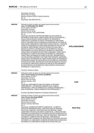 MARCAS - RPI 2246 de 21/01/2014

269

Apresentação: Nominativa
Natureza: Marca de Serviço
Elemento nominativo: BOTECO TODOS OS SANTOS
NCL: 43
Especificação: BAR (SERVIÇOS DE -);
906833590

Publicação de pedido de registro para oposição (exame formal concluído)
Titular: V2 TECNOLOGIA LTDA. [BR/SP]
Data de depósito: 02/10/2013
Apresentação: Nominativa
Natureza: Marca de Serviço
Elemento nominativo: INTELLIGENCEWARE
NCL: 42
Especificação: ANÁLISE DE SISTEMAS [INFORMÁTICA]; ATUALIZAÇÃO DE
SOFTWARE DE COMPUTADOR; COMPUTADORES (PROJETO DE SISTEMA DE -);
CONSULTORIA EM DESIGN E DESENVOLVIMENTO DE HARDWARE DE
COMPUTADOR; CONVERSÃO DE DADOS E PROGRAMAS DE COMPUTADOR
[EXCETO CONVERSÃO FÍSICA]; ELABORAÇÃO [CONCEPÇÃO] DE SOFTWARE DE
COMPUTADOR; HARDWARE DE COMPUTADOR (CONSULTORIA EM -); PESQUISAS
TÉCNICAS; PROGRAMAÇÃO DE COMPUTADOR [INFORMÁTICA]; PROJETO DE
SISTEMA DE COMPUTADORES; PROJETOS TÉCNICOS (ESTUDOS PARA -);
ANÁLISE DE SUPORTE E SISTEMA [SERVIÇO DE INFORMÁTICA]; ANÁLISE E
PROCESSAMENTO DE DADOS [SERVIÇO DE INFORMÁTICA]; ASSESSORIA,
CONSULTORIA E INFORMAÇÃO EM SOFTWARE; ASSESSORIA, CONSULTORIA E
INFORMAÇÃO NO CAMPO DA SEGURANÇA DA INFORMÁTICA; ASSESSORIA,
CONSULTORIA E INFORMAÇÃO NO CAMPO DA SELEÇÃO, IMPLEMENTAÇÃO E
USO DOS SISTEMAS HARDWARE E SOFTWARE PARA TERCEIROS; ASSESSORIA,
CONSULTORIA E INFORMAÇÕES NO CAMPO DA MANUTENÇÃO DA SEGURANÇA E
INTEGRIDADE DE BANCO DE DADOS [SERVIÇO DE INFORMÁTICA]; ASSISTÊNCIA
TÉCNICA EM SOFTWARE; IMPLANTAÇÃO DE SISTEMA [INFORMÁTICA]; PROJETO
DE SISTEMA DE COMPUTADOR; SERVIÇOS DE ANÁLISE DE PROCESSAMENTO
DE DADOS [SERVIÇO DE INFORMÁTICA]; CONSULTORIA EM TECNOLOGIA DA
INFORMAÇÃO (TI) (SERVIÇOS DE -);

INTELLIGENCEWARE

Procurador: Claudiney de Angelo
906833604

Publicação de pedido de registro para oposição (exame formal concluído)
Titular: Cifarma Científica Farmacêutica Ltda [BR/GO]
Data de depósito: 02/10/2013
Apresentação: Nominativa
Natureza: Marca de Produto
Elemento nominativo: CLEO
NCL: 5
Especificação: MEDICAMENTOS PARA USO HUMANO; NUTRICIONAIS
(COMPLEMENTOS -); PREPARAÇÕES FARMACÊUTICAS; QUÍMICAS
(PREPARAÇÕES -) PARA USO FARMACÊUTICO; QUÍMICAS (PREPARAÇÕES -)
PARA USO MEDICINAL; QUÍMICO-FARMACÊUTICAS (PREPARAÇÕES -);

CLEO

Procurador: Algo Alliance Assessoria em Propriedade Intelectual Ltda.
906833639

Publicação de pedido de registro para oposição (exame formal concluído)
Titular: Dircianne Silva Rangel [BR/SP]
Data de depósito: 02/10/2013
Apresentação: Nominativa
Natureza: Marca de Produto
Elemento nominativo: Bistrô Ninja
NCL: 5
Especificação: ALBUMINA (SUPLEMENTO ALIMENTAR DE -); ALIMENTOS
DIETÉTICOS (PREPARAÇÕES PARA -) ADAPTADOS PARA USO MEDICINAL;
DIETÉTICOS (ALIMENTOS -) ADAPTADOS PARA USO MEDICINAL; FIBRAS
ALIMENTARES; PROTEÍNA (SUPLEMENTO ALIMENTAR DE -); AMINOÁCIDO PARA
TRATAMENTO DE DESNUTRIÇÃO OU DEFICIÊNCIA PROTÉICA; BARRA DIETÉTICA
PARA SUPLEMENTAÇÃO NUTRICIONAL, PARA FINS MEDICINAIS; COMPLEMENTO/
SUPLEMENTO ALIMENTAR PARA USO MEDICINAL; COMPOSIÇÃO DE
AMINOÁCIDO PARA TRATAMENTO DE DESNUTRIÇÃO OU DEFICIÊNCIA PROTÉICA;
SUPLEMENTO OU COMPLEMENTO ALIMENTAR EM BARRA PARA USO MEDICINAL;
SUPLEMENTO OU COMPLEMENTO ALIMENTAR EM LÍQUIDO PARA USO

Bistrô Ninja

 