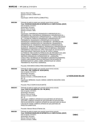 MARCAS - RPI 2246 de 21/01/2014

271

Natureza: Marca de Produto
Elemento nominativo: CHAMA FORTE
NCL: 4
Especificação: CARVÃO VEGETAL [COMBUSTÍVEL];
906833884

Publicação de pedido de registro para oposição (exame formal concluído)
Titular: SOCIEDADE BRASILEIRA DE MATEMÁTICA A E COMPUTACIONAL [BR/SP]
Data de depósito: 02/10/2013
Apresentação: Nominativa
Natureza: Marca de Serviço
Elemento nominativo: CMAC
NCL: 41
Especificação: CONFERÊNCIAS (ORGANIZAÇÃO E APRESENTAÇÃO DE -) [INFORMAÇÃO EM]; CONFERÊNCIAS (ORGANIZAÇÃO E APRESENTAÇÃO DE -);
CONGRESSOS (ORGANIZAÇÃO E APRESENTAÇÃO DE -); LIVROS (PUBLICAÇÃO
DE -); OFICINAS DE TRABALHO (ORGANIZAÇÃO E APRESENTAÇÃO DE -)
[TREINAMENTO]; ORGANIZAÇÃO E APRESENTAÇÃO DE COLÓQUIOS;
ORGANIZAÇÃO E APRESENTAÇÃO DE CONFERÊNCIAS - [INFORMAÇÃO EM];
ORGANIZAÇÃO E APRESENTAÇÃO DE CONFERÊNCIAS; ORGANIZAÇÃO E
APRESENTAÇÃO DE CONGRESSOS; ORGANIZAÇÃO E APRESENTAÇÃO DE
OFICINAS DE TRABALHO [TREINAMENTO]; ORGANIZAÇÃO E APRESENTAÇÃO DE
SEMINÁRIOS; ORGANIZAÇÃO E APRESENTAÇÃO DE SIMPÓSIOS; ORIENTAÇÃO
[TREINAMENTO]; PUBLICAÇÃO DE LIVROS; PUBLICAÇÃO DE TEXTOS [EXCETO
PARA PUBLICIDADE]; PUBLICAÇÃO ON-LINE DE LIVROS E JORNAIS
ELETRÔNICOS; PUBLICAÇÕES ELETRÔNICAS ON-LINE (PROVIMENTO DE-) [NÃO
DOWNLOADABLE]; SEMINÁRIOS (ORGANIZAÇÃO E APRESENTAÇÃO DE -);
SIMPÓSIOS (ORGANIZAÇÃO E APRESENTAÇÃO DE -); ASSESSORIA,
CONSULTORIA E INFORMAÇÃO EM TREINAMENTO [DEMONSTRAÇÃO][ENSINO];
CURSOS LIVRES [ENSINO]; SERVIÇOS PRESTADOS POR ENTIDADES DE
REPRESENTAÇÃO DE CLASSE, A SABER, APRESENTAÇÃO DE CURSOS,
TREINAMENTOS, PALESTRAS E SEMINÁRIOS;

CMAC

Procurador: NOVA MARCA CONSULTORES ASSOCIADOS LTDA.
906833930

Publicação de pedido de registro para oposição (exame formal concluído)
Titular: IRES JOSÉ PEREIRA DE SOUSA [BR/GO]
Data de depósito: 02/10/2013
Apresentação: Nominativa
Natureza: Marca de Produto
Elemento nominativo: LA' BOOKJEANS DELUXE
NCL: 25
Especificação: BERMUDAS; CALÇAS; CAMISAS; CAMISETAS; MACACÕES; SAIAS;
VESTUÁRIO *;

LA' BOOKJEANS DELUXE

Procurador: PAULO CICERO DA SILVA SANTOS
906833973

Publicação de pedido de registro para oposição (exame formal concluído)
Titular: EVER UP SUPLEMENTOS LTDA - ME [BR/SC]
Data de depósito: 02/10/2013
Apresentação: Nominativa
Natureza: Marca de Serviço
Elemento nominativo: EVERUP
NCL: 35
Especificação: COMÉRCIO (ATRAVÉS DE QUALQUER MEIO) DE ARTIGOS DO
VESTUÁRIO; COMÉRCIO (ATRAVÉS DE QUALQUER MEIO) DE ARTIGOS PARA
PRÁTICA DE ESPORTES; COMÉRCIO (ATRAVÉS DE QUALQUER MEIO) DE MALAS
E BOLSAS DE VIAGEM; COMÉRCIO (ATRAVÉS DE QUALQUER MEIO) DE
PRODUTOS ALIMENTÍCIOS;

EVERUP

Procurador: Adenacon Marcas & Patentes Ltda.
906833981

Publicação de pedido de registro para oposição (exame formal concluído)
Titular: SOCIEDADE BRASILEIRA DE MATEMÁTICA A E COMPUTACIONAL [BR/SP]
Data de depósito: 02/10/2013
Apresentação: Nominativa
Natureza: Marca de Serviço
Elemento nominativo: CNMAC

CNMAC

 