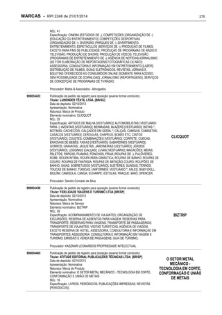 MARCAS - RPI 2246 de 21/01/2014

275

NCL: 41
Especificação: CINEMA (ESTÚDIOS DE -); COMPETIÇÕES (ORGANIZAÇÃO DE -)
[EDUCAÇÃO OU ENTRETENIMENTO]; COMPETIÇÕES DESPORTIVAS
(ORGANIZAÇÃO DE -); DIVERSÃO (PARQUES DE -); DIVERTIMENTO;
ENTRETENIMENTO; ESPETÁCULOS (SERVIÇOS DE -); PRODUÇÃO DE FILMES,
EXCETO PARA FINS DE PUBLICIDADE; PRODUÇÃO DE PROGRAMAS DE RÁDIO E
TELEVISÃO; PRODUÇÃO DE SHOWS; PRODUÇÃO DE VÍDEOS; TELEVISÃO
(PROGRAMAS DE ENTRETENIMENTO DE -); AGÊNCIA DE NOTÍCIAS/JORNALISMO
(SE FOR ELABORAÇÃO DE REPORTAGENS FOTOGRÁFICAS OU NÃO);
ASSESSORIA, CONSULTORIA E INFORMAÇÃO EM ENTRETENIMENTO [LAZER];
DISTRIBUIÇÃO DE FILMES; GUIAS ELETRÔNICOS, REVISTAS, JORNAIS E
BOLETINS OFERECIDOS AO CONSUMIDOR ONLINE [SOMENTE PARA ACESSO,
SEM POSSIBILIDADE DE DOWNLOAD]; JORNALISMO (REPORTAGENS); SERVIÇOS
DE CONCEPÇÃO DE PROGRAMAS DE TV/RÁDIO;
Procurador: Matos & Associados - Advogados
906834422

Publicação de pedido de registro para oposição (exame formal concluído)
Titular: LUNENDER TÊXTIL LTDA. [BR/SC]
Data de depósito: 02/10/2013
Apresentação: Nominativa
Natureza: Marca de Produto
Elemento nominativo: CLICQUOT
NCL: 25
Especificação: ARTIGOS DE MALHA [VESTUÁRIO]; AUTOMOBILISTAS (VESTUÁRIO
PARA -); AVENTAIS [VESTUÁRIO]; BERMUDAS; BLAZERS [VESTUÁRIO]; BOTAS *;
BOTINAS; CACHECÓIS; CALÇADOS EM GERAL *; CALÇAS; CAMISAS; CAMISETAS;
CASACOS [VESTUÁRIO]; CEROULAS; CHAPÉUS, BONÉS ETC; CINTOS
[VESTUÁRIO]; COLETES; COMBINAÇÕES [VESTUÁRIO]; CORPETE; CUECAS;
ENXOVAIS DE BEBÊS; FAIXAS [VESTUÁRIO]; GABARDINES [VESTUÁRIO];
GORROS; GRAVATAS; JAQUETAS; JARDINEIRAS [VESTUÁRIO]; JÉRSEIS
[VESTUÁRIO]; LEGGINGS [CALÇAS]; LUVAS [VESTUÁRIO]; MACACÕES; MEIAS;
PALETÓS; PARCAS; PIJAMAS; PONCHOS; PRAIA (ROUPAS DE -); PULÔVERES;
ROBE; ROUPA ÍNTIMA; ROUPA PARA GINÁSTICA; ROUPAS DE BANHO; ROUPAS DE
COURO; ROUPAS DE FANTASIA; ROUPAS DE IMITAÇÃO COURO; ROUPÕES DE
BANHO; SAIAS; SOBRETUDOS [VESTUÁRIO]; SUÉTERES; SUNGAS; TERNOS;
TOUCAS DE BANHO; TÚNICAS; UNIFORMES; VESTUÁRIO *; XALES; BABY-DOLL;
BIQUÍNI; CAMISOLA; CANGA; ECHARPE; ESTOLAS; FRAQUE; MAIÔ; SPENCER;

CLICQUOT

Procurador: Sandro Conrado da Silva
906834430

Publicação de pedido de registro para oposição (exame formal concluído)
Titular: FIDELIDADE VIAGENS E TURISMO LTDA [BR/SP]
Data de depósito: 02/10/2013
Apresentação: Nominativa
Natureza: Marca de Serviço
Elemento nominativo: BIZTRIP
NCL: 39
Especificação: ACOMPANHAMENTO DE VIAJANTES; ORGANIZAÇÃO DE
EXCURSÕES; RESERVA DE ASSENTOS PARA VIAGEM; RESERVAS PARA
TRANSPORTE; RESERVAS PARA VIAGENS; TRANSPORTE DE PASSAGEIROS;
TRANSPORTE DE VIAJANTES; VISITAS TURÍSTICAS; AGÊNCIA DE VIAGEM,
EXCETO RESERVA DE HOTEL; ASSESSORIA, CONSULTORIA E INFORMAÇÃO EM
TRANSPORTES; ASSESSORIA, CONSULTORIA E INFORMAÇÃO EM VIAGEM E
TURISMO; EMISSÃO E VENDA DE PASSAGENS; GUIA DE TURISMO;

BIZTRIP

Procurador: KASZNAR LEONARDOS PROPRIEDADE INTELECTUAL
906834465

Publicação de pedido de registro para oposição (exame formal concluído)
Titular: ATITUDE EDITORIAL PUBLICAÇÕES TÉCNICAS LTDA. [BR/SP]
Data de depósito: 02/10/2013
Apresentação: Nominativa
Natureza: Marca de Produto
Elemento nominativo: O SETOR METAL MECÂNICO - TECNOLOGIA EM CORTE,
CONFORMAÇÃO E UNIÃO DE METAIS
NCL: 16
Especificação: LIVROS; PERIÓDICOS; PUBLICAÇÕES IMPRESSAS; REVISTAS
[PERIÓDICOS];

O SETOR METAL
MECÂNICO TECNOLOGIA EM CORTE,
CONFORMAÇÃO E UNIÃO
DE METAIS

 