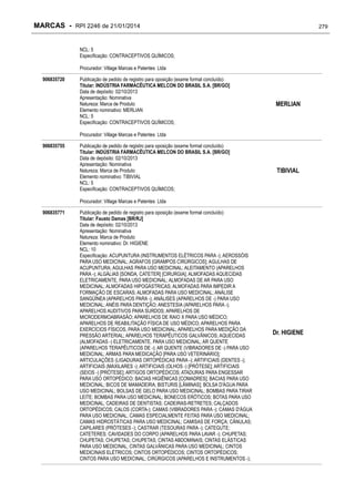 MARCAS - RPI 2246 de 21/01/2014

279

NCL: 5
Especificação: CONTRACEPTIVOS QUÍMICOS;
Procurador: Village Marcas e Patentes Ltda
906835720

Publicação de pedido de registro para oposição (exame formal concluído)
Titular: INDÚSTRIA FARMACÊUTICA MELCON DO BRASIL S.A. [BR/GO]
Data de depósito: 02/10/2013
Apresentação: Nominativa
Natureza: Marca de Produto
Elemento nominativo: MERLIAN
NCL: 5
Especificação: CONTRACEPTIVOS QUÍMICOS;

MERLIAN

Procurador: Village Marcas e Patentes Ltda
906835755

Publicação de pedido de registro para oposição (exame formal concluído)
Titular: INDÚSTRIA FARMACÊUTICA MELCON DO BRASIL S.A. [BR/GO]
Data de depósito: 02/10/2013
Apresentação: Nominativa
Natureza: Marca de Produto
Elemento nominativo: TIBIVIAL
NCL: 5
Especificação: CONTRACEPTIVOS QUÍMICOS;

TIBIVIAL

Procurador: Village Marcas e Patentes Ltda
906835771

Publicação de pedido de registro para oposição (exame formal concluído)
Titular: Fausto Damas [BR/RJ]
Data de depósito: 02/10/2013
Apresentação: Nominativa
Natureza: Marca de Produto
Elemento nominativo: Dr. HIGIENE
NCL: 10
Especificação: ACUPUNTURA (INSTRUMENTOS ELÉTRICOS PARA -); AEROSSÓIS
PARA USO MEDICINAL; AGRAFOS [GRAMPOS CIRÚRGICOS]; AGULHAS DE
ACUPUNTURA; AGULHAS PARA USO MEDICINAL; ALEITAMENTO (APARELHOS
PARA -); ALGÁLIAS [SONDA, CATETER] [CIRURGIA]; ALMOFADAS AQUECIDAS
ELETRICAMENTE, PARA USO MEDICINAL; ALMOFADAS DE AR PARA USO
MEDICINAL; ALMOFADAS HIPOGÁSTRICAS; ALMOFADAS PARA IMPEDIR A
FORMAÇÃO DE ESCARAS; ALMOFADAS PARA USO MEDICINAL; ANÁLISE
SANGÜÍNEA (APARELHOS PARA -); ANÁLISES (APARELHOS DE -) PARA USO
MEDICINAL; ANÉIS PARA DENTIÇÃO; ANESTESIA (APARELHOS PARA -);
APARELHOS AUDITIVOS PARA SURDOS; APARELHOS DE
MICRODERMOABRASÃO; APARELHOS DE RAIO X PARA USO MÉDICO;
APARELHOS DE REABILITAÇÃO FÍSICA DE USO MÉDICO; APARELHOS PARA
EXERCÍCIOS FÍSICOS, PARA USO MEDICINAL; APARELHOS PARA MEDIÇÃO DA
PRESSÃO ARTERIAL; APARELHOS TERAPÊUTICOS GALVÂNICOS; AQUECIDAS
(ALMOFADAS -) ELETRICAMENTE, PARA USO MEDICINAL; AR QUENTE
(APARELHOS TERAPÊUTICOS DE -); AR QUENTE (VIBRADORES DE -) PARA USO
MEDICINAL; ARMAS PARA MEDICAÇÃO [PARA USO VETERINÁRIO];
ARTICULAÇÕES (LIGADURAS ORTOPÉDICAS PARA -); ARTIFICIAIS (DENTES -);
ARTIFICIAIS (MAXILARES -); ARTIFICIAIS (OLHOS -) [PRÓTESE]; ARTIFICIAIS
(SEIOS -) [PRÓTESE]; ARTIGOS ORTOPÉDICOS; ATADURAS PARA ENGESSAR
PARA USO ORTOPÉDICO; BACIAS HIGIÊNICAS [COMADRES]; BACIAS PARA USO
MEDICINAL; BICOS DE MAMADEIRA; BISTURIS [LÂMINAS]; BOLSA D'ÁGUA PARA
USO MEDICINAL; BOLSAS DE GELO PARA USO MEDICINAL; BOMBAS PARA TIRAR
LEITE; BOMBAS PARA USO MEDICINAL; BONECOS ERÓTICOS; BOTAS PARA USO
MEDICINAL; CADEIRAS DE DENTISTAS; CADEIRAS-RETRETES; CALÇADOS
ORTOPÉDICOS; CALOS (CORTA-); CAMAS (VIBRADORES PARA -); CAMAS D'ÁGUA
PARA USO MEDICINAL; CAMAS ESPECIALMENTE FEITAS PARA USO MEDICINAL;
CAMAS HIDROSTÁTICAS PARA USO MEDICINAL; CAMISAS DE FORÇA; CÂNULAS;
CAPILARES (PRÓTESES -); CASTRAR (TESOURAS PARA -); CATEGUTE;
CATETERES; CAVIDADES DO CORPO (APARELHOS PARA LAVAR -); CHUPETAS;
CHUPETAS; CHUPETAS; CHUPETAS; CINTAS ABDOMINAIS; CINTAS ELÁSTICAS
PARA USO MEDICINAL; CINTAS GALVÂNICAS PARA USO MEDICINAL; CINTOS
MEDICINAIS ELÉTRICOS; CINTOS ORTOPÉDICOS; CINTOS ORTOPÉDICOS;
CINTOS PARA USO MEDICINAL; CIRÚRGICOS (APARELHOS E INSTRUMENTOS -);

Dr. HIGIENE

 