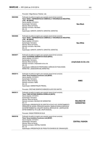 MARCAS - RPI 2246 de 21/01/2014

283

Procurador: Village Marcas e Patentes Ltda
906835968

906836000

906836077

906836115

Publicação de pedido de registro para oposição (exame formal concluído)
Titular: NOVA 3 - REPRESENTACAO COMERCIAL E TERCEIRIZACAO INDUSTRIAL
LTDA. - ME [BR/SP]
Data de depósito: 02/10/2013
Apresentação: Nominativa
Natureza: Marca de Produto
Elemento nominativo: New Black
NCL: 30
Especificação: SORVETE; SORVETE; SORVETES; SORVETES;

New Black

Publicação de pedido de registro para oposição (exame formal concluído)
Titular: NOVA 3 - REPRESENTACAO COMERCIAL E TERCEIRIZACAO INDUSTRIAL
LTDA. - ME [BR/SP]
Data de depósito: 02/10/2013
Apresentação: Nominativa
Natureza: Marca de Produto
Elemento nominativo: New White
NCL: 30
Especificação: SORVETE; SORVETE; SORVETES; SORVETES;

New White

Publicação de pedido de registro para oposição (exame formal concluído)
Titular: ALEXANDRE FERREIRA DE SOUZA [BR/SC]
Data de depósito: 02/10/2013
Apresentação: Nominativa
Natureza: Marca de Serviço
Elemento nominativo: simplicidade do dia a dia
NCL: 35
Especificação: AGÊNCIAS DE PROPAGANDA; AGÊNCIAS DE PUBLICIDADE;
MARKETING - [ASSESSORIA EM]; MARKETING;
Publicação de pedido de registro para oposição (exame formal concluído)
Titular: Savoy Imobiliária Construtora Ltda [BR/SP]
Data de depósito: 02/10/2013
Apresentação: Nominativa
Natureza: Marca de Serviço
Elemento nominativo: INIMO
NCL: 36
Especificação: ADMINISTRAÇÃO PREDIAL;

simplicidade do dia a dia

INIMO

Procurador: CRISTIANE BOMFIM DE MENEZES ALVES DOS SANTOS
906836131

Publicação de pedido de registro para oposição (exame formal concluído)
Titular: FABIO ANTONIO BARBOSA DORNELAS [BR/PE]
Data de depósito: 02/10/2013
Apresentação: Nominativa
Natureza: Marca de Serviço
Elemento nominativo: BALANÇO DE NORDESTINO
NCL: 41
Especificação: APRESENTAÇÃO DE ESPETÁCULOS AO VIVO; ENTRETENIMENTO;
PRODUÇÃO DE SHOWS; PRODUÇÃO MUSICAL; BANDA DE MÚSICA [SERVIÇOS
DE ENTRETENIMENTO]; CONJUNTO MUSICAL (SERVIÇOS DE -) [SERVIÇOS DE
ENTRETENIMENTO]; FÃ CLUBE; GRUPO MUSICAL;

BALANÇO DE
NORDESTINO

Procurador: ISAQUE PEREIRA DA SILVA
906836166

Publicação de pedido de registro para oposição (exame formal concluído)
Titular: Savoy Imobiliária Construtora Ltda [BR/SP]
Data de depósito: 02/10/2013
Apresentação: Nominativa
Natureza: Marca de Serviço
Elemento nominativo: CENTRAL FASHION
NCL: 35
Especificação: APRESENTAÇÃO DE PRODUTOS EM MEIOS DE COMUNICAÇÃO

CENTRAL FASHION

 