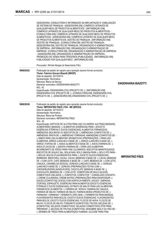 MARCAS - RPI 2246 de 21/01/2014

285

ASSESSORIA, CONSULTORIA E INFORMAÇÃO NA IMPLANTAÇÃO E VIABILIZAÇÃO
DE SISTEMA DE FRANQUIA - [ASSESSORIA EM]; COMÉRCIO (ATRAVÉS DE
QUALQUER MEIO) DE PRODUTOS ALIMENTÍCIOS - [INFORMAÇÃO EM];
COMÉRCIO (ATRAVÉS DE QUALQUER MEIO) DE PRODUTOS ALIMENTÍCIOS [CONSULTORIA EM]; COMÉRCIO (ATRAVÉS DE QUALQUER MEIO) DE PRODUTOS
ALIMENTÍCIOS - [ASSESSORIA EM]; COMÉRCIO (ATRAVÉS DE QUALQUER MEIO)
DE PRODUTOS ALIMENTÍCIOS; GESTÃO DE FRANQUIA - [INFORMAÇÃO EM];
GESTÃO DE FRANQUIA - [CONSULTORIA EM]; GESTÃO DE FRANQUIA [ASSESSORIA EM]; GESTÃO DE FRANQUIA; ORGANIZAÇÃO E ADMINISTRAÇÃO
DE EMPRESA - [INFORMAÇÃO EM]; ORGANIZAÇÃO E ADMINISTRAÇÃO DE
EMPRESA - [CONSULTORIA EM]; ORGANIZAÇÃO E ADMINISTRAÇÃO DE EMPRESA
- [ASSESSORIA EM]; ORGANIZAÇÃO E ADMINISTRAÇÃO DE EMPRESA;
PROMOÇÃO DE VENDA PARA TERCEIROS [PUBLICIDADE] - [INFORMAÇÃO EM];
PUBLICIDADE POR QUALQUER MEIO - [INFORMAÇÃO EM];
Procurador: Whinter Borges do Nascimento Filho
906836522

906836530

Publicação de pedido de registro para oposição (exame formal concluído)
Titular: Fabricio Giovani Biazotti [BR/SP]
Data de depósito: 02/10/2013
Apresentação: Nominativa
Natureza: Marca de Serviço
Elemento nominativo: ENGENHARIA BIAZOTTI
NCL: 42
Especificação: ENGENHARIA CIVIL [PROJETO DE -] - [INFORMAÇÃO EM];
ENGENHARIA CIVIL [PROJETO DE -] - [CONSULTORIA EM]; ENGENHARIA CIVIL
[PROJETO DE -] - [ASSESSORIA EM]; ENGENHARIA CIVIL [PROJETO DE -];
Publicação de pedido de registro para oposição (exame formal concluído)
Titular: IMPERATRIZ PAES LTDA - ME [BR/GO]
Data de depósito: 02/10/2013
Apresentação: Nominativa
Natureza: Marca de Produto
Elemento nominativo: IMPERATRIZ PÃES
NCL: 30
Especificação: ADITIVOS DE GLÚTEN PARA USO CULINÁRIO; ALETRIAS [MASSAS];
ALIMENTARES (MASSAS -); ALIMENTOS (ESSÊNCIAS PARA -) [EXCETO
ESSÊNCIAS ETÉREAS E ÓLEOS ESSENCIAIS]; ALIMENTOS FARINÁCEOS;
AMÊNDOAS (BOLINHOS OU BISCOITOS DE -); AMÊNDOAS (CONFEITOS DE -);
AMÊNDOAS (PASTA DE -); AMÊNDOAS TORRADAS; AMENDOINS (CONFEITOS DE ); AMIDO PARA USO ALIMENTAR; AROMÁTICAS (PREPARAÇÕES -) PARA USO
ALIMENTAR; ARROZ (LANCHES À BASE DE -); ARROZ (LANCHES À BASE DE -);
ARROZ (TORTAS DE -); AVEIA (ALIMENTOS À BASE DE -); AVEIA (FARINHA DE -);
AVEIA (FLOCOS DE -); BATATA (FARINHA DE -) PARA USO ALIMENTAR;
BICARBONATO DE SÓDIO PARA FINS CULINÁRIOS; BISCOITOS AMANTEIGADOS;
BISCOITOS DE ÁGUA E SAL; BOLACHAS; BOLO (MASSA PARA -); BOLO (PÓ PARA ); BOLOS; BOLOS (FLAVORIZANTES PARA -), EXCETO ÓLEOS ESSENCIAIS;
BOMBONS; BRIOCHES; CACAU; CACAU (BEBIDAS À BASE DE -); CACAU (BEBIDAS
DE -) COM LEITE; CAFÉ (BEBIDAS À BASE DE -); CAFÉ (BEBIDAS DE -) COM LEITE;
CANJICA; CARAMELOS [DOCES]; CEREAIS (LANCHES À BASE DE -); CEREAIS
(LANCHES À BASE DE -); CEREAIS (PREPARAÇÕES FEITAS COM -);
CHEESEBURGERS [SANDUÍCHES]; CHOCOLATE (BEBIDAS À BASE DE -);
CHOCOLATE (BEBIDAS DE -) COM LEITE; COBERTURA DE BOLO [GLACÊ];
COMESTÍVEIS (GELADOS -); CONFEITOS; CONFEITOS *; CONGELADO (IOGURTE ); CREME [CULINÁRIA]; CREME BATIDO (PREPARAÇÕES PARA ENGROSSAR -);
DOCES [CONFEITOS]; DOCES COM HORTELÃ-PIMENTA; DOCES*; EMPADAS
[TORTAS]; ESPAGUETE; ESSÊNCIAS PARA ALIMENTOS [EXCETO ESSÊNCIAS
ETÉREAS E ÓLEOS ESSENCIAIS]; EXTRATO DE MALTE PARA USO ALIMENTAR;
FARINÁCEOS (ALIMENTOS -); FARINHA DE ROSCA; FARINHA DE CANJICA;
FARINHA DE MILHO; FARINHA DE MILHO; FARINHA MOÍDA (PRODUTOS DE -);
FARINHAS*; FARINHAS*; FERMENTO (PÃO SEM -); FERMENTOS PARA MASSAS;
FLAVORIZANTES PARA BOLOS, EXCETO ÓLEOS ESSENCIAIS; FLAVORIZANTES
PARA BOLOS, EXCETO ÓLEOS ESSENCIAIS; FLOCOS DE AVEIA; FLOCOS DE
MILHO; FLOCOS DE MILHO; FONDANTS [CONFEITOS]; FRUTAS (GELÉIAS DE -)
[CONFEITOS]; GELADOS COMESTÍVEIS; GELADOS COMESTÍVEIS (PÓS PARA
PREPARAR -); GELÉIAS DE FRUTAS [CONFEITOS]; GENGIBRE (BOLO OU PÃO DE ); GERMEN DE TRIGO PARA ALIMENTAÇÃO HUMANA; GLICOSE PARA FINS

ENGENHARIA BIAZOTTI

IMPERATRIZ PÃES

 